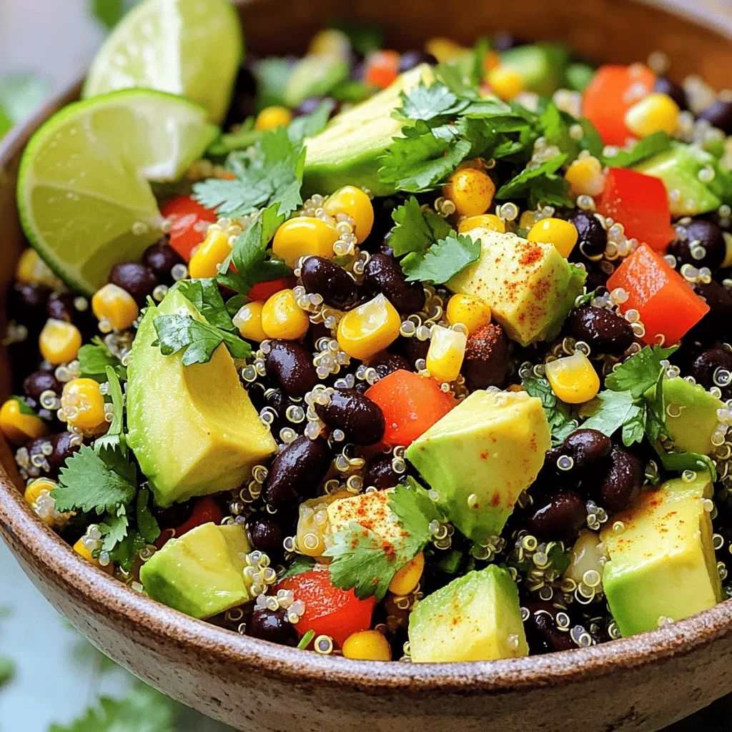 To make the savory Southwest quinoa salad, gather these fresh and vibrant ingredients. Each one plays a crucial role in flavor and texture. - Quinoa and Broth - 1 cup quinoa, rinsed - 2 cups vegetable broth or water - Vegetables and Beans - 1 cup black beans, rinsed and drained - 1 cup corn (fresh or frozen) - 1 red bell pepper, diced - 1 small red onion, finely chopped - 1 avocado, diced - 1/4 cup fresh cilantro, chopped - Dressing Elements - 1 lime, juiced - 3 tablespoons olive oil - 1 teaspoon cumin - 1/2 teaspoon smoked paprika - Salt and pepper to taste These ingredients come together to create a colorful and nutritious salad. The quinoa offers protein and fiber, while the beans and vegetables add crunch and flavor. Using vegetable broth instead of water enhances the taste of the quinoa. The lime juice and spices in the dressing provide a zesty kick. For the full recipe, check out the [Full Recipe]. Preparing the Cooking Liquid Start by rinsing 1 cup of quinoa under cold water. This step removes the bitter coating called saponin. Next, combine the rinsed quinoa with 2 cups of vegetable broth or water in a medium saucepan. This liquid adds flavor and helps the quinoa cook well. Simmering the Quinoa Bring the mixture to a boil over high heat. Once it boils, reduce the heat to low. Cover the saucepan and let it simmer for about 15 minutes. You will know it is ready when the quinoa is fluffy and the liquid is absorbed. Cooling the Quinoa After cooking, remove the saucepan from heat. Let the quinoa cool for a few minutes. This cooling step is important before combining it with the other salad ingredients. Combining the Vegetables and Beans In a large mixing bowl, add 1 cup of black beans (rinsed and drained), 1 cup of corn (fresh or frozen), 1 diced red bell pepper, 1 finely chopped small red onion, and 1 diced avocado. Stir these ingredients together well. Fluffing the Quinoa Once the quinoa has cooled, fluff it with a fork. This makes it light and airy. Add the fluffed quinoa to the large bowl with the vegetables and beans. Adding the Dressing In a small bowl, whisk together the juice of 1 lime, 3 tablespoons of olive oil, 1 teaspoon of cumin, and 1/2 teaspoon of smoked paprika. Season with salt and pepper to taste. Pour this dressing over the quinoa and vegetable mixture. Toss everything together gently until it is well combined. Incorporating Cilantro Chop 1/4 cup of fresh cilantro and stir it into the salad. This herb adds freshness and bright flavor. Adjusting Seasoning Taste the salad and adjust the seasoning if needed. You can add more salt, pepper, or lime juice to suit your taste. Presentation Tips Serve the salad chilled or at room temperature. You can present it in a large bowl with lime wedges on the side. For an appealing look, garnish with extra cilantro leaves and a sprinkle of smoked paprika on top. For the full recipe, check out the details above. Enjoy your delicious Southwest Quinoa Salad! Rinsing Techniques Rinsing quinoa is key. It removes the bitter coating called saponin. Use a fine mesh strainer to rinse the quinoa under cold water. Swirl it around for about 30 seconds. This step makes a big difference in taste. Cooking Time Suggestions Cook quinoa carefully. Bring your broth or water to a boil first. Then, reduce the heat and cover it. Let it simmer for about 15 minutes. Once the liquid is absorbed, fluff it with a fork. This gives you light and fluffy grains. Additional Seasoning Options You can boost flavor easily. Try adding garlic powder or chili powder for a kick. Fresh herbs like dill or parsley can also enhance taste. Adjust the salt and pepper as needed. Recommended Serving Suggestions Serve the salad cold or at room temperature. I love adding lime wedges for a fresh burst. You can also top it with extra cilantro or avocado slices. This makes your dish look even better and taste divine. For the full recipe, check out the details above. {{image_2}} You can boost your salad with extra proteins. Tofu, chickpeas, or tempeh work great. These options add texture and flavor. You can also use nuts like almonds or walnuts. They bring a nice crunch and healthy fats. Feel free to swap in other veggies to fit your taste. Zucchini, cherry tomatoes, or spinach can add freshness. You can even try roasted sweet potatoes for a sweet twist. Mixing colors makes the salad pop and look inviting. To turn up the heat, add diced jalapeños or a splash of hot sauce. This spicy kick adds depth and excitement. You can also use chili powder or cayenne pepper in the dressing for a fiery flavor. For a Mediterranean twist, replace the cilantro with fresh parsley. You can add feta cheese for creaminess. Toss in olives or artichoke hearts for extra flavor. This variation gives a fresh taste that brightens the classic recipe. Try these variations to keep your Southwest quinoa salad exciting. Discover new flavors while enjoying a healthy meal! For more ideas, check out the Full Recipe. Refrigeration Tips After making your Southwest Quinoa Salad, let it cool if it’s warm. Place it in an airtight container. It lasts in the fridge for up to five days. To keep it fresh, avoid adding avocado until you serve it. This prevents browning. Freezing Instructions You can freeze the salad, but some ingredients may change. For best results, freeze the quinoa and beans separately. Use a freezer-safe container and label it with the date. It can last for about three months in the freezer. Thaw overnight in the fridge before using. Best Methods for Reheating When reheating, avoid the microwave if possible. Instead, warm it on the stove over low heat. Add a splash of water or broth to keep it moist. Stir gently until heated through. If using the microwave, heat in short bursts, stirring in between. Recipe Reuses This salad is versatile. You can add it to wraps or tacos for a meal. Mix it into soups or grain bowls for extra nutrition. It also makes a great topping for baked potatoes or a side dish for grilled meats. Quinoa is a small, round seed that cooks like a grain. It comes in many colors, like white, red, and black. Quinoa is a complete protein. This means it has all nine essential amino acids. Each cup of cooked quinoa has about 8 grams of protein. It is also high in fiber, iron, and magnesium. These nutrients help with digestion and energy levels. Using quinoa in salads adds a nice texture. It makes the salad filling and nutritious. Plus, quinoa absorbs flavors well, making it perfect for dressings and spices. Yes, you can make this salad ahead of time! It stores well in the fridge for up to 3 days. When preparing for meal prep, cool the salad first. Place it in an airtight container. This keeps it fresh and safe to eat. If you want to add avocado, do this right before serving. This keeps it from browning and losing flavor. This salad pairs nicely with many dishes. You can enjoy it with grilled chicken or shrimp. It also goes well with tacos or burritos. Complementary flavors include lime, cilantro, and spicy peppers. These flavors enhance the taste of the salad. For a balanced meal, serve it with a light soup or a fresh fruit salad. For the full recipe, check out the Southwest Quinoa Salad section above. This blog post shares how to make a tasty Southwest Quinoa Salad. We covered the main ingredients, like quinoa, veggies, and dressing. I guided you through cooking, mixing, and perfecting the salad. Tips for flavor and texture help you create the best dish. With options for variations and storage advice, you can enjoy this salad anytime. Remember, meal prep helps save time. Try this recipe to delight your taste buds and impress your friends!