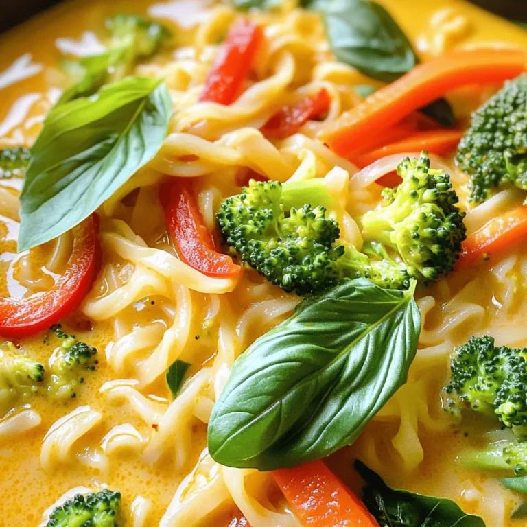 - 200g rice noodles - 1 tablespoon coconut oil - 1 onion, thinly sliced - 2 garlic cloves, minced - 1 tablespoon ginger, minced - 1 red bell pepper, sliced - 1 cup broccoli florets - 1 carrot, julienned - 1 can (400ml) coconut milk - 3 tablespoons red curry paste - 2 tablespoons soy sauce - 1 tablespoon lime juice - Fresh basil leaves for garnish - Salt and pepper to taste For this recipe, you can switch up the vegetables. Try adding snap peas or zucchini for a new twist. For the best flavor, I recommend brands like Thai Kitchen for red curry paste and Chaokoh for coconut milk. These brands offer great taste and consistency. If you want to make this meal even easier, use pre-chopped vegetables. They save time and still taste fresh. Explore your local market for seasonal veggies too! They add color and flavor to your dish. For the full recipe, check the instructions above to create your own Thai Red Curry Noodles. Enjoy the process and the flavors! Start by boiling water in a large pot. Add the rice noodles and cook them based on the package instructions. Usually, it takes about 4-6 minutes. Stir gently to keep them from sticking. To avoid sticky noodles, drain them right away. Rinse them under cold water to stop the cooking process. Toss them with a little coconut oil to keep them separate. This step makes a big difference! Slice your vegetables neatly for even cooking. Use a sharp knife for best results. For the onion, cut it thinly. Mince the garlic and ginger finely. Slice the red bell pepper and julienne the carrot. Cut the broccoli into small florets. Now, let’s talk about cooking times. Sauté the onion for about 2-3 minutes until it’s soft. Then add the garlic and ginger for one more minute. After that, toss in the bell pepper, broccoli, and carrot. Cook for about 5 minutes until they are tender but still crisp. In a large skillet or wok, pour in the coconut milk. Add the red curry paste and stir well. Mix until the paste is fully dissolved in the milk. This creates a rich, creamy sauce. Next, add the cooked rice noodles. Gently fold them into the sauce. Make sure every noodle gets coated. This is key for great flavor. Let everything simmer for 2-3 minutes to heat through. Serve hot, garnished with fresh basil leaves. This adds a lovely touch to your dish and makes it even more flavorful. Enjoy every bite! For the full recipe, see above. To get the best taste, always use fresh ingredients. Fresh vegetables and herbs boost flavors. Pre-packaged items often lack depth and freshness. When it comes to balancing flavors, think about these three key elements: - Spicy: Use more red curry paste for heat. - Sweet: A teaspoon of sugar can soften strong flavors. - Salty: Soy sauce adds a nice umami kick. Adjust these as needed for your taste. For cooking, I recommend using a wok. A wok heats evenly and helps stir-fry better. If you don't have one, a large skillet works well too. When adding protein, think about these options: - Chicken: Thinly slice for quick cooking. - Tofu: Use firm tofu, cut into cubes, and sauté until golden. - Shrimp: Add shrimp last to avoid overcooking. Cook protein separately, then mix it in at the end. Pair your Thai Red Curry Noodles with side dishes like: - Steamed jasmine rice - A fresh cucumber salad - Spring rolls for a crunchy touch For a nice presentation, serve in deep bowls. Garnish with fresh basil leaves and lime wedges. This adds color and freshness, making your meal look restaurant-quality. {{image_2}} You can easily make Thai Red Curry Noodles vegan or vegetarian. Start by swapping the coconut milk for a plant-based version. Use vegetable broth if you want a lighter taste. For protein, try tofu or tempeh. Both options soak up flavors well. Thai Red Curry Noodles change across Thailand. In the north, cooks add more herbs like cilantro and mint. In the south, seafood is common. You might see shrimp or fish added to the dish. Each region has unique flavors that make the dish special. Feel free to add local veggies, like eggplant or bamboo shoots, to your version. Get creative with your Thai Red Curry Noodles! Add fresh herbs, like basil or cilantro, for a burst of flavor. You can also try different spices. A pinch of cumin or coriander can enhance the taste. If you like heat, add chili flakes or fresh peppers. Change up the recipe by adding new veggies or proteins each time you make it. The options are endless! For the complete recipe, check the [Full Recipe]. After you enjoy your Thai Red Curry Noodles, let any leftovers cool first. Place them in an airtight container. This keeps the flavors fresh. You can store them in the fridge for up to three days. If you want to keep them longer, freeze them in a freezer-safe container. They can last for up to three months in the freezer. When you reheat, avoid using high heat. This helps keep the noodles from getting mushy. The best way is to use a skillet over medium heat. Add a splash of water to help steam the noodles. You can also pop them in the microwave. Just cover the bowl to keep moisture in. To refresh the dish, add fresh basil or a squeeze of lime juice right before serving. To make meals quicker, you can prep some ingredients ahead of time. Slice your veggies like bell peppers and carrots a day before. Cook the rice noodles in advance and store them separately. When you are ready to eat, simply combine the prepped ingredients with the sauce. This way, you can whip up your Thai Red Curry Noodles in no time on busy weekdays! What can I substitute for red curry paste? You can use yellow curry paste or green curry paste. These options have different flavors but still work well. You can also make a homemade version. Just blend some dried red chilies, garlic, and spices. It may taste a bit different but still delicious. Can I make Thai Red Curry Noodles gluten-free? Yes, you can easily make this dish gluten-free. Simply use gluten-free soy sauce or tamari instead of regular soy sauce. Make sure that the rice noodles are also gluten-free. Most rice noodles are naturally gluten-free. How to make this recipe nut-free To make this recipe nut-free, ensure you don't use any nut-based oils or sauces. Coconut oil is safe. Just check your red curry paste to ensure it doesn’t contain nuts. Caloric content and nutritional breakdown This dish is rich in flavor and nutrition. A serving has about 400 calories. It includes healthy fats from coconut milk and fiber from vegetables. The rice noodles provide energy from carbohydrates. What is the origin of Thai Red Curry Noodles? Thai Red Curry Noodles come from Thailand, where curry is a staple. This dish combines the bold flavors of red curry paste with rice noodles. It’s a favorite among locals and visitors. How does this dish differ from other Thai noodle dishes? Thai Red Curry Noodles are creamier and richer than others like Pad Thai. They use coconut milk and red curry paste, giving them a unique taste. Other dishes may focus more on soy sauce or tamarind for flavor. Thai Red Curry Noodles are a delicious and flexible dish. You can choose different veggies and proteins to fit your taste. I shared tips for cooking and serving, so your meal looks and tastes great. Remember to store leftovers well and reheat them with care. These simple steps will help you enjoy this dish again. Keep exploring flavors and making it your own. Happy cooking!