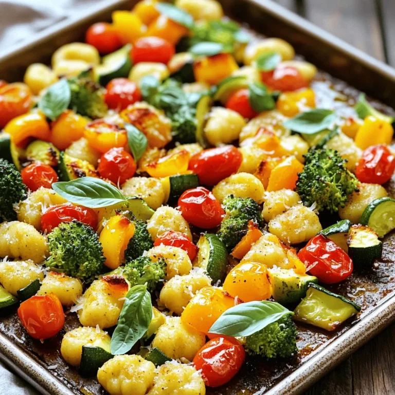 To make Easy Sheet Pan Gnocchi Primavera, you will need: - 1 pound gnocchi (store-bought or homemade) - 2 cups cherry tomatoes, halved - 1 bell pepper (any color), chopped - 1 zucchini, sliced - 1 cup broccoli florets - 2 tablespoons olive oil - 3 cloves garlic, minced - 1 teaspoon dried Italian seasoning - Salt and pepper to taste - 1/4 cup grated Parmesan cheese (optional) - Fresh basil leaves for garnish You can mix up the recipe with different veggies. Try asparagus, spinach, or carrots. If you want a vegan option, skip the Parmesan or use a vegan cheese. For a spicy kick, add red pepper flakes. If you can't find gnocchi, use pasta or even cauliflower rice for a low-carb twist. When picking your vegetables, look for bright colors and firm textures. Choose cherry tomatoes that feel heavy for their size. For peppers, select ones without blemishes. The zucchini should be smooth and shiny. Broccoli should have tight florets and a deep green color. Fresh basil should smell strong and have vibrant leaves. Always wash your produce before cooking to keep it clean and safe. First, set your oven to 425°F (220°C). This high heat helps the gnocchi and veggies roast nicely. While the oven heats, get a large baking sheet ready. A light coat of cooking spray can help prevent sticking. Now, it’s time to add your ingredients. Place 1 pound of gnocchi on the baking sheet. Next, add 2 cups of halved cherry tomatoes, 1 chopped bell pepper, 1 sliced zucchini, and 1 cup of broccoli florets. To dress up these veggies, drizzle 2 tablespoons of olive oil over them. Then, add 3 cloves of minced garlic, 1 teaspoon of dried Italian seasoning, and salt and pepper to taste. Toss everything well to coat the ingredients evenly. Spread the mixture out on the sheet pan. Make sure not to overcrowd it, as this allows for even cooking. Now, roast your dish for about 20-25 minutes. Keep an eye on it; the gnocchi should turn golden while the veggies become tender and slightly charred. After roasting, take the pan out of the oven. If you like, sprinkle 1/4 cup of grated Parmesan cheese on top. Toss everything gently to mix, and garnish with fresh basil leaves. For the full recipe, check out the detailed instructions above. To boost flavor, use fresh herbs like basil or parsley. You can add red pepper flakes for heat. Mixing in lemon zest brightens the dish. For a richer taste, try using smoked paprika. Always taste as you go. This helps you adjust the seasonings to your liking. Gnocchi cooks fast, usually in 20-25 minutes. Keep an eye on them. For veggies, cut them into similar sizes for even cooking. I recommend using broccoli, zucchini, and bell peppers. These cook well and add color. If you like your veggies crisp, check them often. Serve directly from the sheet pan for a casual vibe. Spoon portions onto plates for a more polished look. Drizzle extra olive oil over the dish for shine. A sprinkle of Parmesan cheese adds flavor and a nice touch. Finish with fresh basil leaves for color. For the full recipe, check out the Easy Sheet Pan Gnocchi Primavera. {{image_2}} You can easily make this dish vegetarian or vegan. For a vegan twist, skip the Parmesan cheese. You might also add more veggies like spinach or peas. These will boost color and flavor. Consider using nutritional yeast for a cheesy taste. It gives a great depth without dairy. You can mix and match different vegetables based on what you have. Just keep the same cooking time for best results. If you need a gluten-free option, look for gluten-free gnocchi. Many brands offer this now. You can also use rice or sweet potato gnocchi. They will give a nice texture and taste. Remember to check labels to ensure there are no gluten traces. Pair these with gluten-free seasonings and oils for added flavor. Want to make this meal more filling? You can add proteins easily. Chicken, shrimp, or tofu work well. If using chicken or shrimp, cook them first. Then add them to the sheet pan before roasting. For tofu, press it to remove water and cube it. Mix it in with the other ingredients before baking. This will give you a hearty, balanced meal. After enjoying your Easy Sheet Pan Gnocchi Primavera, store leftovers in an airtight container. Let the dish cool down before sealing. This helps keep moisture out and flavors in. Leftovers can last in the fridge for up to three days. If you want to keep them longer, consider freezing. When you’re ready to enjoy leftovers, reheating is simple. Preheat your oven to 350°F (175°C). Spread the gnocchi and veggies on a baking sheet. Heat for about 10-15 minutes, until warm. You can also use a microwave. Place in a microwave-safe dish and cover with a lid. Heat in short bursts of one minute until hot. Freezing gnocchi primavera is a great way to save extra servings. To freeze, place the cooled dish in a freezer-safe container. Make sure to label it with the date. It can stay in the freezer for up to three months. When you want to eat it, thaw it in the fridge overnight. Reheat as mentioned above. This way, you’ll enjoy a quick meal without losing flavor. For the full recipe, check the earlier section. Yes, you can use frozen gnocchi. It cooks well and saves time. Just toss the frozen gnocchi on the sheet pan with the veggies. There’s no need to thaw them first. They will cook nicely in the oven. The texture may be slightly different than fresh gnocchi, but it will still taste great. To add heat, sprinkle red pepper flakes on top before roasting. Start with a small amount. You can always add more later. Another option is to mix in chopped fresh chili peppers. You can also use a spicy seasoning blend. Just be careful, as too much spice can overpower the dish. Gnocchi Primavera goes well with simple side dishes. A fresh green salad is a great choice. It adds crunch and freshness. You can also serve garlic bread for a warm, comforting side. Another idea is to pair it with roasted or grilled vegetables. These options complement the flavors without stealing the spotlight. For the full recipe, check out the Easy Sheet Pan Gnocchi Primavera. Enjoy cooking! This blog post covered all you need for a delicious Gnocchi Primavera. We explored essential ingredients and fun substitutions. You learned how to roast everything perfectly while enhancing flavors with seasonings. We also discussed variations for different diets and how to store leftovers. In my view, mastering this dish will impress anyone. Enjoy experimenting and making it your own!