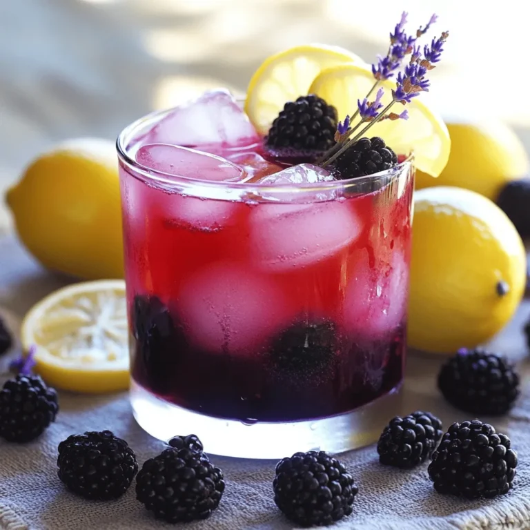 To make this tasty drink, you need: - 1 cup fresh blackberries - 1 cup water (for blackberry syrup) - 1 cup granulated sugar - 1 tablespoon dried lavender flowers - 1 cup fresh lemon juice (about 4-6 lemons) - 3-4 cups cold water (for dilution) - Ice cubes for serving The fresh blackberries bring a sweet burst of flavor. Their deep color makes the drink pretty too. The sugar helps balance the tartness of the lemons. Dried lavender flowers add a lovely floral note, making this drink feel special. You can make your drink even prettier with these garnishes: - Fresh blackberries - Lemon slices - Lavender sprigs Adding fresh blackberries and lemon slices on top makes the drink pop. Lavender sprigs can add a nice touch of elegance. You can mix and match these options to fit your style. If you want to learn how to make this refreshing drink, check out the Full Recipe. To start, you will need to make the blackberry syrup. Take a saucepan and combine 1 cup of fresh blackberries, 1 cup of water, and 1 cup of granulated sugar. This mixture is the heart of your drink. Bring it to a gentle simmer over medium heat. Stir it now and then. This helps the blackberries break down and release their juices. This should take about 5 to 7 minutes. Next, it’s time to add the lavender flavor. Stir in 1 tablespoon of dried lavender flowers into your syrup mixture. Reduce the heat and let it simmer for another 2 to 3 minutes. Then, remove the saucepan from the heat. Let the mixture steep for about 10 minutes. This step allows the lavender to infuse its wonderful aroma and taste into the syrup. Now, you are ready to mix your lemonade. In a large pitcher, combine the blackberry syrup with 1 cup of fresh lemon juice. You can use about 4 to 6 lemons to get this much juice. Then, add 3 to 4 cups of cold water to the pitcher. Stir well and taste your mixture. Adjust the sweetness or tartness to your liking. You can add more sugar if it’s too tart or more lemon juice if it’s too sweet. This process lets you create a refreshing drink that highlights the best of summer. For the full recipe, you can refer to the earlier section. Enjoy your cooling drink on a hot day! To make your blackberry lavender lemonade shine, focus on the right balance. Use equal parts sugar and lemon juice for a perfect blend. For example, if you use one cup of lemon juice, add one cup of sugar. This gives a nice sweet-tart flavor. You can adjust the sugar based on your taste, but this ratio works well for most. When straining the syrup, use a fine mesh strainer. This step is key to a smooth drink. Press down gently on the solids. This helps you get every drop of flavor. Discard the leftover solids, and you’ll have a beautiful syrup. Finding fresh blackberries and lavender is easy if you know where to look. Visit your local farmers market for the best options. Farmers often sell ripe blackberries in season. You can also check grocery stores. Look for berries that are firm and dark. For lavender, specialty shops or online stores often carry it. Make sure to choose culinary-grade lavender for the best flavor. You can also grow it yourself if you like gardening! When it comes to organic versus non-organic options, organic is often better. Organic berries have less pesticide. They taste fresher, too. However, if you can’t find organic, non-organic is still a good option and will work well in your drink. If you want to whip up this delightful drink, refer to the Full Recipe for all the details. {{image_2}} You can switch up the berries in this drink. Raspberries or blueberries work great. They each give a unique taste and color. You might even mix different berries for more fun! Try using honey or agave syrup instead of sugar. These natural sweeteners add depth to the flavor. They also make the drink a bit healthier. Adding herbs can give your drink a fresh twist. Mint adds a cool taste, while basil gives a warm flavor. Just a few leaves can change everything. If you want a stronger lavender taste, use more dried flowers. For a milder taste, reduce the amount. This lets you control the flavor profile to suit your mood or crowd. For the Full Recipe, check out the details above. To keep your blackberry lavender lemonade fresh, store it in the fridge. Use a large glass or plastic pitcher. Make sure the lid is on tight to avoid spills and keep out other smells. If you don’t have a pitcher, you can use a clean jar with a lid. Just remember to keep it covered. Your lemonade will stay fresh for about three to five days in the fridge. After that, it may lose its taste and color. If you have leftover lemonade, get creative! You can blend it into smoothies, use it to make popsicles, or even splash it into sparkling water for a tasty twist. Enjoy the refreshing flavor in many ways! To change the sweetness, you can add more or less sugar. If it’s too sweet, add more lemon juice. If it’s not sweet enough, mix in more sugar. Start with a small amount and taste it. This way, you can find the perfect balance for your drink. You can also try using honey or agave syrup as alternatives. Yes, you can use frozen blackberries. They are easy to find and often cheaper. They also save time since you don’t need to wash or pick them. However, frozen blackberries might be less firm and a bit mushy once thawed. If you choose frozen, use them straight from the freezer to make blackberry syrup. This will help keep the flavors fresh. Lavender offers calming effects and can help with sleep. It also has antioxidants that protect your cells. Blackberries are full of vitamins C and K. They are low in calories and high in fiber. This helps with digestion and supports a healthy heart. Drinking Blackberry Lavender Lemonade can refresh you while providing these health benefits. Enjoying this drink not only tastes good but also supports your wellness. For the full recipe, check out the [Full Recipe]. Blackberry lavender lemonade combines fresh berries, sweet sugar, and bright lemon juice. We learned how to make blackberry syrup, infuse lavender, and assemble the drink. I shared tips on ingredient sourcing, sweetening, and storing. You can even play with variations! This refreshing drink is fun to make and enjoy. Try your own twists and share this delightful recipe with friends. Happy sipping!