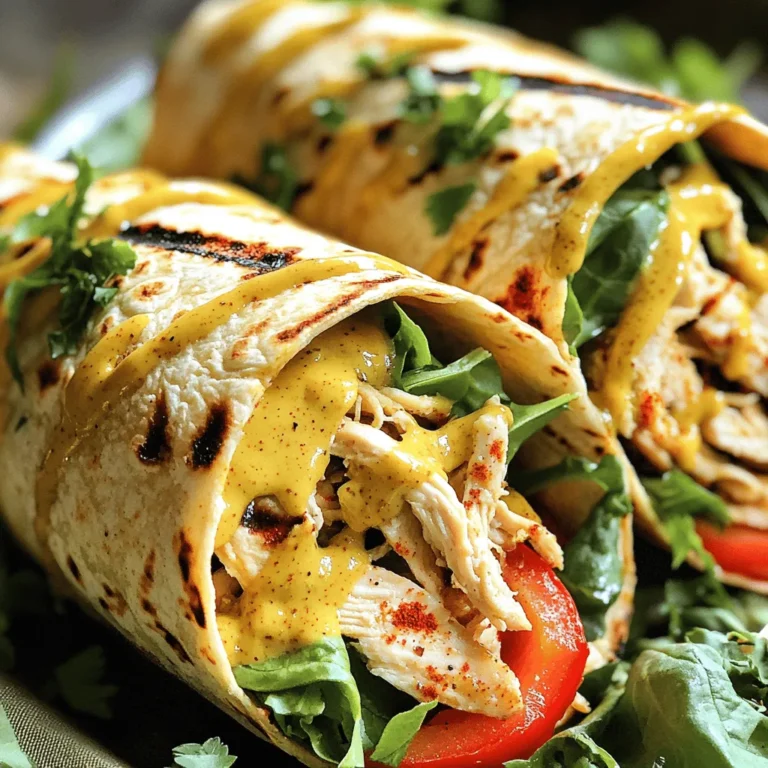 - 2 cups cooked chicken, shredded or diced - 4 whole wheat tortillas or wraps - 1/4 cup honey - 3 tablespoons Dijon mustard - 1 tablespoon olive oil - 1 teaspoon cayenne pepper (adjust for spice preference) - 1 cup mixed greens (spinach, arugula, etc.) - 1/2 red bell pepper, sliced - 1/4 cup red onion, thinly sliced - Salt and pepper to taste - Optional: Sliced jalapeños for extra heat Each ingredient plays a key role in the flavor and texture of the wraps. Using 2 cups of cooked chicken gives you a hearty filling. Whole wheat tortillas add fiber and taste. The honey combines with Dijon mustard to create a sweet and tangy sauce. You can add cayenne pepper for a spicy kick. Adjust the amount based on your spice level. You can swap whole wheat tortillas for any wrap you like. Corn tortillas work well too. If you prefer a different protein, try turkey or tofu. For a vegan option, use chickpeas instead of chicken. You can replace honey with agave syrup for a vegan sweetener. If you want more crunch, add sliced cucumbers or carrots. For the full recipe, check out the Spicy Honey Mustard Chicken Wraps. First, make the spicy honey mustard dressing. In a large bowl, mix together the honey, Dijon mustard, olive oil, cayenne pepper, salt, and pepper. Whisk until it's smooth. This dressing gives the wraps their big flavor. Next, add your cooked chicken to the bowl. Toss the chicken well so it gets coated with the dressing. Now, let’s build the wraps! Lay out your tortillas on a clean surface. Spread a handful of mixed greens on each tortilla. Then, add a few slices of red bell pepper and red onion. This adds crunch and color. Spoon some of the spicy honey mustard chicken mix over the veggies. If you want more heat, add sliced jalapeños now. Next, fold in the sides of the tortilla and roll it up from the bottom. Make sure to roll it tightly to keep everything inside. Repeat this for all your tortillas. If you want a crispy finish, grill the wraps. Heat a grill or pan over medium heat. Place the wraps in the grill for about 2-3 minutes on each side. They should turn golden and crisp. This step adds texture and makes them even more tasty! *For the full recipe, don’t forget to check out the complete instructions.* To make the best spicy honey mustard chicken wraps, start with juicy chicken. I like to use shredded or diced chicken breast. Cook the chicken well, but don’t overdo it. It should remain tender. Mix the honey, mustard, olive oil, and spices in a bowl. This dressing is key to flavor. Toss the cooked chicken in the dressing to coat it fully. Ensuring even coverage brings out the best taste. Spice can make or break your meal. Start with one teaspoon of cayenne pepper. If you love heat, feel free to add more. You can always adjust when you taste the dressing. For those who prefer mild flavors, skip the jalapeños. You can still enjoy the wraps with a hint of sweetness. Remember, the balance of honey and mustard creates a great contrast. Presentation is important. Cut each wrap diagonally for a nice look. Place them on a colorful platter. Drizzle leftover honey mustard dressing on top. This adds flair and flavor. You can also serve with fresh herbs like cilantro or parsley. They not only look good but also add freshness. For a side, try a simple salad. This combo makes for a complete and tasty meal. For the full recipe, check out the detailed instructions above. {{image_2}} You can change the ingredients to fit your taste. Try different veggies like cucumbers or carrots. You can swap the whole wheat tortillas for spinach or tomato wraps. This adds color and flavor. Using different greens like kale or lettuce can also change the texture. You can even add cheese for creaminess. Feta or cheddar works well here. If you want to mix it up, use different sauces. Barbecue sauce gives a sweet and smoky flavor. Ranch dressing adds a cool, creamy touch. For a tangy twist, try a yogurt-based sauce. These options change the wraps entirely. You can also blend the spicy honey mustard with sriracha for more heat. Experiment with what you like best! Want more protein? You can add beans or chickpeas for a vegetarian option. They boost nutrition and keep you full. For meat lovers, try adding bacon or turkey. These extra proteins make the wraps heartier. You can even use shrimp or tofu for a seafood or plant-based choice. Adjust the protein to match your meal plan or cravings. For the full recipe, check out the Spicy Honey Mustard Chicken Wraps. To keep your wraps fresh, store them in an airtight container. You can refrigerate them for up to three days. If you want the best taste, eat them within two days. Wraps lose their crunch over time, so it's best to eat them soon. To reheat, you can use a skillet or microwave. If using a skillet, heat it on medium for a few minutes. Place the wrap in the skillet and cover it. Heat for about 2-3 minutes on each side. This keeps the wrap crispy. If you use a microwave, heat for 30 seconds at a time. Check to see if it's warm enough. Meal prep makes life easier. You can prepare the spicy honey mustard dressing ahead of time. Store it in a jar for up to a week. You can also cook the chicken and chop the veggies the day before. When you’re ready to eat, just assemble your wraps. This saves time and makes lunch or dinner a breeze. For the full recipe, check out the Spicy Honey Mustard Chicken Wraps recipe. Yes, you can make these wraps ahead of time. I recommend preparing the chicken mixture and the veggies separately. Store them in airtight containers in the fridge. When you’re ready to eat, just assemble the wraps fresh. This keeps the tortillas from getting soggy. You can also prep the wraps and wrap them in foil. Just store them in the fridge until you need them. These wraps pair well with many sides. Here are some ideas: - Fresh fruit salad - Crispy vegetable sticks (carrots, cucumbers) - A light soup, like tomato or vegetable - Sweet potato fries for a fun twist - Chips and salsa for crunch Each option adds a nice touch to your meal. To make these wraps kid-friendly, lower the heat. You can do this by: - Cutting back on cayenne pepper or omitting it - Using mild mustard instead of Dijon - Leaving out jalapeños - Adding more honey for sweetness These simple changes keep the flavor while making it easier for young taste buds. This post covered how to make tasty Spicy Honey Mustard Chicken Wraps. We looked at the key ingredients, measurement details, and possible swaps. Then, I shared step-by-step preparation and grilling tips. I offered helpful cooking tricks, spice balance advice, and serving ideas. Next, we explored variations and creative options for meal prep. Remember, storing leftovers properly keeps them fresh. In the end, you can enjoy these wraps however you like. I hope you have fun making your wraps unique!