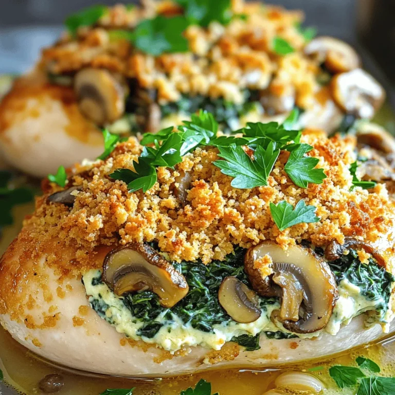 When making Mushroom Spinach Stuffed Chicken, you need a few key ingredients. Each plays a part in making this dish tasty and satisfying. - Chicken Preparation: Use 4 boneless, skinless chicken breasts. They are easy to stuff and cook evenly. - Stuffing Components: Gather 1 cup of fresh spinach and 1 cup of finely chopped mushrooms. These give flavor and nutrition. You will also need ½ cup of softened cream cheese and ¼ cup of grated Parmesan cheese. These cheeses make the filling creamy and rich. - Flavor Enhancers: For taste, add 2 cloves of minced garlic and 1 teaspoon of dried thyme. Use 1 teaspoon of olive oil to cook the filling. Don’t forget salt and pepper to season the mixture. - Optional Toppings: If you like a crunchy topping, add ½ cup of breadcrumbs. Fresh parsley makes a great garnish for a pop of color. You can find the full recipe with instructions for making this delightful dish. First, preheat your oven to 375°F (190°C). This step is key for even cooking. Next, grab a baking dish and lightly grease it to prevent sticking. Now, heat a skillet over medium heat. Add 1 teaspoon of olive oil. When the oil is warm, add 2 cloves of minced garlic. Sauté the garlic for about 1 minute until it smells great. Then, add 1 cup of finely chopped mushrooms. Cook these for 5 to 7 minutes until they become soft and golden. Now it’s time to add color and flavor. Toss in 1 cup of chopped fresh spinach. Cook until it wilts, which takes about 2 minutes. Once wilted, remove the skillet from heat and let it cool slightly. In a bowl, mix the spinach and mushroom blend with ½ cup of softened cream cheese and ¼ cup of grated Parmesan cheese. Sprinkle in 1 teaspoon of dried thyme, and season with salt and pepper to taste. Stir until everything is well combined. Next, let’s prepare the chicken. Take 4 boneless, skinless chicken breasts and create pockets in each one. Be careful not to cut all the way through. Stuff each chicken breast with your mushroom and spinach mixture. If needed, use toothpicks to secure the openings. This helps keep the filling inside while cooking. Place the stuffed chicken breasts in your greased baking dish. If you like a crunchy topping, sprinkle ½ cup of breadcrumbs over them. Now, it’s time to bake. Put the dish in the preheated oven and cook for 25 to 30 minutes. Use a meat thermometer to check that the chicken reaches an internal temperature of 165°F (75°C). Once cooked, remove from the oven and let it rest for about 5 minutes before serving. This helps keep the juices in and makes for a juicy dish. Enjoy your delicious Mushroom Spinach Stuffed Chicken! To make a great stuffing, focus on texture. You want it creamy but not too wet. Start by sautéing the mushrooms and garlic in olive oil. This adds flavor and helps remove excess moisture. Once cooked, add the spinach. It wilts quickly and blends well with the mushrooms. Then, mix in cream cheese and Parmesan. This combination gives you a rich, creamy filling. Adjust salt and pepper to taste for extra flavor. To keep the chicken juicy, do not overcook it. Use a meat thermometer to check the internal temperature. The chicken should reach 165°F (75°C). Remember to let it rest after baking. This allows the juices to redistribute, ensuring each bite is tender. For side dishes, consider fresh salads or roasted vegetables. A simple green salad complements the rich stuffing well. You could also serve it with garlic mashed potatoes for a hearty meal. For plating, try stacking the stuffed chicken on a bed of sautéed greens. Drizzle a bit of balsamic glaze on the plate for a pop of color. Garnish with fresh parsley for a vibrant touch. This makes your dish look as good as it tastes! {{image_2}} You can switch up the cheese in this dish. Try mozzarella for a gooey texture. Feta adds a tangy kick. Goat cheese brings a creamy richness. Each choice changes the flavor. Adding nuts like walnuts or pine nuts gives a nice crunch. Fresh herbs like basil or oregano can boost the taste. These swaps make your dish unique. If you're gluten-free, use crushed rice crackers instead of breadcrumbs. They work well and add a nice texture. For a dairy-free option, try using cashew cream instead of cream cheese. Nutritional yeast can replace Parmesan for a cheesy flavor without dairy. These adjustments keep the dish tasty for everyone. Store any leftovers in an airtight container. This keeps the chicken fresh. It’s best to let the chicken cool first. Once cooled, place it in the fridge. Stuffed chicken can last up to three days in the fridge. After that, the taste and texture may change. Always check for any strange smells before eating. To freeze the stuffed chicken, wrap each piece tightly in plastic wrap. This helps prevent freezer burn. Place the wrapped chicken in a zip-top freezer bag. Label the bag with the date. You can freeze the chicken for up to three months. When you’re ready to eat, take it out of the freezer. Thaw it overnight in the fridge for best results. To reheat, preheat your oven to 375°F (190°C). Place the chicken in a baking dish. Cover it with foil to keep it moist. Bake for about 20-25 minutes or until heated through. Enjoy your Mushroom Spinach Stuffed Chicken again with full flavor! For the complete recipe, check the Full Recipe section. To check if your chicken is fully cooked, use a meat thermometer. Insert it into the thickest part of the chicken. The internal temperature should reach 165°F (75°C). If you don’t have a thermometer, cut into the chicken. The juices should run clear, not pink. Always ensure the chicken is firm to the touch. Yes, you can prepare this dish ahead of time. Stuff the chicken breasts and store them in the fridge for up to 24 hours. This makes dinner easy on busy nights. Just bake them when you’re ready. You can also freeze them for later. Wrap the stuffed chicken tightly in plastic wrap. This dish pairs well with simple sides. Choose steamed vegetables like broccoli or green beans. A light salad with vinaigrette complements the flavors nicely. You can also serve it with mashed potatoes or rice. These sides balance the richness of the chicken. Absolutely! You can use turkey breasts or pork chops for stuffing. Both work well with the mushroom and spinach mix. For a vegetarian option, try using large portobello mushrooms instead of meat. Each protein offers a new taste to enjoy. For the complete recipe and detailed instructions, check out the Full Recipe. In this blog post, we explored the tasty recipe for Mushroom Spinach Stuffed Chicken. We covered key ingredients like chicken, spinach, and cream cheese. You learned step-by-step instructions from preparation to baking. I also provided tips for perfect stuffing and serving ideas. This dish is easy to make and great for any meal. Enjoy your kitchen time and impress your family with this delicious recipe!
