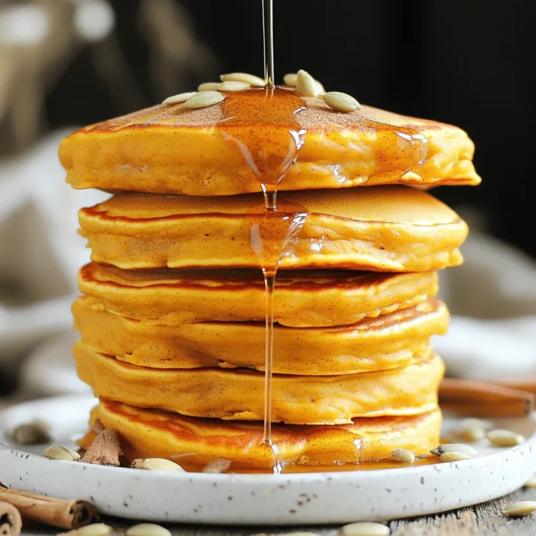 To make these delicious pancakes, gather the following ingredients: - 1 cup all-purpose flour - 1 tablespoon baking powder - 1 teaspoon ground cinnamon - 1/2 teaspoon ground nutmeg - 1/4 teaspoon salt - 1 cup pumpkin puree (canned or fresh) - 1 cup milk (or non-dairy alternative) - 1 large egg - 2 tablespoons brown sugar - 1 teaspoon vanilla extract - 2 tablespoons melted butter (or coconut oil) - For the cinnamon swirl: - 2 tablespoons brown sugar - 1 teaspoon ground cinnamon - 1 tablespoon melted butter You can swap some ingredients for different options. Here are a few ideas: - For all-purpose flour, try whole wheat flour for a heartier pancake. - If you want a dairy-free option, use almond milk or oat milk instead of regular milk. - Replace the large egg with a flax egg (1 tablespoon ground flaxseed mixed with 2.5 tablespoons water). - Coconut oil can replace butter for a dairy-free pancake. Using fresh pumpkin can give your pancakes a vibrant taste. Fresh pumpkin has a rich texture and a sweet flavor. However, canned pumpkin works well too. It is convenient and saves time. Canned pumpkin is often cooked and pureed, making it ready to use. Both options can provide the delicious taste you want. So, choose based on your time and preference. To make Cinnamon Swirl Pumpkin Pancakes, start by gathering your ingredients. In a large bowl, whisk together the flour, baking powder, ground cinnamon, nutmeg, and salt. This helps the dry ingredients mix well. In another bowl, blend the pumpkin puree, milk, egg, brown sugar, vanilla extract, and melted butter until smooth. Pour this mixture into the dry ingredients and stir gently. Remember, a few lumps are okay; overmixing can make pancakes tough. Next, prepare the cinnamon swirl. In a small bowl, mix brown sugar, ground cinnamon, and melted butter until it forms a paste. Preheat your skillet over medium heat. Lightly grease it with cooking spray or butter. For each pancake, pour about 1/4 cup of batter onto the skillet. Use the back of a spoon to create a swirl with the cinnamon mix on top of the batter. Cook the pancakes until bubbles form on the surface, about 2-3 minutes. Then, carefully flip them and cook for another 1-2 minutes until golden brown. Repeat this process until you finish all the batter and swirl. These steps will give you fluffy and flavorful pancakes. To achieve the right pancake texture, keep these tips in mind: - Use fresh ingredients. Fresh baking powder gives better rise. - Avoid overmixing the batter. This keeps pancakes light and fluffy. - Let the batter rest for a few minutes. This helps the gluten relax. - Adjust your heat. If pancakes brown too quickly, reduce the heat. These small adjustments can make a big difference in your pancake outcome. The cinnamon swirl is what makes these pancakes special. Here’s how to incorporate it perfectly: - When you pour the batter, do it in a circular motion. This helps the swirl blend nicely. - Use a spoon to create a gentle spiral. Don’t press too hard; you want a light touch. - If you have leftover swirl, drizzle it on top when serving. This will enhance the flavor and visual appeal of your pancakes. If you want more tips or the full recipe, check out the details I provided earlier. Enjoy your cooking! To make your pancakes fluffy, use a light hand when mixing. Overmixing can lead to tough pancakes. Mix until just combined, leaving some lumps in the batter. Also, let the batter rest for a few minutes before cooking. This helps the baking powder to activate and creates a lighter texture. Use a non-stick skillet or griddle for even cooking, and keep the heat at medium. This way, you avoid burning the outside while the inside remains raw. If you want thicker pancakes, add a bit more flour. For thinner pancakes, add a little milk. You can also change the spices to match your taste. Love nutmeg? Add a bit more! Prefer a sweeter pancake? Increase the brown sugar slightly. Always taste your batter before cooking to get it just right. You can even mix in chocolate chips or nuts for extra flavor. Serve your pancakes warm with maple syrup or honey. A dollop of whipped cream adds a nice touch, too. For a fun twist, sprinkle some chopped pecans or walnuts on top. You can also add a sprinkle of cinnamon for added warmth. If you want to make it a full breakfast, serve alongside crispy bacon or fresh fruit. These pancakes also pair well with a cup of hot coffee or chai tea. For the full recipe, check out the complete instructions above. {{image_2}} You can make these pancakes gluten-free. Swap the all-purpose flour for a gluten-free blend. Look for one that works well in baking. You can also use almond flour or oat flour. Just keep in mind that the texture may change slightly. Adding a little xanthan gum helps to bind the batter. This keeps your pancakes light and fluffy. To make this recipe vegan, use a non-dairy milk like almond or oat milk. Replace the egg with a flax egg. Just mix one tablespoon of ground flaxseed with three tablespoons of water. Let it sit for five minutes to thicken. You can also use vegan butter or coconut oil in place of regular butter. These swaps keep the pancakes rich and tasty without any dairy or eggs. Spice it up! You can add different flavors to your pancakes. Try adding a dash of ginger or allspice for a warm kick. Chopped nuts, like walnuts or pecans, add a nice crunch. You can also fold in chocolate chips for a sweet treat. For a fruity twist, add blueberries or cranberries. Each variation gives a new taste to your pancakes. These ideas let you customize your breakfast to fit your mood. For the full recipe, check out the *Full Recipe* section. After you enjoy your cinnamon swirl pumpkin pancakes, store leftovers properly. Let the pancakes cool to room temperature. Then, stack them with parchment paper in between each. This helps prevent them from sticking. Place the stack in an airtight container or wrap them tightly in plastic wrap. Keep them in the fridge for up to three days. If you want to save pancakes for later, freezing is a great option. Place cooled pancakes in a single layer on a baking sheet. Freeze them for about an hour. Once frozen, transfer them to a freezer-safe bag. This prevents them from sticking together. They can last up to two months in the freezer. To reheat, you can use a microwave or a toaster oven. For the microwave, heat them for about 30 seconds. Check if they are warm enough. For the toaster oven, set it to a low temperature and heat until warmed through. Pancakes in the fridge should be eaten within three days. If they start to smell sour or look dry, it’s time to toss them. Frozen pancakes can last up to two months. Be sure to check for freezer burn or ice crystals before eating. If they seem off, it’s best to err on the side of caution. Enjoy your delicious cinnamon swirl pumpkin pancakes at their best! For the full recipe, check out the [Full Recipe]. Yes, you can make the batter ahead of time. Mix your dry and wet ingredients separately, then store them in the fridge. Just remember to combine them when you're ready to cook. This makes your mornings easier and faster! You can use several alternatives to milk. Almond milk, soy milk, or oat milk work well. If you want a creamier taste, try coconut milk. Each option adds a unique flavor to your pancakes. Look for bubbles on the surface of the pancakes. When bubbles form, it’s time to flip them. Cook until they turn golden brown on both sides. A good pancake should feel firm but springy to the touch. Enjoy your cooking! For the full recipe, check out the details above. In this blog post, we explored how to make delicious cinnamon swirl pumpkin pancakes. We covered the essential ingredients and suggested alternatives, like fresh versus canned pumpkin. You learned step-by-step instructions for perfect pancakes and tips for cooking and serving. We also shared variations, including gluten-free and vegan options. Finally, we went over storage tips to keep leftovers fresh. Enjoy making these pancakes! They’re easy, tasty, and perfect for any meal.