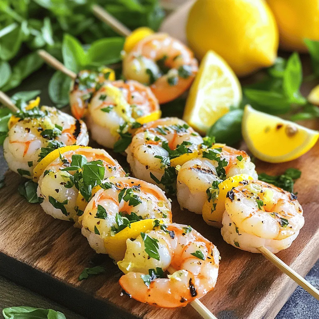 To make Lemon Herb Grilled Shrimp Skewers, you need fresh and simple ingredients. Here’s what you will need: - 1 pound large shrimp, peeled and deveined - 2 tablespoons olive oil - 2 tablespoons fresh lemon juice - Zest of 1 lemon - 3 cloves garlic, minced - 1 tablespoon fresh parsley, chopped - 1 tablespoon fresh basil, chopped - 1 teaspoon dried oregano - Salt and pepper to taste - Lemon wedges and fresh herbs for garnish These ingredients are easy to find. Fresh shrimp is key for a great flavor. The olive oil helps the shrimp stay juicy while grilling. Lemon juice and zest add a bright taste. Garlic, parsley, basil, and oregano bring a nice herb flavor. The salt and pepper help enhance all these wonderful tastes. For garnish, lemon wedges and fresh herbs make your dish look pretty and inviting. You can find the complete Lemon Herb Grilled Shrimp Skewers recipe within this article. Enjoy preparing this delicious dish! To make the marinade, start by grabbing a large bowl. Add the following ingredients: - 2 tablespoons olive oil - 2 tablespoons fresh lemon juice - Zest of 1 lemon - 3 cloves garlic, minced - 1 tablespoon fresh parsley, chopped - 1 tablespoon fresh basil, chopped - 1 teaspoon dried oregano - Salt and pepper to taste Mix all these ingredients well. You want a smooth and uniform blend. This marinade will give the shrimp a bright, fresh flavor that shines through when you grill them. Now, it’s time to add the shrimp. Use 1 pound of large shrimp that are peeled and deveined. Toss the shrimp in the marinade until they are fully coated. Cover the bowl and put it in the fridge. Let it sit for at least 30 minutes. If you have time, marinating for up to 2 hours will enhance the flavor even more. Before grilling, preheat your grill to medium-high heat. If you use wooden skewers, soak them in water for about 30 minutes. This helps prevent them from burning. Next, prepare the skewers. Thread about 5-6 shrimp onto each skewer. Make sure to leave space between them for even cooking. Place the skewers on the grill and cook for 2-3 minutes on each side. The shrimp will turn opaque when they are fully cooked. Be careful not to overcook them, as this can make them dry. Once cooked, take the skewers off the grill and let them rest for a minute. This will help keep them juicy. Serve them with lemon wedges and fresh herbs for a lovely touch. For the complete recipe, check the full recipe section. To know when shrimp are done cooking, watch for their color. Cooked shrimp turn from gray to pink and become opaque. You want them to curl slightly but not tightly. If they curl too much, they may overcook. To keep shrimp juicy, avoid cooking them too long. Cook them for just 2-3 minutes on each side over medium-high heat. The key is to remove them from the grill as soon as they change color. For extra flavor, try adding more herbs or spices. Fresh dill or cilantro can bring a fresh twist. You might also add a pinch of red pepper flakes for heat. Marinating shrimp is crucial for flavor absorption. Let them soak in the marinade for at least 30 minutes. For even bolder taste, marinate for up to 2 hours. Ensure every shrimp gets coated well in the mix. For the full recipe, check the [Full Recipe]. {{image_2}} You can swap shrimp for chicken or tofu. Chicken thighs work great. Cut them into bite-sized pieces. Marinate just like the shrimp. Grill until fully cooked. Tofu gives a nice twist too. Use firm tofu for the best results. Press it first to remove excess water. This helps the tofu soak up all that tasty marinade. Want to spice things up? Add some red pepper flakes or a dash of hot sauce. You can also try different citrus. Lime or orange juice can bring new life to the dish. For a Mediterranean vibe, use olives and feta cheese. Add sun-dried tomatoes for an extra kick. If you lean towards Asian flavors, try soy sauce and sesame oil. These simple changes can make your shrimp skewers a whole new experience. Explore the [Full Recipe] for more ideas and details. To keep your Lemon Herb Grilled Shrimp Skewers fresh, store them in an airtight container. Place a paper towel at the bottom to absorb moisture. This helps to keep the shrimp firm. You can refrigerate them for up to 3 days. If you want to store them for longer, freeze the skewers. Wrap them tightly in plastic wrap and then put them in a freezer bag. This method can keep them fresh for about 2 months. When you’re ready to eat, just thaw them in the fridge overnight. To reheat grilled shrimp skewers, avoid the microwave if possible. It can make the shrimp rubbery. Instead, use a skillet on low heat. Add a splash of olive oil to keep them moist. Heat for about 2-3 minutes, flipping often. You can also reheat them in the oven. Preheat your oven to 350°F (175°C). Place the skewers on a baking sheet and cover with foil. Heat for about 5-7 minutes. This method helps maintain their flavor and juiciness. For more details on how to make these delicious shrimp skewers, check the Full Recipe. Yes, you can still enjoy shrimp skewers without a grill. Use a stovetop grill pan or broiler. Both methods work well to give you that nice char and flavor. If you use a grill pan, heat it over medium-high heat. Lightly oil the pan before adding your skewers. If using a broiler, place the skewers on a baking sheet and keep them close to the heat source. Rotate the skewers halfway through cooking for even results. Fresh shrimp have a clean, briny smell. Look for shrimp that are firm and have a translucent appearance. Their shells should be shiny, not dull or slimy. If the shrimp have black spots or a strong odor, they are likely not fresh. Always check the sell-by date and buy from a trusted source. You can serve Lemon Herb Grilled Shrimp Skewers with various sides. A fresh green salad pairs nicely, adding crunch and brightness. Grilled vegetables, like zucchini and bell peppers, also complement the shrimp's flavor. For a starch, consider serving rice or couscous. These will soak up the delicious marinade and juices. For the complete Lemon Herb Grilled Shrimp Skewers recipe, click [Full Recipe]. This blog post covered everything you need to know for perfect Lemon Herb Grilled Shrimp Skewers. I shared the ingredients, step-by-step instructions, and tips for storing and reheating. Whether you grill or try different proteins, you can make a tasty dish. Remember, the key is to not overcook the shrimp and to experiment with flavors. Enjoy your cooking adventure, and impress your friends and family with your new skills. Happy grilling!