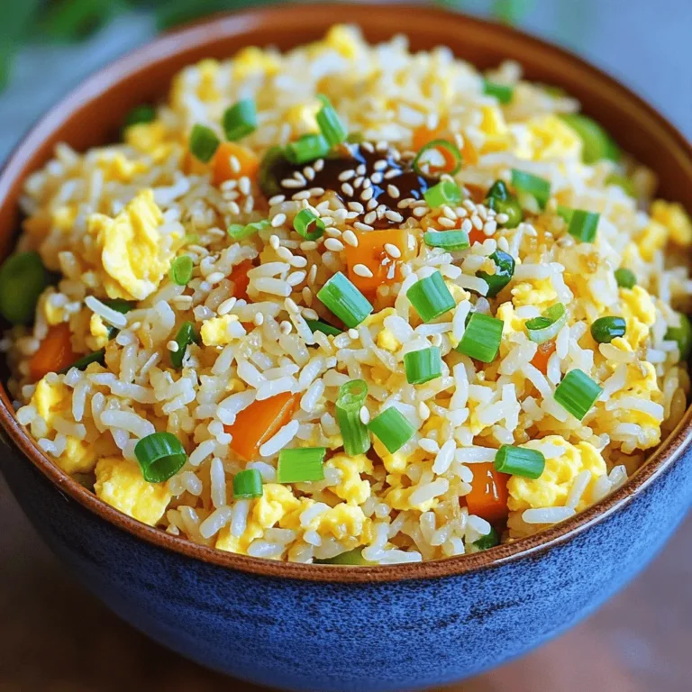 - 2 cups cooked jasmine rice (preferably day-old) - 3 large eggs - 1 cup mixed vegetables (peas, carrots, and corn) To make egg fried rice, start with the right base. The jasmine rice must be cooked well. Day-old rice works best because it dries out. This prevents clumping during cooking. The eggs add richness and protein. They also give a nice yellow color. Mixed vegetables add crunch and nutrition. Choose a mix you enjoy. - Additional proteins (chicken, shrimp, tofu) - Different vegetables (bell peppers, broccoli) You can add extra protein to your dish. Chicken, shrimp, or tofu all work well. These options make it heartier. Feel free to swap in different vegetables. Bell peppers and broccoli are great choices. Use what you have or like. This dish is very flexible. - Soy sauce types (light, dark) - Alternative oils (olive oil, coconut oil) Seasoning makes a big difference. Soy sauce adds saltiness and depth. Light soy sauce is milder. Dark soy sauce gives a richer color and flavor. You can also use different oils. Olive oil or coconut oil adds unique tastes. Choose what fits your palate. These choices enhance your egg fried rice. For the full recipe, check the details above. First, gather all your ingredients for easy egg fried rice. You need: - 2 cups cooked jasmine rice - 3 large eggs - 1 cup mixed vegetables (peas, carrots, corn) - 3 green onions, sliced - 2 tablespoons soy sauce - 1 tablespoon sesame oil - 1 tablespoon vegetable oil - 1 teaspoon garlic, minced - Salt and pepper to taste Now, chop your vegetables and measure everything out. This makes cooking easier. Next, preheat your skillet or wok. Heat it over medium-high heat until it’s hot. This helps your rice fry nicely. Start by sautéing the garlic. Add it to the hot skillet with the vegetable oil. Cook for about 30 seconds until it smells great. Then, push the garlic to the side. Crack the eggs into the center of the skillet. Scramble them until fully cooked. Mix them with the garlic once done. Now, add the mixed vegetables to the skillet. Sauté them for 2-3 minutes until they soften. After that, add the cooked rice. Break up any clumps and stir everything together. Pour in the soy sauce and sesame oil. This adds flavor to your rice. Toss in sliced green onions and season with salt and pepper. Stir everything for another minute. Let the rice get a bit crispy if you like. Enjoy your easy egg fried rice, made simple and tasty with this full recipe! Using day-old rice is key for great fried rice. Fresh rice is often too moist and sticky. Letting rice sit overnight in the fridge helps it dry out. This makes it easier to fry. A hot skillet is also important. Aim for medium-high heat. This helps crisp the rice and keep it from steaming. To crisp the rice, spread it out in the skillet. Let it sit for a minute before stirring. This creates a nice crunch. Avoid a mushy texture by not overcooking the rice. If it feels too wet, it will clump together. Use less liquid when cooking rice to prevent this. Garnish your fried rice with sliced green onions. A sprinkle of sesame seeds adds a nice touch too. Consider pairing your dish with a side of crispy spring rolls or a tangy dipping sauce. Soy sauce or sweet chili sauce works well for extra flavor. {{image_2}} You can make egg fried rice even better by adding more veggies. Use seasonal veggies like bell peppers, zucchini, or asparagus. They give great flavor and color. Adding leafy greens like spinach or kale is also a smart choice. They cook quickly and add nutrients. Just chop them small and toss them in when you add the mixed vegetables. Want to boost your meal with more protein? You can add cooked chicken or shrimp. Simply stir them in after you scramble the eggs. For a vegan option, use scrambled tofu. Just crumble it into the skillet and cook until warm. This way, you keep the dish healthy and filling. To spice things up, think of different sauces. You can use chili paste or sriracha for some heat. If you love sweet flavors, try teriyaki or hoisin sauce. These sauces change the taste and make the dish unique. Don't be afraid to experiment and find what you like best! For the complete guide, check the Full Recipe. To keep your egg fried rice fresh, use an airtight container. A glass or plastic container works well. Make sure to cool the rice to room temperature before sealing. Store it in the fridge for up to four days. This will help maintain its flavor and texture. When you reheat your fried rice, you have two main options: the microwave or the stovetop. The microwave is faster but can make the rice a bit soggy. For better taste, use the stovetop. Heat a bit of oil in a pan, add the rice, and stir until hot. This keeps the rice crispy and tasty. Remember to check the rice often to avoid burning. You can freeze your cooked egg fried rice, too! Place it in a freezer-safe bag or container. Make sure to remove as much air as possible. This helps prevent freezer burn. When you’re ready to eat it, thaw the rice in the fridge overnight. For a quick method, use the microwave on the defrost setting. After thawing, reheat as mentioned earlier. Yes, you can use leftover rice for egg fried rice. In fact, it is better! Day-old rice is drier. This helps prevent mushy fried rice. When the rice is cold, it separates easily. This makes it easier to fry. You can store leftover rice in the fridge for up to four days. Just make sure to cool it down quickly after cooking. Egg fried rice can be gluten-free if you choose the right ingredients. Regular soy sauce contains gluten. For a gluten-sensitive diet, use tamari. Tamari is made without wheat. You can also try coconut aminos. This is a tasty gluten-free alternative. Always check labels to ensure all ingredients suit your diet. To add heat to egg fried rice, try several options. You can mix in chili paste or sriracha. Start with a small amount, then taste it. Adjust as needed to find your perfect heat level. You can also add sliced jalapeños or crushed red pepper flakes. These will give your dish a nice kick! In this article, we covered the essentials for making easy egg fried rice. You learned about key ingredients like jasmine rice, eggs, and mixed vegetables. We also explored optional add-ins for customization, seasoning tips, and step-by-step cooking instructions. Remember, using day-old rice helps achieve a great texture. With the right techniques and flavors, you can create a delicious dish that suits your taste. Enjoy making your own egg fried rice, and experiment with different ingredients!