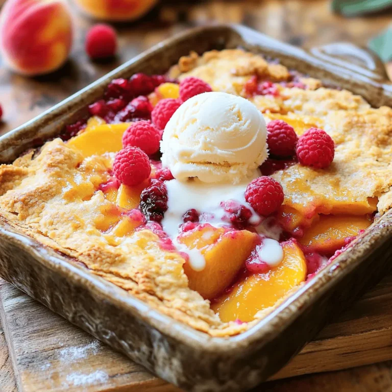 To make a great peach raspberry cobbler, you'll need some key ingredients. They are: - 4 ripe peaches, peeled and sliced - 2 cups fresh raspberries - 1/2 cup granulated sugar (adjust to taste) - 1 tablespoon lemon juice - 1 teaspoon vanilla extract - 1 tablespoon cornstarch - 1 cup all-purpose flour - 1/2 cup rolled oats - 1/4 cup brown sugar - 1 teaspoon baking powder - 1/2 teaspoon salt - 1/2 cup unsalted butter, melted - 1/2 cup milk Each ingredient matters for flavor and texture. Use the measurements carefully. For example, too much sugar can make it sweet. Adjust the sugar to your taste. The cornstarch helps thicken the fruit mixture. It creates a nice sauce as it bakes. You can add a few optional items for extra flavor. Consider using: - A pinch of cinnamon for warmth - A splash of almond extract for a nutty taste - Vanilla ice cream for serving These additions can take your cobbler to the next level. For the complete experience, enjoy it warm with a scoop of ice cream. Check out the Full Recipe for all the details! Start by washing the peaches and raspberries. Peel the peaches and slice them into thin pieces. Place the sliced peaches and fresh raspberries in a mixing bowl. Add the granulated sugar, lemon juice, vanilla extract, and cornstarch. Toss the fruit gently. You want to coat every piece well. Let this mixture sit for about 10 minutes. This step helps to bring out the juices in the fruit. In another bowl, mix the all-purpose flour, rolled oats, brown sugar, baking powder, and salt. Stir these dry ingredients well. Next, create a well in the center. Pour in the melted butter and milk. Mix until the batter is just combined. It should be slightly lumpy, and that's okay. Do not overmix. This topping will be the perfect contrast to the juicy fruit. Take a greased 9x13-inch baking dish. Spread the fruit mixture evenly in the dish. Then, drop spoonfuls of the batter on top of the fruit. Try to cover as much fruit as you can, but some can still peek through. This will create a nice texture. Bake in your preheated oven at 350°F for 35 to 40 minutes. Look for a golden brown top and bubbly fruit. After baking, let the cobbler cool for 10 minutes before serving. Enjoy with a scoop of ice cream for a treat! For the complete recipe, check out the Full Recipe. When picking peaches, look for fruit that feels soft but not mushy. The skin should have a nice golden color. Ripe peaches smell sweet and fragrant. For raspberries, choose plump berries that are bright in color. They should not be squished or moldy. Fresh fruit makes a big difference in flavor. To get a nice bake, preheat your oven to 350°F (175°C). This helps the cobbler cook evenly. Use a 9x13-inch dish for the best results. Make sure to grease the dish well to prevent sticking. Bake until the top turns golden brown and the fruit bubbles up. Let it cool for ten minutes before serving. This helps the juices settle. You can swap some ingredients for healthier choices. Instead of granulated sugar, use honey or maple syrup. They add natural sweetness. For a gluten-free option, use almond flour instead of all-purpose flour. You can also use coconut oil in place of butter for a dairy-free version. These swaps keep the taste while making the dish better for you. For more details, check the Full Recipe. {{image_2}} Spices can enhance the taste of your cobbler. I like to add cinnamon or nutmeg. Just a pinch makes a big difference. You can also try ginger for a warm kick. Mix your spice choice with the fruit before baking. This step adds depth and warmth. While peaches and raspberries shine, feel free to mix in other fruits. Blackberries and blueberries pair well with peaches. You can also use nectarines for a fun twist. Each fruit brings its own flavor. Just keep the balance of sweet and tart in mind. Choose ripe fruits for the best taste. You can easily make this cobbler gluten-free. Use almond flour or a gluten-free blend instead of all-purpose flour. For a vegan option, swap out the butter for coconut oil. Use plant-based milk, like almond or oat milk. These changes keep the cobbler tasty and friendly for all diets. Enjoy the Full Recipe for more details! To keep your peach raspberry cobbler fresh, store it in an airtight container. Let it cool completely before you put it away. This helps prevent moisture buildup. You can keep it in the fridge for up to four days. If you want to save it longer, freezing is a great option. Reheating is easy! Just take a piece of cobbler and place it on a microwave-safe plate. Heat it in the microwave for 30 seconds to 1 minute. If you prefer, you can reheat in the oven. Set the oven to 350°F (175°C). Place the cobbler in an oven-safe dish and cover it with foil. Bake for about 10-15 minutes until warm. This keeps the topping nice and crisp. Freezing your cobbler is simple! First, let it cool completely. Then, slice it into portions. Wrap each piece tightly in plastic wrap, then place them in a freezer bag. You can freeze peach raspberry cobbler for up to three months. When you are ready to eat, just thaw it in the fridge overnight and reheat as mentioned above. Enjoy it anytime! For the full recipe, check out the Peach Raspberry Cobbler recipe section. Yes, you can use frozen peaches and raspberries. Just remember to thaw them first. Drain any extra juice before mixing them with sugar and lemon juice. This helps keep the cobbler from being too runny. Using frozen fruit can save time and still taste great. The cobbler is done when it is golden brown and bubbly. Check for a nice golden crust on top. You can also insert a toothpick into the batter. If it comes out clean, your cobbler is ready. Let it cool for about 10 minutes before serving. Serve the cobbler warm for the best taste. A scoop of vanilla ice cream on top is a great choice. It melts into the warm cobbler, adding a creamy touch. You can also sprinkle fresh raspberries on top for a nice look. This adds a pop of color and freshness to your dish. For the full recipe, check the detailed instructions above! Peach raspberry cobbler is simple and delicious. We covered key ingredients, step-by-step instructions, and helpful tips. You learned how to pick the best fruit and ensure perfect baking. I also shared tasty variations and storage methods. Experiment with spices and fruits to make the recipe your own. Whether warm or cold, this dessert will please everyone. Enjoy making your cobbler, and don’t forget to share it!