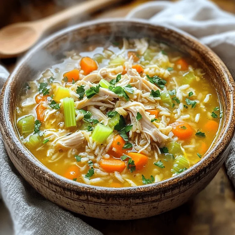 Making Easy Chicken and Rice Soup is simple. Here’s what you need: - 2 boneless, skinless chicken breasts - 1 cup uncooked brown rice - 6 cups chicken broth - 1 medium onion, diced - 2 carrots, diced - 2 celery stalks, diced - 3 cloves garlic, minced - 1 teaspoon dried thyme - 1 teaspoon dried parsley - Salt and pepper to taste - 2 tablespoons olive oil - Fresh parsley, chopped (for garnish) These fresh ingredients come together to create a warm bowl of comfort. You can also personalize your soup. Consider adding: - Spinach or kale for extra greens - Peas for a sweet touch - Corn for a pop of color Here are some common conversions to help you with your cooking: - 1 cup = 8 ounces - 1 tablespoon = 3 teaspoons - 1 pound = 16 ounces Cooking measurements are key. When a recipe calls for a cup, use a measuring cup. For spices, use measuring spoons. This ensures you get the right taste every time. Knowing the nutrition can help you make healthy choices. Here’s a basic breakdown per serving: - Calories: 300 - Total Fat: 8g - Protein: 25g - Carbohydrates: 35g The chicken provides protein, while the rice adds carbs for energy. Carrots and celery bring vitamins and fiber. This soup can be a great option when you want something warm and filling. It also supports your body with healthy nutrients. To start, gather your ingredients. You will need: - 2 boneless, skinless chicken breasts - 1 cup uncooked brown rice - 6 cups chicken broth - 1 medium onion, diced - 2 carrots, diced - 2 celery stalks, diced - 3 cloves garlic, minced - 1 teaspoon dried thyme - 1 teaspoon dried parsley - Salt and pepper to taste - 2 tablespoons olive oil - Fresh parsley, chopped (for garnish) For tools, grab a large pot, a cutting board, and a knife. A wooden spoon is great for stirring. You’ll also need two forks for shredding the chicken. 1. Heat the Oil: Place your large pot on medium heat. Add the olive oil and let it warm up. 2. Sauté the Veggies: Once the oil is hot, add the diced onion, carrots, and celery. Cook for about 5-7 minutes. The goal is to soften the veggies. 3. Add Garlic and Herbs: Stir in the minced garlic, dried thyme, and dried parsley. Let this cook for 1-2 minutes. You want to smell those yummy flavors! 4. Bring to a Boil: Pour in the chicken broth. Increase the heat to high until it boils. 5. Add Rice and Chicken: Once boiling, add the uncooked brown rice and the chicken breasts. Stir well. 6. Simmer: Reduce the heat to low, cover the pot, and let it simmer for about 25-30 minutes. The rice should be cooked and the chicken tender. After cooking, take the chicken breasts out of the pot. Use two forks to shred the chicken into bite-sized pieces. This method keeps the chicken tender and juicy. Return the shredded chicken back to the soup and stir well. Now, add salt and pepper to taste. Let it simmer for another 5 minutes. Your easy chicken and rice soup is almost ready! To make your Easy Chicken and Rice Soup shine, consider adding spices and herbs. You can use: - 1 teaspoon of paprika for warmth. - A pinch of cayenne for heat. - Fresh thyme leaves for brightness. Balancing flavors is key to a great soup. Start with salt and pepper. Taste as you go. If it feels flat, a squeeze of lemon juice can brighten it up. For a creamier soup, stir in a splash of heavy cream just before serving. This adds richness and comfort. If you want a thicker texture, you can use a cornstarch slurry. Mix 1 tablespoon of cornstarch with 2 tablespoons of cold water, then stir it into the soup. Adding more veggies can also enhance the texture. Try adding: - 1 cup of frozen peas for sweetness. - 1 zucchini, diced for freshness. - 1 cup of spinach for color and nutrients. Preparing ingredients in advance can save time. Chop your veggies the night before. Store them in the fridge. You can also cook the rice ahead of time. This way, all you need to do is add it to the soup. Using pre-cooked chicken or ready-made broth can cut down on your cooking time. Rotisserie chicken works great. Just shred it and add it to the pot. For broth, low-sodium options help control salt levels while keeping flavor rich. For the full recipe, check out the Cozy Chicken and Rice Soup. {{image_2}} You can change the main ingredients in this soup. If you don't have chicken, use turkey. It gives a nice flavor too. For a twist, try quinoa instead of rice. Quinoa cooks fast and is packed with protein. Adding different veggies can also change the taste. Bell peppers, spinach, or peas work well. You can mix in your favorites for a fun twist. Just remember to add them at the right time so they stay fresh and tender. If you need a gluten-free option, check the broth label. Some brands add gluten. You can use rice noodles instead of brown rice for a low-carb choice. They cook faster and add a nice texture. For a vegetarian or vegan version, skip the chicken. Use vegetable broth and add beans for protein. Chickpeas or lentils can be great additions. They will make the soup hearty and still tasty. You can also give this soup a regional flair. For an Asian-style soup, add soy sauce and ginger. Top it with green onions for a fresh touch. If you prefer a Mediterranean vibe, add lemon juice and olives. Use herbs like oregano and basil for a distinct taste. Each twist can make your soup feel new and exciting. To store chicken and rice soup properly, let it cool first. Transfer the soup to an airtight container. This keeps it fresh. Place it in the fridge right away. The soup stays good for about 3 to 4 days. Always check for freshness before eating. Freezing your soup is easy. First, let it cool completely. Then, pour it into freezer-safe bags or containers. Remove as much air as you can. Label the containers with the date. You can freeze the soup for up to 3 months. To thaw, place the frozen soup in the fridge overnight. For quick thawing, run warm water over the bag. When you're ready to eat, reheat the soup on the stove. Stir it often to avoid burning. Heat until it's hot all the way through. In the fridge, expect the soup to last 3 to 4 days. In the freezer, it remains fresh for about 3 months. Check for signs of spoilage. If the soup smells off or shows mold, it’s best to toss it. Always trust your senses when it comes to food safety. If you want the full recipe, check out the Easy Chicken and Rice Soup section! To speed up the cooking time, you can use pre-cooked chicken. This cuts down on the simmering time. Also, use instant rice instead of brown rice. It cooks much faster. You can add the instant rice in the last five minutes of cooking. Absolutely! Leftover chicken works great in this soup. Just shred or chop your cooked chicken into bite-sized pieces. Add it to the pot when the soup is almost done simmering. This way, you heat the chicken without overcooking it. You can pair this soup with simple sides like bread or crackers. A fresh garden salad also makes a nice addition. For a heartier meal, try some warm rolls or garlic bread. These sides complement the soup’s flavors well. Yes, you can make this soup in a slow cooker. Start by sautéing the onion, carrots, and celery in a pan. Then, place all ingredients in the slow cooker. Cook on low for 6-8 hours or on high for 3-4 hours. Shred the chicken before serving. To season the soup, I recommend using dried thyme and parsley. These herbs add depth. You can also try adding bay leaves while cooking. For a kick, add some black pepper or a pinch of red pepper flakes. Taste and adjust the seasoning as needed. For more details, check out the Full Recipe. This blog post covered how to make Easy Chicken and Rice Soup. We broke down ingredients, measurements, and nutritional benefits. The step-by-step guide helps you prep and cook the soup for the best taste. We also shared tips for perfecting flavor and texture, plus storage info for leftovers. Overall, it’s a simple dish with many custom options. You can adapt it to your taste and needs. Enjoy making this warm, comforting soup for your next meal!