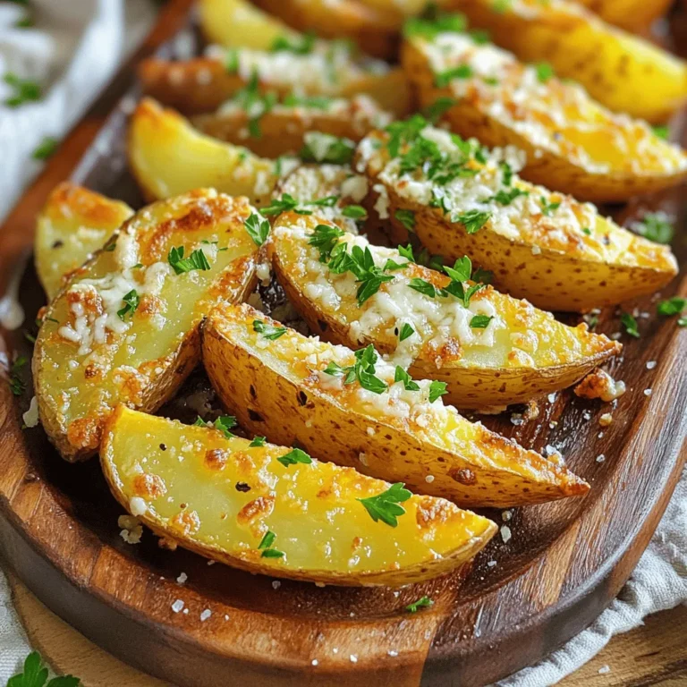 To make crispy garlic Parmesan potato wedges, gather these simple ingredients: - 4 large russet potatoes - 1/4 cup olive oil - 6 cloves of garlic, minced - 1 teaspoon dried oregano - 1 teaspoon paprika - 1 cup grated Parmesan cheese - Salt and black pepper to taste - Fresh parsley for garnish These ingredients come together to create a dish that bursts with flavor. The russet potatoes give you that perfect texture, while olive oil helps to crisp them up. Garlic adds a nice kick, and Parmesan cheese gives a rich taste that you won't forget. Don't skip the parsley; it adds a pop of color and freshness to your dish. You can find the full recipe above for all the steps to create these tasty potato wedges. 1. Preheat the oven. Set it to 425°F (220°C). This helps the wedges crisp up well. 2. Wash and cut the potatoes. Scrub 4 large russet potatoes under cold water. Cut each potato into 6-8 wedges. Make the cuts even for cooking. 1. Combine oil and spices. In a large bowl, mix 1/4 cup olive oil, 6 minced garlic cloves, 1 teaspoon dried oregano, 1 teaspoon paprika, salt, and black pepper. Stir well to blend the flavors. 2. Toss potato wedges in the marinade. Add the potato wedges to the bowl. Toss them until each wedge is well coated with the marinade. 1. Spread on baking sheet. Place the seasoned wedges in a single layer on a parchment-lined baking sheet. This helps them cook evenly. 2. Baking time details. Bake for 25-30 minutes. Flip the wedges halfway through. They should turn golden brown and crispy. After baking, sprinkle 1 cup of grated Parmesan cheese on top and bake for 5 more minutes. Enjoy your crispy garlic Parmesan potato wedges! For the full recipe, check out the earlier section. To get the best crispiness, choose russet potatoes. They have high starch, which helps create a crunchy outside. Cut the potatoes into even wedges. This ensures they cook evenly. Preheat your oven to 425°F (220°C). This high heat makes the wedges crispy. Want to spice things up? Try adding chili powder or cumin for extra heat. You can also use fresh herbs like rosemary or thyme for a fresh twist. For dipping, ranch or garlic aioli works great. These add creamy flavor to your crispy wedges. When serving, arrange the wedges on a wooden platter for a rustic look. Add a small bowl of your favorite sauce for dipping. Garnish with fresh parsley on top. This adds color and a fresh taste. You want your dish to look as good as it tastes! For the full recipe, check back to enjoy this delicious treat. {{image_2}} You can spice things up with chili powder. It adds heat and depth. For a herbed twist, try fresh herbs like rosemary or thyme. These flavors brighten the dish and add freshness. Mixing different spices allows you to find what you love best. If you want a change from Parmesan, use cheddar cheese. It melts nicely and gives a rich taste. Mozzarella is another great option for a gooey texture. For those who prefer vegan options, look for dairy-free cheese. Nutritional yeast also gives a cheesy flavor without dairy. You can prepare these potato wedges in an air fryer. Cooking them this way makes them extra crispy and uses less oil. Set the air fryer to 400°F (200°C) and cook for about 20 minutes. For a smoky taste, try grilling them. Grill the wedges over medium heat for about 15 minutes, turning them to cook evenly. Each method gives a unique flavor and texture. For the full recipe, check the main article. To store leftovers, let the potato wedges cool down first. Place them in an airtight container. Seal it tightly to keep moisture out. This way, they stay fresh longer. In the fridge, they last about 3 to 5 days. For reheating, the best method is using an oven. Set it to 375°F (190°C). Place the wedges on a baking sheet. Heat them for about 10 to 15 minutes. This helps them stay crispy. You can also use an air fryer, which works well too. Just make sure to check them often. If you want to freeze the wedges, first let them cool completely. Lay them on a baking sheet in a single layer. Freeze them for about 1 to 2 hours. Once they are firm, transfer them to a freezer bag. Remove as much air as you can. For thawing, place them in the fridge overnight. Then, reheat them in the oven or air fryer. This keeps them crispy and tasty. For more details on making these delicious wedges, check the Full Recipe. To make your potato wedges crispy, follow these tips: - Cut Evenly: Make sure all wedges are the same size. - Soak in Water: Soak potato wedges in cold water for 30 minutes. This removes excess starch. - Use Parchment Paper: Line your baking sheet with parchment paper. This helps prevent sticking. - Don’t Crowd the Pan: Leave space between each wedge. This allows hot air to circulate. - Flip Halfway: Turn the wedges halfway through cooking for even crispiness. Yes, you can use different types of potatoes. Here are some good options: - Yukon Gold: Creamy and buttery flavor. - Sweet Potatoes: Adds a sweet twist. - Red Potatoes: Holds shape well and has a nice texture. Each type will give a unique taste and feel, but russet potatoes are best for crispiness. To season your potato wedges, I recommend: - Use Fresh Garlic: Fresh garlic gives a stronger flavor than powder. - Mix Herbs: Try adding fresh rosemary or thyme for an extra kick. - Add Heat: A pinch of cayenne pepper can add spice. - Season Generously: Don't be shy with salt and pepper for the best taste. These tips will help you create a flavor explosion in every bite! You can keep leftovers in the fridge for about 3-4 days. Make sure to: - Store in an Airtight Container: This helps keep them fresh. - Cool Before Storing: Let them cool down to avoid steam buildup. For safety, always check for any off smells or changes in texture before eating. We covered making crispy potato wedges, from choosing ingredients to perfecting your bake. Use russet potatoes, olive oil, and spices for great flavor. Don't forget to try different cheese and cooking methods. Proper storage and reheating keep your leftovers tasty. Experiment with seasonings to find your favorite. Enjoy creating the best potato wedges at home!