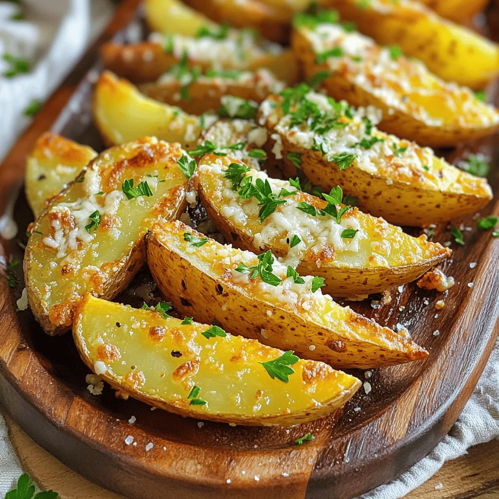 To make crispy garlic Parmesan potato wedges, gather these simple ingredients: - 4 large russet potatoes - 1/4 cup olive oil - 6 cloves of garlic, minced - 1 teaspoon dried oregano - 1 teaspoon paprika - 1 cup grated Parmesan cheese - Salt and black pepper to taste - Fresh parsley for garnish These ingredients come together to create a dish that bursts with flavor. The russet potatoes give you that perfect texture, while olive oil helps to crisp them up. Garlic adds a nice kick, and Parmesan cheese gives a rich taste that you won't forget. Don't skip the parsley; it adds a pop of color and freshness to your dish. You can find the full recipe above for all the steps to create these tasty potato wedges. 1. Preheat the oven. Set it to 425°F (220°C). This helps the wedges crisp up well. 2. Wash and cut the potatoes. Scrub 4 large russet potatoes under cold water. Cut each potato into 6-8 wedges. Make the cuts even for cooking. 1. Combine oil and spices. In a large bowl, mix 1/4 cup olive oil, 6 minced garlic cloves, 1 teaspoon dried oregano, 1 teaspoon paprika, salt, and black pepper. Stir well to blend the flavors. 2. Toss potato wedges in the marinade. Add the potato wedges to the bowl. Toss them until each wedge is well coated with the marinade. 1. Spread on baking sheet. Place the seasoned wedges in a single layer on a parchment-lined baking sheet. This helps them cook evenly. 2. Baking time details. Bake for 25-30 minutes. Flip the wedges halfway through. They should turn golden brown and crispy. After baking, sprinkle 1 cup of grated Parmesan cheese on top and bake for 5 more minutes. Enjoy your crispy garlic Parmesan potato wedges! For the full recipe, check out the earlier section. To get the best crispiness, choose russet potatoes. They have high starch, which helps create a crunchy outside. Cut the potatoes into even wedges. This ensures they cook evenly. Preheat your oven to 425°F (220°C). This high heat makes the wedges crispy. Want to spice things up? Try adding chili powder or cumin for extra heat. You can also use fresh herbs like rosemary or thyme for a fresh twist. For dipping, ranch or garlic aioli works great. These add creamy flavor to your crispy wedges. When serving, arrange the wedges on a wooden platter for a rustic look. Add a small bowl of your favorite sauce for dipping. Garnish with fresh parsley on top. This adds color and a fresh taste. You want your dish to look as good as it tastes! For the full recipe, check back to enjoy this delicious treat. {{image_2}} You can spice things up with chili powder. It adds heat and depth. For a herbed twist, try fresh herbs like rosemary or thyme. These flavors brighten the dish and add freshness. Mixing different spices allows you to find what you love best. If you want a change from Parmesan, use cheddar cheese. It melts nicely and gives a rich taste. Mozzarella is another great option for a gooey texture. For those who prefer vegan options, look for dairy-free cheese. Nutritional yeast also gives a cheesy flavor without dairy. You can prepare these potato wedges in an air fryer. Cooking them this way makes them extra crispy and uses less oil. Set the air fryer to 400°F (200°C) and cook for about 20 minutes. For a smoky taste, try grilling them. Grill the wedges over medium heat for about 15 minutes, turning them to cook evenly. Each method gives a unique flavor and texture. For the full recipe, check the main article. To store leftovers, let the potato wedges cool down first. Place them in an airtight container. Seal it tightly to keep moisture out. This way, they stay fresh longer. In the fridge, they last about 3 to 5 days. For reheating, the best method is using an oven. Set it to 375°F (190°C). Place the wedges on a baking sheet. Heat them for about 10 to 15 minutes. This helps them stay crispy. You can also use an air fryer, which works well too. Just make sure to check them often. If you want to freeze the wedges, first let them cool completely. Lay them on a baking sheet in a single layer. Freeze them for about 1 to 2 hours. Once they are firm, transfer them to a freezer bag. Remove as much air as you can. For thawing, place them in the fridge overnight. Then, reheat them in the oven or air fryer. This keeps them crispy and tasty. For more details on making these delicious wedges, check the Full Recipe. To make your potato wedges crispy, follow these tips: - Cut Evenly: Make sure all wedges are the same size. - Soak in Water: Soak potato wedges in cold water for 30 minutes. This removes excess starch. - Use Parchment Paper: Line your baking sheet with parchment paper. This helps prevent sticking. - Don’t Crowd the Pan: Leave space between each wedge. This allows hot air to circulate. - Flip Halfway: Turn the wedges halfway through cooking for even crispiness. Yes, you can use different types of potatoes. Here are some good options: - Yukon Gold: Creamy and buttery flavor. - Sweet Potatoes: Adds a sweet twist. - Red Potatoes: Holds shape well and has a nice texture. Each type will give a unique taste and feel, but russet potatoes are best for crispiness. To season your potato wedges, I recommend: - Use Fresh Garlic: Fresh garlic gives a stronger flavor than powder. - Mix Herbs: Try adding fresh rosemary or thyme for an extra kick. - Add Heat: A pinch of cayenne pepper can add spice. - Season Generously: Don't be shy with salt and pepper for the best taste. These tips will help you create a flavor explosion in every bite! You can keep leftovers in the fridge for about 3-4 days. Make sure to: - Store in an Airtight Container: This helps keep them fresh. - Cool Before Storing: Let them cool down to avoid steam buildup. For safety, always check for any off smells or changes in texture before eating. We covered making crispy potato wedges, from choosing ingredients to perfecting your bake. Use russet potatoes, olive oil, and spices for great flavor. Don't forget to try different cheese and cooking methods. Proper storage and reheating keep your leftovers tasty. Experiment with seasonings to find your favorite. Enjoy creating the best potato wedges at home!