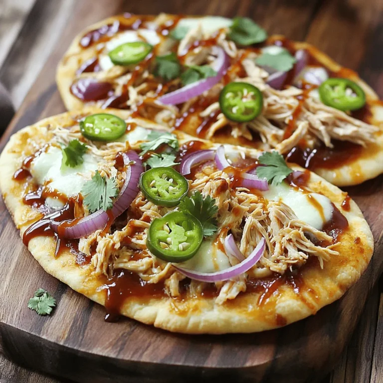 - 2 large flatbreads (store-bought or homemade) - 1 cup cooked chicken breast, shredded - 1/2 cup BBQ sauce (your favorite brand) - 1 cup shredded mozzarella cheese - 1/2 red onion, thinly sliced - 1/4 cup fresh cilantro, chopped - 1/4 cup sliced jalapeños (optional for heat) - 1 tablespoon olive oil - Salt and pepper to taste It’s fun to create BBQ Chicken Flatbread Pizza with these simple ingredients. You can use store-bought flatbreads or make your own. I often choose the store-bought ones for quick meals. Shredded chicken is key. You can use leftover rotisserie chicken or cook it fresh. The BBQ sauce brings a sweet and tangy flavor. I love using my favorite brand, but feel free to explore. Mozzarella cheese adds creaminess and helps everything stick together. Red onion gives a nice crunch and flavor. Cilantro adds freshness, while jalapeños can bring some heat. I like to keep them optional because not everyone enjoys spicy food. Olive oil makes the flatbreads crispy and golden. Finally, remember to season with salt and pepper to enhance the flavors. - Calories per serving: Approximately 300-350 - Macronutrients: - Protein: 25g - Carbohydrates: 30g - Fats: 12g This dish is not only tasty but also filling. Each serving gives you a good amount of protein. The carbs come mainly from the flatbreads. The fats are from the cheese and olive oil. Enjoy this delightful meal while knowing it's also packed with nutrients. For the complete cooking steps, check the Full Recipe. 1. Start by preheating your oven to 450°F (230°C). This high heat will help create a crispy pizza base. 2. In a mixing bowl, combine 1 cup of shredded chicken with 1/4 cup of your favorite BBQ sauce. Mix well until the chicken is fully coated. This adds flavor and keeps the chicken moist. 1. Place the flatbreads on a baking sheet lined with parchment paper. This prevents sticking and makes cleanup easy. 2. Brush each flatbread lightly with 1 tablespoon of olive oil. This helps achieve a nice, crispy texture. 3. Spread the remaining BBQ sauce (about 1/4 cup) evenly over the flatbreads. Leave a small border around the edges for a perfect crust. 4. Evenly distribute the BBQ chicken mixture on top of the sauce on each flatbread. Make sure to cover it well for great flavor. 5. Sprinkle 1 cup of shredded mozzarella cheese generously on top of the chicken. This will melt into a gooey layer as it bakes. 6. Add sliced red onions and jalapeños (if using) on top for added crunch and heat. 1. Bake in the preheated oven for about 12-15 minutes. Watch closely until the cheese is melted and bubbly, and the edges of the flatbreads turn golden brown. 2. Once baked, remove the flatbreads from the oven. Let them cool for a couple of minutes before slicing. 3. Before serving, garnish with 1/4 cup of fresh chopped cilantro. This adds a pop of color and fresh flavor. Now, you're ready to enjoy your BBQ Chicken Flatbread Pizza! For the complete recipe, check the [Full Recipe]. To get crispy flatbreads, brush them lightly with olive oil. This helps create a nice crunch. Bake them at a high temperature, around 450°F (230°C), for the best results. For BBQ sauce, I recommend brands like Sweet Baby Ray's or Stubbs. These sauces add great flavor and a touch of sweetness. You can also make your own sauce for a personal touch. One common mistake is overloading the flatbreads with toppings. Too many toppings can make the flatbread soggy. Stick to a few key ingredients for the best taste and texture. Another mistake is not preheating the oven. Always preheat to ensure even cooking. If the oven is not hot enough, the flatbread won’t bake well. To pair with BBQ Chicken Flatbread Pizza, consider serving a fresh salad. A crunchy coleslaw or a Caesar salad works well. You can also try fresh veggies and dip for a side. For drinks, iced tea or lemonade can be refreshing. If you want something stronger, pair it with a light beer. These drinks complement the flavors nicely. For more details, check out the Full Recipe to make this dish at home! {{image_2}} You can switch up your BBQ chicken flatbread pizza with fun toppings. For a vegan option, use shredded jackfruit instead of chicken. It mimics the texture well. For cheese, try vegan mozzarella or cashew cheese. Both melt nicely and add flavor. You can also play with sauces. Instead of BBQ, drizzle ranch dressing for a creamy touch. Hot sauce brings heat if you love spice. Both options can change the feel of your pizza. Making your own flatbread can be easy and fun. Mix flour, water, salt, and olive oil for a simple dough. Roll it out, then cook it on a skillet until golden. This gives you a fresh base. If you need gluten-free options, use almond flour or chickpea flour. You can also find gluten-free flatbreads at many stores. They work just as well for this recipe. Add a twist of flavor by including fruits. Pineapple adds sweetness and pairs well with BBQ. Apples can bring a crisp bite, too. Slice them thin and scatter them on top. For an international flair, think beyond the usual. Try adding some Indian spices for a curry twist. You can also use Mexican flavors like black beans and corn. Don't be afraid to get creative! These variations keep your BBQ chicken flatbread pizza fresh and exciting. For the complete recipe, check out the Full Recipe. To keep your BBQ chicken flatbread pizza fresh, use these simple tips: - Refrigeration: Place leftover pizza in an airtight container. You can also wrap it tightly in plastic wrap or aluminum foil. This helps keep the moisture in and the pizza fresh for up to three days. - Freezing: For longer storage, freeze the flatbread pizza. Wrap each piece in plastic wrap, then place it in a freezer bag. Squeeze out as much air as possible. It will stay good for up to three months. Reheating flatbread pizza can be tricky, but I have some great methods to keep it tasty: - Best Practices: Preheat your oven to 350°F (175°C). Place the pizza on a baking sheet. Heat for about 10-15 minutes. This warms it up and keeps the crust crisp. - Avoiding Sogginess: To avoid a soggy pizza, do not use the microwave. It makes the flatbread soft. If you must use a microwave, heat it for a very short time, about 20 seconds, just to warm it slightly. To make BBQ Chicken Flatbread Pizza, you start with the flatbread. You can buy flatbread or make it. If you choose to make it, mix flour, water, yeast, and salt. Knead it well and let it rise for about an hour. Once it rises, roll it out to your desired shape. Then, bake it for a few minutes before adding toppings. Yes! You can use rotisserie chicken, grilled chicken, or even leftover chicken. Just shred the chicken and mix it with your BBQ sauce. Each type of chicken adds a unique flavor to your flatbread pizza. Choose what you like best or what you have on hand. If you want to avoid cheese, try using dairy-free cheese options. Some good choices are cashew cheese or almond cheese. You can also use goat cheese or feta for a tangy taste. These options will change the flavor but can still be delicious. BBQ Chicken Flatbread Pizza can be healthy, depending on your choices. Use whole grain flatbreads for more fiber. Opt for low-sugar BBQ sauce to cut calories. Add more veggies like peppers or spinach for extra nutrients. You can make it fit your diet by swapping some ingredients. Making BBQ Chicken Flatbread Pizza is fun and easy. We covered the key ingredients, step-by-step instructions, tips, and possible variations. This dish offers great flavor and is perfect for sharing. Remember to avoid common mistakes, like overloading toppings, to ensure the best results. Enjoy experimenting with different ingredients to make it your own. Whether for lunch or a cozy dinner, this recipe will impress your friends and family. Get ready to dive into flavor and creativity with your next flatbread pizza!