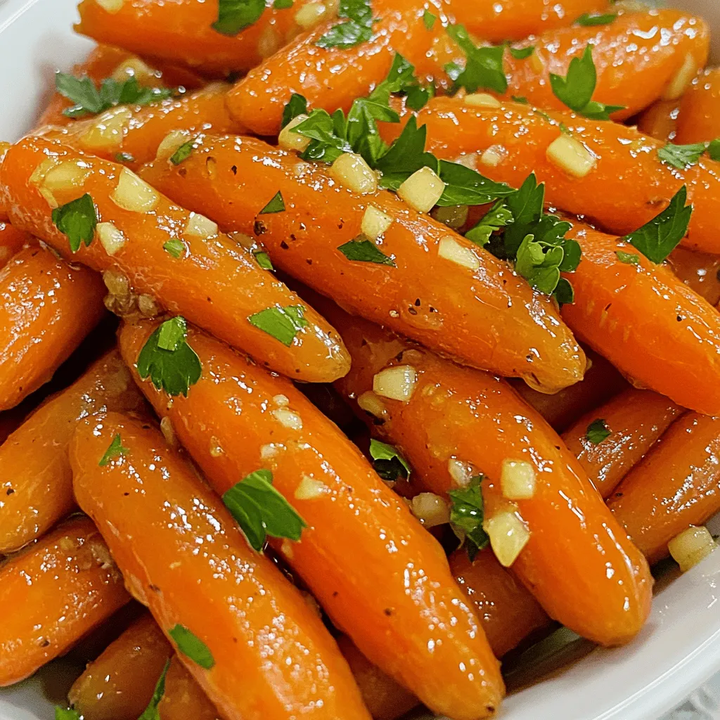 - 1 lb baby carrots, peeled - 3 tablespoons honey - 2 tablespoons unsalted butter - 3 cloves garlic, minced - 1 teaspoon fresh thyme leaves (or 1/2 teaspoon dried thyme) - Salt and black pepper to taste - 1 tablespoon lemon juice - Fresh parsley, chopped (for garnish) The main items in this recipe are simple yet flavorful. The baby carrots add sweetness and crunch. Honey provides a rich glaze, while garlic adds depth. Butter makes everything smooth and rich. Thyme gives the dish a hint of earthiness. You can enhance the taste with salt and pepper. A splash of lemon juice brightens the flavors. For a touch of color, sprinkle fresh parsley on top. Each ingredient plays a role in creating a delightful side dish. For the full recipe, check out the complete Honey Garlic Glazed Carrots recipe. You will love how easy and tasty these are! To make honey garlic glazed carrots, start with fresh baby carrots. Choose carrots that are bright and firm. Avoid any that feel soft or have spots. 1. Peeling: Rinse the carrots under cold water. Use a vegetable peeler to remove the outer skin. 2. Trimming: Cut off the tops and any tough ends. This helps them cook evenly. Now, let’s cook the carrots in a tasty honey garlic glaze. 1. Melt Butter: Heat a large skillet over medium heat. Add 2 tablespoons of unsalted butter. Let it melt completely. 2. Add Garlic: Add 3 cloves of minced garlic. Sauté for about 1 minute. Watch it closely to prevent burning. 3. Mix Carrots: Add your peeled baby carrots to the skillet. Stir well, making sure the carrots are coated in the garlic butter. 4. Add Honey and Thyme: Drizzle in 3 tablespoons of honey. Then, sprinkle in 1 teaspoon of fresh thyme leaves. Stir to mix everything. 5. Season: Add salt and black pepper to taste. This enhances the flavors. 6. Simmer: Pour in 1/4 cup of water. Cover the skillet with a lid. Let it simmer for about 10 minutes. This makes the carrots tender but still crisp. 7. Thicken Glaze: After 10 minutes, remove the lid. Cook for an extra 2-3 minutes. This thickens the glaze nicely. 8. Finish: Squeeze in 1 tablespoon of lemon juice. Stir gently one last time. 9. Serve: Take the skillet off the heat. Transfer the glazed carrots to a serving dish. Garnish with chopped fresh parsley. These honey garlic glazed carrots pair well with many dishes. Here are some ideas: - Serve them alongside roasted chicken or grilled fish. - They also complement rice or quinoa nicely. - For a colorful plate, add some green veggies like steamed broccoli. For presentation, arrange the carrots in a nice pile. Sprinkle some parsley on top for a fresh look. A touch of lemon zest can add extra color and flavor. Enjoy your delicious side dish! To get the best glaze, focus on the right texture. Start by using a good amount of honey. Aim for three tablespoons for a sweet touch. Add the honey after the garlic is fragrant. This helps the honey mix well without burning. Cooking garlic needs care. Sauté it for just one minute. If it turns brown, it will taste bitter. Keep the heat at medium. Stir it often to keep it from sticking. When cooking carrots, avoid cutting them too small. Small pieces can cook too fast. Aim for even, bite-sized pieces. This helps them cook evenly. To stop overcooking, watch them closely. Test for doneness by poking them with a fork. They should be tender but crisp. If they become mushy, they lose their charm. Want to boost the flavor? Try adding fresh herbs like rosemary or dill. These add a nice twist. You can also use spices like paprika for a kick. If you want to switch up the sweetness, use maple syrup instead of honey. It will give your dish a unique taste. Each option enhances the carrots in different ways. For the full recipe, check the "Honey Garlic Glazed Carrots" section. {{image_2}} You can swap baby carrots for many other veggies. Try green beans for a crisp bite. Zucchini also works well; just cut it into thick slices. Each veggie cooks differently, so adjust your timing. Green beans may need less time, while zucchini cooks quickly. Aim for tender yet firm veggies to keep that perfect texture. Want to spice things up? Add red pepper flakes for a kick. Start with a pinch and adjust to your liking. For a fresh twist, mix in some citrus zest. Lemon or orange zest brightens the dish and adds depth. These small changes can make a big difference in flavor. You can also oven-roast the glazed carrots. Preheat your oven to 400°F. Toss the carrots with the glaze and spread them on a baking sheet. Roast for about 20 minutes, stirring halfway through. If you own an Instant Pot or slow cooker, use those too. In an Instant Pot, cook on high for 3 minutes. In a slow cooker, let them go for 4 hours on low. Each method offers a unique taste and texture that you’ll love. To keep your honey garlic glazed carrots fresh, follow these tips for refrigeration: - Let the carrots cool to room temperature. - Place them in an airtight container. - Store them in the fridge for up to 4 days. If you want to freeze the carrots, consider these tips: - Freeze them in a single layer on a baking sheet. - Once frozen, transfer them to a freezer bag. - They can last for up to 3 months in the freezer. To reheat the carrots and keep their flavor, use these methods: - Microwave: Place the carrots in a bowl, cover, and heat for 1-2 minutes. - Stovetop: Heat a skillet over medium heat, add the carrots, and stir for 3-4 minutes. When reheating, adjust the cooking time. You may need to add a splash of water to help them steam. Fresh leftovers in the fridge last about 4 days. Look for these signs of spoilage: - Off smell or sour odor. - Slimy texture on the carrots. - Unusual discoloration. If you notice any of these signs, it’s best to discard them. Enjoy your honey garlic glazed carrots while they’re fresh! For the full recipe, just check the earlier sections. Cooking time depends on carrot size. For baby carrots, it takes about 10 minutes. If you use larger carrots, cut them into smaller pieces. This helps them cook faster. Larger chunks can take up to 15 to 20 minutes. Always check for tenderness with a fork. Yes, you can use different honey types. Each type has its own flavor. Clover honey is light and sweet. Wildflower honey is more complex. Manuka honey offers a strong taste. Feel free to experiment and find your favorite. These carrots pair well with many dishes. Try them with roasted chicken or grilled steak. They also go great with fish. For a vegetarian meal, serve with quinoa or rice. You can add a fresh salad for balance. Yes, this recipe works well for meal prep. Cook the carrots ahead of time and store them. Place them in an airtight container in the fridge. They can last up to four days. Reheat them gently to keep their flavor. You can find the complete Honey Garlic Glazed Carrots recipe in the article. It includes all the steps and tips for perfecting this dish. You’ve learned how to make delicious honey garlic glazed carrots. We covered essential and optional ingredients, cooking steps, and storage tips. Remember, you can swap carrots with other veggies or adjust flavors. Avoid common mistakes like overcooking to keep them crunchy and tasty. These carrots can brighten any meal. Enjoy experimenting with different herbs and spices. With these tips, you are set to impress anyone at your table. Happy cooking!