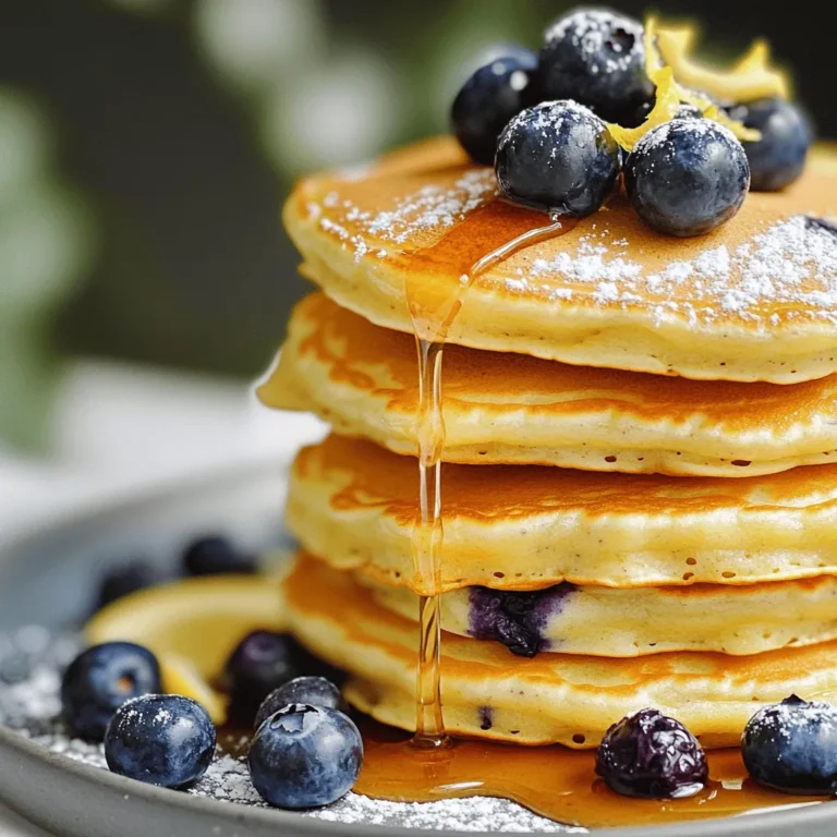 To make Lemon Blueberry Ricotta Pancakes, gather the following items: - 1 cup ricotta cheese - 2 large eggs - 1/2 cup milk - Zest of 1 lemon - 2 tablespoons fresh lemon juice - 1 cup all-purpose flour - 2 tablespoons sugar - 1 teaspoon baking powder - 1/2 teaspoon baking soda - 1/4 teaspoon salt - 1 cup fresh blueberries (plus extra for serving) - Butter or oil for cooking These ingredients blend to create a bright and fluffy pancake. You can make swaps if you lack some ingredients. Here are a few ideas: - Ricotta cheese: Use cottage cheese for a similar texture. Blend it for smoothness. - Milk: Almond or oat milk works well if you need a dairy-free option. - All-purpose flour: Whole wheat flour can be used for a heartier pancake. - Fresh blueberries: Frozen blueberries are fine too; just thaw and drain them first. These easy swaps keep the flavor intact. You will need a few kitchen tools to make this recipe easy: - Mixing bowls: Use one for wet and one for dry ingredients. - Whisk: A good whisk helps blend everything smoothly. - Non-stick skillet or griddle: This is key for cooking the pancakes evenly. - Measuring cups and spoons: Accurate measures lead to the best results. - Spatula: A sturdy spatula helps flip the pancakes without breaking them. Having these tools ready makes the process fun and simple. Check out the Full Recipe for complete steps and tips! To start, gather all your ingredients. You need ricotta cheese, eggs, milk, lemon zest, lemon juice, flour, sugar, baking powder, baking soda, salt, and blueberries. In a large bowl, mix the ricotta, eggs, milk, lemon zest, and lemon juice. Whisk them together until you have a smooth blend. In another bowl, sift the flour, sugar, baking powder, baking soda, and salt. This step helps to make your pancakes light and fluffy. Next, slowly add the dry mix to the wet mix. Stir gently until they just combine. It's okay if the batter has lumps; this keeps the pancakes soft. Finally, gently fold in the fresh blueberries. Be careful not to mash them. Now, it’s time to cook! Heat a non-stick skillet over medium heat. Lightly grease it with butter or oil to prevent sticking. Once hot, pour about 1/4 cup of batter onto the skillet for each pancake. Let them cook for 2-3 minutes. Watch for bubbles to form on the surface; that’s your cue to flip! After flipping, cook for another 2-3 minutes until they're golden brown. This technique ensures even cooking and a nice, fluffy texture. To flip the pancakes, use a spatula and slide it under gently. Lift and turn quickly to keep them intact. If they stick, let them cook a bit longer. Once cooked, remove them and keep them warm on a plate. You can cover them with a clean kitchen towel. Serve the pancakes warm. Top them with more blueberries and a drizzle of maple syrup. For a special touch, sprinkle some powdered sugar on top. For the full recipe, check out the detailed instructions above! To make your pancakes fluffy, start with fresh ingredients. Use room temperature eggs and ricotta cheese. This helps create a light batter. Mix wet and dry ingredients gently. Over-mixing makes pancakes tough. A few lumps are okay. Let the batter rest for a few minutes before cooking. This helps the baking powder work better. Accurate measurements are key to great pancakes. Use dry measuring cups for flour and sugar. Spoon the flour into the cup, then level it off with a knife. Avoid packing the flour down. For liquids, use a clear measuring cup with measurements on the side. Always check at eye level for the right amount. This ensures your batter stays balanced. Serve your pancakes warm for the best taste. Top with fresh blueberries for a burst of flavor. A drizzle of maple syrup adds sweetness. You can also sprinkle powdered sugar on top for a nice finish. For a fun twist, add yogurt or whipped cream. A dollop of lemon curd can bring out the citrus flavor. Try these ideas to make your pancakes even more tasty! {{image_2}} You can switch up the flavors in Lemon Blueberry Ricotta Pancakes. Try adding fresh strawberries or raspberries. These fruits add a lovely sweetness and a pop of color. You can also mix berries together for a fruit medley. Each fruit brings its own taste, making your pancakes unique and fun. If you want gluten-free pancakes, use almond flour or a gluten-free blend. Almond flour gives a nice nutty flavor and keeps the pancakes fluffy. Make sure to check the flour blend for baking powder and other ingredients. This way, you keep your pancakes light and tasty while enjoying a gluten-free version. Feeling adventurous? Try a savory version of these pancakes. Add crumbled feta or goat cheese for a creamy touch. You could also mix in chopped herbs like chives or dill. This gives a fresh taste that pairs well with lemon. Serve with a side of smoked salmon for a brunch treat. These savory twists can surprise your taste buds and impress your guests. For the full recipe, refer to the above instructions and let your creativity shine! After you enjoy your Lemon Blueberry Ricotta Pancakes, you may have some left. To store them, let them cool to room temperature. Then, stack the pancakes with a piece of parchment paper between each one. Place them in an airtight container. This will keep them from sticking together. Store the container in the fridge for up to three days. You can also wrap them tightly in plastic wrap for extra freshness. When you're ready to eat your leftover pancakes, reheating them right is key. The best way is to use a skillet. Preheat the skillet on low heat. Add a small amount of butter or oil. Place the pancakes in the skillet and heat for about 1-2 minutes on each side. This will keep them soft and fluffy. If you’re short on time, you can use the microwave. Heat each pancake for about 20-30 seconds, but they may not stay as fluffy. You can also freeze your pancakes for later. After they cool, place them in a single layer on a baking sheet. Put the sheet in the freezer for about an hour. Once frozen, transfer the pancakes to a freezer-safe bag. This helps prevent them from sticking together. You can keep them frozen for up to two months. To thaw, simply move them to the fridge overnight. Reheat them using the skillet method for the best taste. Yes, you can make these pancakes ahead of time. Cook the pancakes and let them cool. Place them in an airtight container. Store them in the fridge for up to three days. For longer storage, freeze them for up to a month. To reheat, pop them in the toaster or microwave. This way, you can enjoy a quick breakfast. Ricotta cheese makes pancakes extra fluffy and moist. It adds a rich, creamy taste. The protein in ricotta helps the pancakes hold their shape. This cheese also gives a slight tang that pairs well with lemon and blueberries. If you want a lighter pancake, ricotta is a great choice. You can make pancakes without eggs by using substitutes. Try using 1/4 cup of unsweetened applesauce for each egg. You can also use mashed bananas or yogurt. Another option is to mix 1 tablespoon of ground flaxseed with 3 tablespoons of water. Let it sit for a few minutes until it thickens. These substitutes keep the pancakes moist and fluffy. For the full recipe, check the Lemon Blueberry Ricotta Pancakes section. To sum up, this article covered everything you need to make great pancakes. We began with the key ingredients and discussed substitutions and the right equipment. Next, I shared easy step-by-step instructions, cooking techniques, and tips for perfect flipping. I included helpful tips for fluffy pancakes and creative serving ideas. You also learned fun variations, storage info, and answers to common questions. By following these tips, you’ll create delicious pancakes every time. Enjoy your cooking adventures!