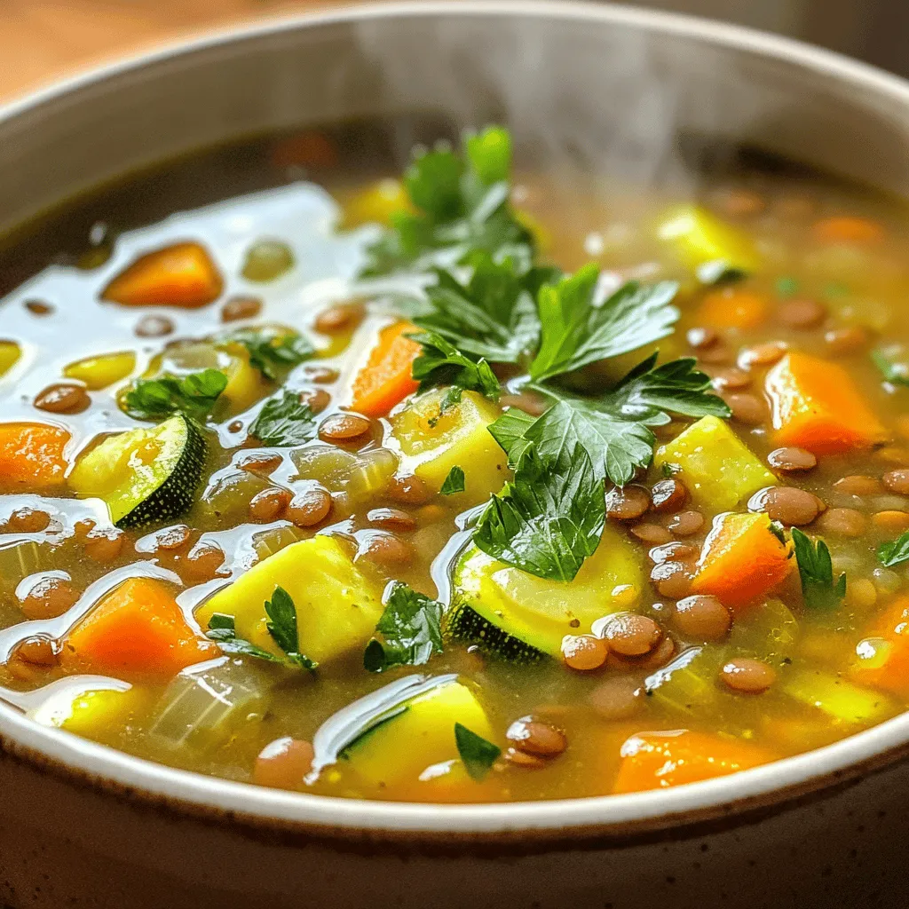 For this tasty Zucchini Lentil Soup, you will need: - 1 cup green or brown lentils, rinsed - 2 medium zucchinis, diced - 1 large carrot, chopped - 1 onion, chopped - 3 cloves garlic, minced - 4 cups vegetable broth - 1 can (14 oz) diced tomatoes - 1 teaspoon cumin - 1 teaspoon smoked paprika - 1/2 teaspoon turmeric - Salt and pepper to taste - 2 tablespoons olive oil - Fresh parsley or cilantro for garnish When measuring your ingredients, be precise for the best results. Rinse the lentils well to remove any dirt. Dice the zucchinis and chop the carrots and onion into small pieces. Mince the garlic finely to release its full flavor. Use fresh spices for the best taste. If you don’t have lentils, you can try beans or split peas. For zucchini, yellow squash works well. If you lack fresh herbs, dried herbs can be used. Use low-sodium broth for a lighter soup. You can also add spinach or kale for extra nutrition. This recipe is simple and allows for many personal touches. If you're curious about the whole process, check out the Full Recipe! To make Zucchini Lentil Soup, follow these steps carefully. Start by heating 2 tablespoons of olive oil in a large pot over medium heat. Add 1 chopped onion and sauté it for about 5 minutes. The onion should become soft and clear. Then, stir in 3 minced garlic cloves, 1 teaspoon cumin, 1 teaspoon smoked paprika, and 1/2 teaspoon turmeric. Cook this mix for 1-2 minutes until it smells great. Next, add 2 diced zucchinis and 1 large chopped carrot to the pot. Cook them for another 5 minutes. This helps the vegetables get a bit soft. After that, add 1 cup of rinsed green or brown lentils, 1 can of diced tomatoes with their juice, and 4 cups of vegetable broth. Stir everything well to mix it up. Now, bring the soup to a boil. Once it boils, turn the heat down low. Cover the pot and let it simmer for 30-35 minutes. This is the time for the lentils to become tender. Finally, season your soup with salt and pepper to taste. If you want a creamier soup, use an immersion blender to blend some of it. Leave some chunky bits for texture. Serve hot and top with fresh parsley or cilantro for a colorful touch. - Heating oil and sautéing onion: 5 minutes - Cooking garlic and spices: 1-2 minutes - Cooking zucchini and carrot: 5 minutes - Simmering soup: 30-35 minutes The total time for this soup is about 45 minutes from start to finish. To make your Zucchini Lentil Soup really shine, use fresh spices. Fresh spices add more taste than old ones. Also, try adding a squeeze of lemon juice right before serving. This adds brightness. If you like it spicy, add a pinch of red pepper flakes. For a heartier soup, toss in some chopped spinach or kale during the last few minutes of cooking. Remember, fresh herbs like parsley or cilantro on top make it look nice and taste even better. For the full recipe, check out the complete instructions listed above. Enjoy making this delicious soup! Store your soup in an airtight container. It keeps well in the fridge for up to five days. If you want to save it for longer, freeze it in portions. This way, you can enjoy it later. To reheat, just warm it on the stove or in the microwave. Stir occasionally to ensure it heats evenly. To boost flavor, add a squeeze of lemon juice before serving. Fresh herbs like basil or thyme can also add depth. If you like a spicy kick, try adding red pepper flakes. For a creamier texture, blend part of the soup with an immersion blender. This makes it rich while keeping some chunks for texture. Avoid overcooking the lentils. They should be tender but not mushy. If you add too much salt at once, it can overpower the soup. Taste as you go to find the right balance. Lastly, don’t skip the sautéing step. It builds a strong base for flavor and really makes a difference in the final dish. For a complete guide, check out the Full Recipe to make Zucchini Lentil Soup Delight. {{image_2}} This soup is naturally vegan and gluten-free. All the ingredients fit these diets. Use vegetable broth to keep it plant-based. If you want to check for gluten, read labels on packaged items. This way, you can be sure your meal meets your needs. You can change flavors by swapping ingredients. Try adding different herbs like thyme or basil. For a spicy kick, add a pinch of red pepper flakes. If you like creaminess, stir in some coconut milk instead of broth. You can also use sweet potatoes or bell peppers for added sweetness. Want to make your soup heartier? Add protein like chickpeas or cooked quinoa. These will boost protein levels without changing the flavor much. You can also toss in leafy greens like spinach or kale near the end of cooking. This adds nutrients and color to your bowl. For more ideas, check the Full Recipe for more variations. Freezing Zucchini Lentil Soup is easy and keeps it fresh. First, let the soup cool completely. Then, pour it into freezer-safe containers. Leave some space at the top because it will expand when frozen. You can also use freezer bags. Just flatten them to save space. Make sure to label with the date for easy tracking. Your soup will stay fresh in the fridge for about 3 to 5 days. Store it in an airtight container to keep it from drying out. Always check for any off smells or changes in texture before eating. If you notice anything odd, it’s best to toss it out. To reheat, pour the soup into a pot over low heat. Stir it often to avoid burning. You can also use a microwave. Just heat in short bursts, stirring in between. Make sure it’s heated all the way through before serving. If it seems too thick, add a splash of broth or water. Enjoy the warmth of your delicious soup! It takes about 30 to 35 minutes to cook lentils for soup. Start by rinsing the lentils to remove any dirt. Then, add them to your pot with the other ingredients. They will cook perfectly while the soup simmers. If you use pre-cooked lentils, the soup will be ready in about 15 minutes. Yes, you can use dried lentils instead of canned. Just remember to rinse them first. Dried lentils need a longer cooking time. They will add great texture and flavor to your soup. You will want to cook them until they are tender and soft, which takes about 30 to 35 minutes. You can serve Zucchini Lentil Soup with crusty bread or a fresh salad. A slice of warm bread pairs well. You could also enjoy it with a side of roasted veggies. For a special touch, add some grated cheese on top. Check out the Full Recipe for more ideas on delicious pairings! Zucchini lentil soup is easy and tasty. We covered all key steps to make it. You learned about the best ingredients, how to cook, and tips for flavor. Remember, you can make swaps for your diet needs. Store the soup well and enjoy leftovers. Try new ways to change the flavor too. Cooking can be fun and rewarding. This soup is a healthy choice for you. Enjoy every spoonful!