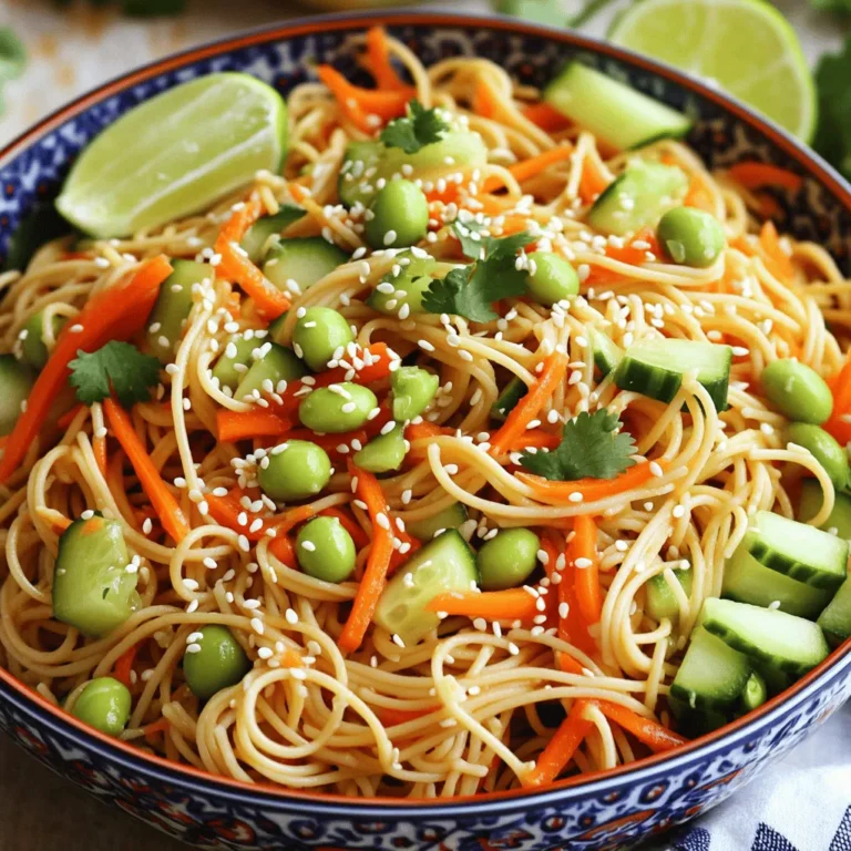 - 8 oz. whole wheat spaghetti or Asian noodles - 1 cup shredded carrots - 1 cucumber, julienned - 1 red bell pepper, thinly sliced - 1 cup edamame (cooked and shelled) - 1/4 cup green onions, chopped - 1/4 cup sesame seeds, toasted - 1/4 cup fresh cilantro, chopped The main ingredients of this salad create a colorful and tasty dish. The whole wheat spaghetti or Asian noodles serve as a great base. They soak up the dressing and add texture. Fresh vegetables like carrots, cucumber, and red bell pepper bring crunch and nutrition. Edamame adds protein, making this salad filling. Green onions give a nice bite, while sesame seeds and cilantro add flavor and garnish. - 3 tablespoons sesame oil - 2 tablespoons soy sauce (low sodium) - 2 tablespoons rice vinegar - 1 tablespoon honey (or maple syrup for vegan) - 1 teaspoon grated ginger - 1 garlic clove, minced - Salt and black pepper to taste The dressing is key to this salad. Sesame oil gives a rich, nutty flavor. Low-sodium soy sauce adds salt without overpowering. Rice vinegar adds brightness and tang. Honey or maple syrup balances the flavors with sweetness. Ginger and garlic enhance the taste with their boldness. Always season with salt and black pepper to enhance all the flavors. Before cooking, prep your vegetables and dressing. Wash and chop everything in advance. This step saves time and keeps the salad fresh. Fresh herbs and vegetables are important for the best taste. They help create a vibrant look and flavor. Take your time to ensure everything is ready. This way, you enjoy a beautiful and tasty salad. For the full recipe, refer to the previously shared details. To start, cook the whole wheat spaghetti or Asian noodles. Follow the package instructions carefully. Once the noodles are done, drain them well. Rinse them under cold water to stop the cooking. This step cools the noodles down quickly. Set them aside in a large bowl. While the noodles cook, it’s time to make the dressing. In a small bowl, whisk together these ingredients: - 3 tablespoons sesame oil - 2 tablespoons low sodium soy sauce - 2 tablespoons rice vinegar - 1 tablespoon honey (or maple syrup for a vegan option) - 1 teaspoon grated ginger - 1 minced garlic clove - Salt and black pepper to taste Whisk until smooth. If you want more sweetness, add more honey. If you need more salt, add a pinch of soy sauce. Taste it to find the right balance for you. In the bowl with the cooled noodles, add the colorful vegetables: - 1 cup shredded carrots - 1 cucumber, julienned - 1 red bell pepper, thinly sliced - 1 cup cooked and shelled edamame - 1/4 cup chopped green onions Pour the dressing over the noodles and veggies. Toss gently but thoroughly to coat everything evenly. Use a folding motion to avoid breaking the noodles. Finally, sprinkle 1/4 cup toasted sesame seeds and 1/4 cup chopped cilantro on top. Toss lightly again. For the best taste, let the salad sit in the fridge for 15-30 minutes. This helps the flavors mix well. Enjoy your fresh and tasty sesame noodle salad! For the complete preparation, check the Full Recipe. Serve your sesame noodle salad chilled for a refreshing bite. If you prefer, room temperature works too. Garnish the salad with fresh cilantro and lime wedges for a burst of flavor. Extra sesame seeds add a nice crunch and visual appeal. Boost the flavor with red pepper flakes or a splash of lime juice. These simple additions brighten the dish. Marinating the salad for 15-30 minutes helps the flavors meld. This resting time makes each bite tastier. One mistake is overcooking the noodles. This can lead to a mushy texture. Under-cooking vegetables can leave them too crunchy. Watch the cooking times closely. Also, avoid drenching the salad with too much dressing. A little goes a long way, so start small and add more if needed. {{image_2}} You can make your sesame noodle salad even better by adding protein. Try grilled chicken for a juicy bite. Shrimp works well too, bringing a sweet, ocean taste. If you prefer plant-based options, tofu is a great choice. It soaks up flavors nicely. When you add a protein, adjust the dressing. For chicken or shrimp, you might want a bit more soy sauce. For tofu, adding a touch of lime juice can give a fresh twist. If you want a vegan version, simply swap honey for maple syrup. This keeps the dressing sweet without using animal products. You can also add more plant-based proteins. Chickpeas or black beans can boost protein and fiber. They also add a lovely texture. Adding nuts like cashews or peanuts gives a nice crunch too. Make this salad your own by changing up the veggies. Use whatever is fresh and in season. In summer, try adding ripe tomatoes or bell peppers. In fall, root vegetables like sweet potatoes work well. You can even add fruits like mango or berries for a special touch. They add sweetness and contrast to the savory flavors. Explore different combinations to find your favorite mix. For the full recipe, check out the Crunchy Sesame Noodle Salad. To keep your sesame noodle salad fresh, store leftovers in the fridge. Use an airtight container to seal in flavor. If you have extra dressing, store it separately. This helps keep the noodles from getting soggy. You can also line the container with paper towels to absorb extra moisture. This salad stays fresh in the fridge for about 3 days. After that, the noodles may start to lose their crunch. Look for signs of spoilage like a sour smell or slimy noodles. If you see either, it’s best to toss it. To refresh your salad, add a little more dressing before serving. This helps revive the flavors. You can also mix in fresh veggies or herbs. If you want to use leftovers in other meals, try adding them to stir-fries or wraps. They make a great filling or side dish. For the full recipe, check out the Crunchy Sesame Noodle Salad. To make this salad gluten-free, you can use rice noodles or quinoa noodles instead of whole wheat spaghetti. For the sauce, swap regular soy sauce with tamari or coconut aminos. These options taste great and keep the dish gluten-free. Yes, you can make this salad ahead of time. Prepare the noodles, veggies, and dressing separately. Keep them in the fridge in airtight containers. When you are ready to serve, mix everything together. This way, the salad stays fresh and crunchy. This salad pairs well with grilled chicken or shrimp for added protein. You can also serve it with spring rolls or dumplings as tasty appetizers. For a light meal, try a simple soup or a side of steamed broccoli. The flavors balance nicely with many dishes. This blog post explored how to make a tasty sesame noodle salad. We covered key ingredients, including whole wheat spaghetti, fresh veggies, and a flavorful dressing. I shared step-by-step instructions, tips for serving, and common mistakes to avoid. For final thoughts, remember to experiment with proteins and seasonal veggies. Customize the flavors to fit your taste. Enjoy the ease of making this healthy dish at home. It's quick, satisfying, and perfect for any meal!