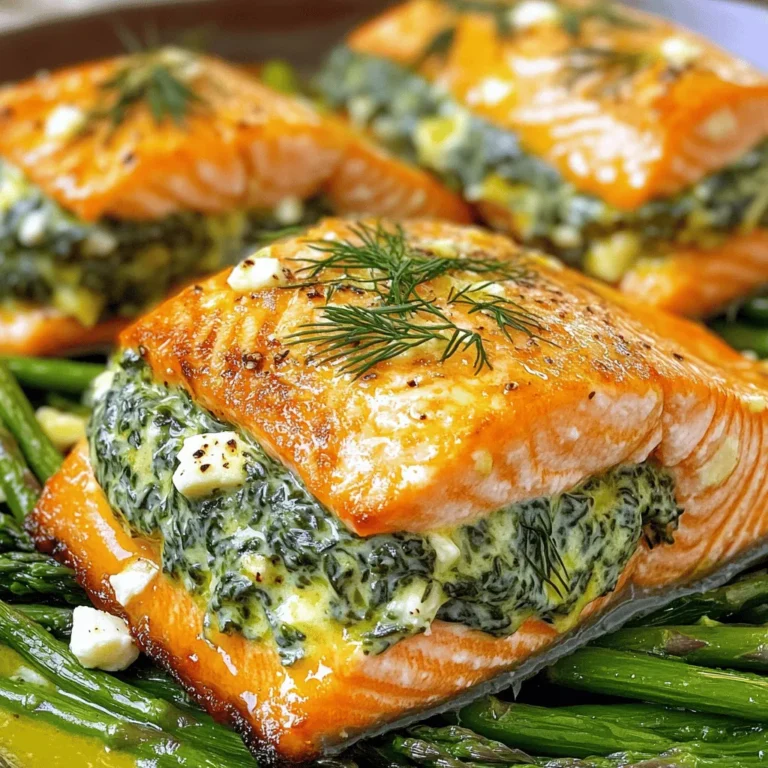 To make this creamy spinach stuffed salmon, you need simple and fresh ingredients. Here’s what you will use: - 4 salmon fillets, skinless - 2 cups fresh spinach, chopped - 1 cup cream cheese, softened - 1/2 cup feta cheese, crumbled - 1/4 cup grated Parmesan cheese - 2 cloves garlic, minced - 1 tablespoon olive oil - 1 teaspoon lemon juice - Salt and pepper to taste These ingredients create a rich, flavorful filling that pairs perfectly with salmon. The cream cheese adds creaminess, while feta offers tang. Spinach gives a fresh taste. Adding garnishes makes the dish look great and taste even better. Here are some options: - Fresh dill or parsley - Lemon wedges These garnishes add color and freshness. They also enhance the flavor of your dish. Having the right tools helps make cooking easier. You will need: - A skillet - A mixing bowl - A baking dish - Toothpicks (if needed) - A knife These tools help you prepare and cook the salmon. They ensure everything goes smoothly. If you want to see the full recipe, check it out here: [Full Recipe]. To start, gather your ingredients. You need: - 4 salmon fillets, skinless - 2 cups fresh spinach, chopped - 1 cup cream cheese, softened - 1/2 cup feta cheese, crumbled - 1/4 cup grated Parmesan cheese - 2 cloves garlic, minced - 1 tablespoon olive oil - 1 teaspoon lemon juice - Salt and pepper to taste - Fresh dill or parsley, for garnish First, preheat your oven to 375°F (190°C). This step helps cook the salmon evenly. Next, heat a skillet over medium heat. Add the olive oil and sauté minced garlic for about 1 minute. You want it fragrant but not burnt. Then, add the chopped spinach to the skillet. Cook until it wilts, which takes about 2-3 minutes. Remove the skillet from heat and let the spinach cool a bit. In a bowl, mix the softened cream cheese, feta cheese, grated Parmesan, sautéed spinach, lemon juice, salt, and pepper. Stir until combined, creating a creamy filling. Now, take your salmon fillets and place them on a cutting board. Make a slit in the side of each fillet. This creates a pocket for your filling. Next, generously fill each pocket with the creamy mixture. If needed, use toothpicks to secure the openings. Place the stuffed salmon fillets in a lightly greased baking dish. Bake in the preheated oven for 20-25 minutes. The salmon should cook through and flake easily with a fork. This timing ensures a moist and flavorful dish. To ensure you cook the salmon just right, use a meat thermometer. The internal temperature should reach 145°F (63°C). This helps you avoid overcooking, which can make the fish dry. Let the salmon rest for a few minutes after baking. This allows the juices to redistribute. For a beautiful finish, garnish with fresh dill or parsley. Serve it on a bed of sautéed asparagus or a light salad for a colorful plate. Enjoy your creamy spinach stuffed salmon! If you want the full recipe, check out the [Full Recipe]. When picking salmon, freshness is key. Look for bright, shiny skin without any brown spots. The flesh should be firm and spring back when you press it. Wild-caught salmon often has a richer taste than farmed salmon. If you can, ask your fishmonger for the best catch of the day. You can prepare this dish ahead for a busy weeknight. Make the creamy spinach filling and stuff the salmon up to one day before cooking. Wrap the salmon tightly in plastic wrap and store it in the fridge. This way, the flavors meld nicely. Just bake it when you’re ready to eat! Avoid these pitfalls for the best results. First, do not overstuff the salmon. Too much filling can make it hard to cook evenly. Second, don’t skip the resting time after baking. Letting it rest helps the juices settle. Lastly, be careful not to overcook the salmon. It should flake easily but still be moist. Enjoy your delicious meal! {{image_2}} You can switch up the cheeses in this recipe. Cream cheese gives a rich taste. Feta adds a nice tang. You can try goat cheese for a creamy twist. Mozzarella works well for a mild flavor. Each cheese brings a unique taste to the dish. Want to make this dish lighter? Use low-fat cream cheese. You can also swap out feta for a lower-fat cheese. Instead of olive oil, try using a cooking spray. This will cut down on extra calories while keeping the flavors intact. Adding fresh herbs can boost the dish's taste. Try basil or thyme for a fresh kick. A sprinkle of red pepper flakes adds heat if you want spice. For a zesty touch, squeeze more lemon juice before serving. These simple changes bring new life to the salmon. For the full recipe, check the details above. To store leftovers of creamy spinach stuffed salmon, let it cool first. Place the salmon in an airtight container. Keep it in the fridge for up to three days. This helps maintain its flavor and texture. If you have extra stuffing, store it in a separate container. Reheat the salmon gently to avoid drying it out. Preheat your oven to 350°F (175°C). Place the salmon on a baking sheet. Cover it with foil to keep moisture in. Heat for about 10-15 minutes. You can also use a microwave. Heat it on low power in short intervals. Check to ensure it warms evenly. You can freeze creamy spinach stuffed salmon for longer storage. Wrap each piece tightly in plastic wrap. Then, place it in a freezer-safe bag. It can last for up to three months in the freezer. To thaw, move it to the fridge overnight before reheating. This keeps the salmon moist and tasty. For the best results, avoid refreezing after thawing. Yes, you can use frozen salmon. Just make sure to thaw it first. Place it in the fridge overnight or submerge it in cold water for faster thawing. Frozen salmon works well, but fresh salmon gives the best flavor and texture. You can pair this dish with many sides. Here are a few ideas: - Sautéed asparagus - Lemon rice - Garlic mashed potatoes - A light salad with vinaigrette - Steamed broccoli These sides will balance the rich flavors of the salmon. To check if salmon is cooked, look for a few signs: - The flesh should be opaque and flake easily with a fork. - The internal temperature should reach 145°F (63°C). - The color should change from bright pink to pale pink. These tips will help ensure your salmon is safe and tasty. For the full recipe, check the details above. In this article, we covered how to make creamy spinach stuffed salmon. We looked at key ingredients, preparation, and baking steps. I shared tips for choosing the best salmon, making ahead, and avoiding common mistakes. You also learned about tasty cheese swaps and ways to enhance flavor. Lastly, I explained how to store, reheat, and freeze leftovers. Enjoy this dish that combines ease and flavor. With practice, you’ll master it!
