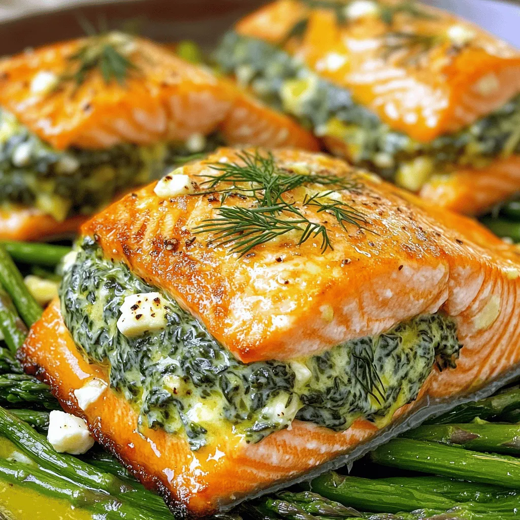 To make this creamy spinach stuffed salmon, you need simple and fresh ingredients. Here’s what you will use: - 4 salmon fillets, skinless - 2 cups fresh spinach, chopped - 1 cup cream cheese, softened - 1/2 cup feta cheese, crumbled - 1/4 cup grated Parmesan cheese - 2 cloves garlic, minced - 1 tablespoon olive oil - 1 teaspoon lemon juice - Salt and pepper to taste These ingredients create a rich, flavorful filling that pairs perfectly with salmon. The cream cheese adds creaminess, while feta offers tang. Spinach gives a fresh taste. Adding garnishes makes the dish look great and taste even better. Here are some options: - Fresh dill or parsley - Lemon wedges These garnishes add color and freshness. They also enhance the flavor of your dish. Having the right tools helps make cooking easier. You will need: - A skillet - A mixing bowl - A baking dish - Toothpicks (if needed) - A knife These tools help you prepare and cook the salmon. They ensure everything goes smoothly. If you want to see the full recipe, check it out here: [Full Recipe]. To start, gather your ingredients. You need: - 4 salmon fillets, skinless - 2 cups fresh spinach, chopped - 1 cup cream cheese, softened - 1/2 cup feta cheese, crumbled - 1/4 cup grated Parmesan cheese - 2 cloves garlic, minced - 1 tablespoon olive oil - 1 teaspoon lemon juice - Salt and pepper to taste - Fresh dill or parsley, for garnish First, preheat your oven to 375°F (190°C). This step helps cook the salmon evenly. Next, heat a skillet over medium heat. Add the olive oil and sauté minced garlic for about 1 minute. You want it fragrant but not burnt. Then, add the chopped spinach to the skillet. Cook until it wilts, which takes about 2-3 minutes. Remove the skillet from heat and let the spinach cool a bit. In a bowl, mix the softened cream cheese, feta cheese, grated Parmesan, sautéed spinach, lemon juice, salt, and pepper. Stir until combined, creating a creamy filling. Now, take your salmon fillets and place them on a cutting board. Make a slit in the side of each fillet. This creates a pocket for your filling. Next, generously fill each pocket with the creamy mixture. If needed, use toothpicks to secure the openings. Place the stuffed salmon fillets in a lightly greased baking dish. Bake in the preheated oven for 20-25 minutes. The salmon should cook through and flake easily with a fork. This timing ensures a moist and flavorful dish. To ensure you cook the salmon just right, use a meat thermometer. The internal temperature should reach 145°F (63°C). This helps you avoid overcooking, which can make the fish dry. Let the salmon rest for a few minutes after baking. This allows the juices to redistribute. For a beautiful finish, garnish with fresh dill or parsley. Serve it on a bed of sautéed asparagus or a light salad for a colorful plate. Enjoy your creamy spinach stuffed salmon! If you want the full recipe, check out the [Full Recipe]. When picking salmon, freshness is key. Look for bright, shiny skin without any brown spots. The flesh should be firm and spring back when you press it. Wild-caught salmon often has a richer taste than farmed salmon. If you can, ask your fishmonger for the best catch of the day. You can prepare this dish ahead for a busy weeknight. Make the creamy spinach filling and stuff the salmon up to one day before cooking. Wrap the salmon tightly in plastic wrap and store it in the fridge. This way, the flavors meld nicely. Just bake it when you’re ready to eat! Avoid these pitfalls for the best results. First, do not overstuff the salmon. Too much filling can make it hard to cook evenly. Second, don’t skip the resting time after baking. Letting it rest helps the juices settle. Lastly, be careful not to overcook the salmon. It should flake easily but still be moist. Enjoy your delicious meal! {{image_2}} You can switch up the cheeses in this recipe. Cream cheese gives a rich taste. Feta adds a nice tang. You can try goat cheese for a creamy twist. Mozzarella works well for a mild flavor. Each cheese brings a unique taste to the dish. Want to make this dish lighter? Use low-fat cream cheese. You can also swap out feta for a lower-fat cheese. Instead of olive oil, try using a cooking spray. This will cut down on extra calories while keeping the flavors intact. Adding fresh herbs can boost the dish's taste. Try basil or thyme for a fresh kick. A sprinkle of red pepper flakes adds heat if you want spice. For a zesty touch, squeeze more lemon juice before serving. These simple changes bring new life to the salmon. For the full recipe, check the details above. To store leftovers of creamy spinach stuffed salmon, let it cool first. Place the salmon in an airtight container. Keep it in the fridge for up to three days. This helps maintain its flavor and texture. If you have extra stuffing, store it in a separate container. Reheat the salmon gently to avoid drying it out. Preheat your oven to 350°F (175°C). Place the salmon on a baking sheet. Cover it with foil to keep moisture in. Heat for about 10-15 minutes. You can also use a microwave. Heat it on low power in short intervals. Check to ensure it warms evenly. You can freeze creamy spinach stuffed salmon for longer storage. Wrap each piece tightly in plastic wrap. Then, place it in a freezer-safe bag. It can last for up to three months in the freezer. To thaw, move it to the fridge overnight before reheating. This keeps the salmon moist and tasty. For the best results, avoid refreezing after thawing. Yes, you can use frozen salmon. Just make sure to thaw it first. Place it in the fridge overnight or submerge it in cold water for faster thawing. Frozen salmon works well, but fresh salmon gives the best flavor and texture. You can pair this dish with many sides. Here are a few ideas: - Sautéed asparagus - Lemon rice - Garlic mashed potatoes - A light salad with vinaigrette - Steamed broccoli These sides will balance the rich flavors of the salmon. To check if salmon is cooked, look for a few signs: - The flesh should be opaque and flake easily with a fork. - The internal temperature should reach 145°F (63°C). - The color should change from bright pink to pale pink. These tips will help ensure your salmon is safe and tasty. For the full recipe, check the details above. In this article, we covered how to make creamy spinach stuffed salmon. We looked at key ingredients, preparation, and baking steps. I shared tips for choosing the best salmon, making ahead, and avoiding common mistakes. You also learned about tasty cheese swaps and ways to enhance flavor. Lastly, I explained how to store, reheat, and freeze leftovers. Enjoy this dish that combines ease and flavor. With practice, you’ll master it!