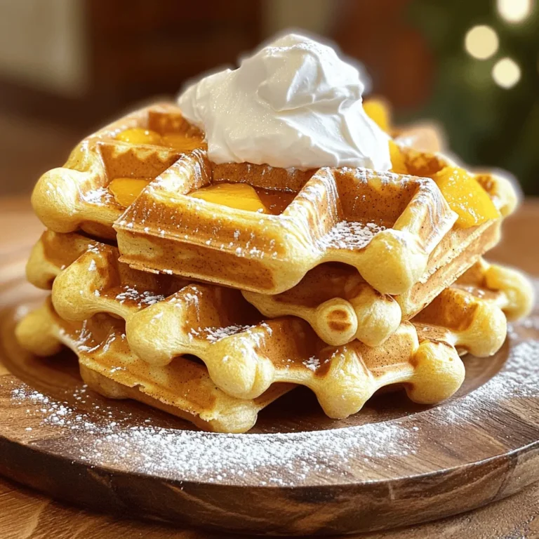 To make delicious peach cobbler waffles, you will need these key ingredients: - 1 ½ cups all-purpose flour - 2 tablespoons sugar - 1 tablespoon baking powder - ½ teaspoon salt - 1 cup buttermilk - 2 large eggs - ½ cup unsalted butter, melted - 1 teaspoon vanilla extract - 2 cups fresh peaches, peeled and diced - 1 teaspoon cinnamon - ½ teaspoon nutmeg These ingredients combine to make a fluffy and flavorful waffle base, filled with sweet peaches. While the waffles are tasty on their own, adding toppings can elevate them. Here are some great options: - Whipped cream - Vanilla ice cream - Maple syrup - Extra cinnamon or nutmeg Feel free to mix and match. Each topping adds its own twist to the flavor. Having the right tools makes cooking easier. For peach cobbler waffles, you will need: - Waffle iron - Large mixing bowls - Whisk - Measuring cups and spoons - Spatula These tools help ensure that your waffles come out perfect and delicious. For the full recipe, check the instructions and get cooking! To start, gather all your ingredients. You will need flour, sugar, baking powder, salt, buttermilk, eggs, melted butter, vanilla, peaches, cinnamon, and nutmeg. 1. Preheat the Waffle Iron: Turn on your waffle iron to preheat. This helps make crispy waffles. 2. Mix Dry Ingredients: In a large bowl, whisk the flour, sugar, baking powder, and salt. Make sure they blend well. 3. Combine Wet Ingredients: In another bowl, beat the buttermilk, eggs, melted butter, and vanilla. Mix until smooth. 4. Combine Both Mixtures: Pour the wet mix into the dry ingredients. Stir gently until just combined. It’s okay if there are small lumps. 5. Prepare the Peaches: In a small bowl, mix the diced peaches with cinnamon and nutmeg. Fold this peach mix into the batter. Be careful not to break the peaches. Now, it’s time to cook! 1. Grease the Waffle Iron: Lightly spray the preheated iron with cooking spray or butter. 2. Add the Batter: Pour about ½ to ¾ cup of batter onto the hot iron. Close the lid. 3. Cook: Follow the manufacturer’s instructions to cook. Usually, it takes about 4-5 minutes. You want them golden brown and crispy. Once your waffles are cooked, it’s time to enjoy! - Serve Warm: Carefully take out the waffles and serve them right away. - Toppings: Add a dollop of whipped cream or a scoop of vanilla ice cream on top. - Drizzle: Don’t forget to drizzle with maple syrup for extra sweetness. This recipe is all about bringing joy to your breakfast table. For the full recipe, check out the detailed instructions above! To get the best waffle texture, focus on your batter. Here are some tips: - Don’t Overmix: Mix the wet and dry ingredients just until combined. A few lumps are okay. - Rest the Batter: Let the batter sit for about 5-10 minutes. This helps the waffles puff up nicely. - Preheat the Waffle Iron: Ensure your waffle iron is hot before pouring in the batter. This gives you a crispy outside and soft inside. Many people make simple mistakes. Here are some to watch out for: - Skipping the Peaches: Don’t skip adding spiced peaches. They give flavor and sweetness. - Not Greasing the Iron: Always lightly grease your waffle iron. This helps with easy removal. - Using Cold Ingredients: Use room temperature eggs and buttermilk. This helps the batter mix well. Waffles taste great with many toppings. Here are some ideas: - Whipped Cream: A dollop of whipped cream adds richness. - Ice Cream: Vanilla ice cream makes it a dessert to remember. - Maple Syrup: Drizzle warm maple syrup for a sweet finish. By following these tips and tricks, you can enjoy perfect peach cobbler waffles every time. For the complete steps, check out the Full Recipe. {{image_2}} You can switch up the fruit in your waffles. Try using ripe berries, apples, or pears. Each fruit brings its own flavor and sweetness. Blueberries add a nice pop of color and taste. Apples give a crisp texture and warm flavor. You can even mix different fruits together for a fun twist. Just remember to adjust the spices to fit the fruit you choose. If you need a gluten-free option, it’s easy to adapt this recipe. Swap out all-purpose flour for a gluten-free blend. Make sure it has a good mix of starches and flours. You can also add a little xanthan gum to help with texture. This will keep your waffles light and fluffy. Check the labels on your baking powder as some may contain gluten. Don’t be afraid to get creative with spices! Besides cinnamon and nutmeg, you can add ginger or cardamom. These spices can warm up the flavor. You can also try adding a splash of almond or maple extract for extra depth. Each spice or flavor will change the taste and make your waffles unique. Experiment and find your favorite combination! For the full recipe, visit the complete guide. To store leftover waffles, let them cool completely. Place them in an airtight container. You can also use a resealable plastic bag for easy storage. Keep them in the fridge for up to three days. This keeps your waffles fresh and ready to enjoy again. When you want to eat your leftover waffles, you can reheat them easily. The best way is to use a toaster or an oven. For a toaster, pop them in until warm and crispy. If using an oven, preheat it to 350°F (175°C). Place the waffles on a baking sheet and heat for about 10 minutes. This way, they taste just like fresh! If you want to save your waffles for a longer time, freezing is a great option. First, make sure they are completely cool. Then, place a piece of parchment paper between each waffle. This prevents them from sticking together. Wrap them tightly in plastic wrap and put them in a freezer-safe bag. You can freeze them for up to three months. When you're ready to eat, just reheat as mentioned above. Enjoy your Peach Cobbler Waffles anytime! I recommend using fresh, ripe peaches. Freestone peaches work well, as they are easy to slice. You can also use clingstone peaches, but they are harder to pit. Look for peaches that are firm yet slightly soft to the touch. Their sweetness adds great flavor to the waffles. Yes, you can! If you don’t have buttermilk, use regular milk with a splash of vinegar or lemon juice. Let it sit for about five minutes. This trick will give you a similar tangy flavor. You can also use yogurt thinned with a bit of water. You can make the waffles ahead of time and store them. Let them cool completely, then place them in an airtight container. They can last in the fridge for up to three days. For longer storage, freeze them in a single layer on a baking sheet, then transfer to a freezer bag. To reheat, pop them in a toaster or oven until warm. For the full recipe, check out the details provided earlier. Peach cobbler waffles are a tasty treat you can easily make at home. We shared the main ingredients, tools, and step-by-step instructions to help you succeed. You'll find tips to avoid common mistakes and ways to tweak the recipe to suit your taste. Don't forget about storage and reheating options for leftovers. With this guide, I hope you feel ready to whip up something delicious. Enjoy your cooking adventure and the sweet reward of your waffles!