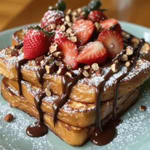 To create a delicious Chocolate Hazelnut French Toast, gather these main ingredients: - 4 slices of thick brioche or challah bread - 2 large eggs - ½ cup milk (dairy or non-dairy) - 2 tablespoons chocolate hazelnut spread (like Nutella) - 1 teaspoon vanilla extract - 1 teaspoon ground cinnamon - 1 tablespoon butter (for cooking) - Fresh hazelnuts, crushed (for topping) - Fresh strawberries, sliced (for garnish) - Powdered sugar (for dusting) Each ingredient plays a vital role. The bread gives a rich base, while the eggs and milk create a creamy custard. The chocolate hazelnut spread adds sweetness and flavor. Vanilla and cinnamon enhance the dish, making each bite heavenly. When selecting bread for your French toast, thick slices work best. Brioche and challah are perfect due to their soft texture. They soak up the custard well without falling apart. Look for bread that feels fresh and springy. Avoid stale or dry bread, as it won’t absorb the mixture nicely. If you want a unique twist, try sourdough or whole grain bread for added flavor. If you prefer dairy-free options, there are great substitutes. Almond milk, oat milk, or coconut milk can replace regular milk. They offer a creamy texture and complement the chocolate flavor. For vegan options, use a flax egg instead of regular eggs. Mix one tablespoon of ground flaxseed with three tablespoons of water, then let it sit for five minutes. This will help bind your mixture without using eggs. For the full recipe, you can follow the instructions provided earlier. First, grab a shallow dish. You will mix the eggs and milk here. Crack 2 large eggs into the dish. Add ½ cup of milk, either dairy or non-dairy. Then, add 2 tablespoons of chocolate hazelnut spread. I love using Nutella for its rich flavor. Next, pour in 1 teaspoon of vanilla extract and 1 teaspoon of ground cinnamon. Whisk everything together until smooth. Make sure the chocolate hazelnut spread blends in well. This mixture will coat the bread perfectly. Now, heat a non-stick skillet over medium heat. Add 1 tablespoon of butter to the skillet. Let the butter melt and coat the bottom. Dip each slice of brioche bread in the egg mixture. Soak each side for about 15-20 seconds. Be gentle to keep the bread intact. Place the soaked slices onto the skillet. Cook them for 3-4 minutes on each side. Look for a golden brown color and a slight crisp. Repeat this step for all slices. If needed, add more butter as you cook. Once cooked, transfer the French toast to plates. For a lovely touch, sprinkle crushed hazelnuts on top. Add sliced fresh strawberries for a pop of color. Finally, dust the toast with powdered sugar. This makes it look even more delightful. Serve warm. If you like, add more chocolate hazelnut spread on the side for dipping. Enjoy every bite of this delicious breakfast. You can find the full recipe if you need more details! To make the best Chocolate Hazelnut French Toast, focus on the bread. Use thick slices of brioche or challah. These types soak up the egg mixture well. Soak each slice for 15-20 seconds on each side. Don't let them get too soggy, or they will fall apart. Cooking on medium heat gives a nice golden color. A non-stick skillet helps prevent sticking and makes flipping easier. One common mistake is not whisking the egg mixture enough. Mix well to incorporate the chocolate hazelnut spread completely. If you skip this step, your French toast may have dry spots. Another mistake is cooking at too high a heat. This can burn the outside while leaving the inside raw. Always check your heat and adjust as needed. You can boost the flavor of your French toast with a few extras. Try adding a pinch of salt to the egg mixture. This enhances the sweetness of the chocolate hazelnut spread. You can also mix in a bit of orange zest for a refreshing twist. Fresh berries add a juicy burst when you bite in. For a crunchy topping, sprinkle crushed hazelnuts on top. These small changes can make a big difference in taste. For the full recipe, check the earlier section. {{image_2}} If you want a nut-free version of Chocolate Hazelnut French Toast, you can swap the chocolate hazelnut spread. Use a chocolate spread made from cocoa and sugar without nuts. You can also try sunflower seed butter. It gives a creamy texture and nutty flavor without using nuts. Just make sure to check labels for any hidden nut ingredients. Toppings can make your French toast even better. Here are some ideas: - Sliced bananas for a fruity taste. - A drizzle of maple syrup for sweetness. - Whipped cream for a fluffy touch. - A sprinkle of coconut flakes for crunch. - A scoop of vanilla ice cream for a dessert twist. You can mix and match these toppings to create your perfect dish. Get creative and have fun with it! For a gluten-free option, choose gluten-free bread. Many stores sell gluten-free bread made from rice or almond flour. You can also make your own at home. Just follow the same recipe steps, and you’ll have a delicious gluten-free treat. Make sure all other ingredients are gluten-free too, especially the chocolate spread. Enjoy your French toast without worry! For the full recipe, check the earlier section. To store leftover French toast, place it in an airtight container. Let it cool first. Make sure to separate each slice with parchment paper. This prevents sticking. Keep it in the fridge for up to three days. If you want to enjoy it later, freezing is a great option. When reheating French toast, use a skillet or toaster oven. Heat it on medium-low. This keeps it warm and crispy. Avoid using a microwave since it makes the texture soggy. Cook each side for about two minutes until warm. You can add a bit of butter for extra flavor. To freeze French toast, wrap each slice in plastic wrap. Place the wrapped slices in a freezer bag. Press out as much air as possible. This helps prevent freezer burn. You can freeze it for up to two months. When ready to eat, thaw it in the fridge overnight before reheating. Enjoy your Chocolate Hazelnut French Toast again with ease! You can use almond butter, peanut butter, or sunflower seed butter. Each option adds its own flavor. If you want a sweet touch, try adding a bit of honey or maple syrup. For a chocolate flavor, use cocoa powder mixed with nut butter. This way, you can still enjoy a tasty breakfast. Yes, you can prepare the egg mixture in advance. Store it in the fridge overnight. Just remember to let it sit at room temperature for a bit before cooking. You can also cook the French toast and heat it later. Reheat in a toaster or skillet for a quick meal. To make this dish vegan, use plant-based milk and a flax egg. To create a flax egg, mix one tablespoon of ground flaxseed with three tablespoons of water. Let it sit for five minutes until it thickens. Substitute the chocolate hazelnut spread with a vegan option or a nut butter mixed with cocoa powder. This way, you still enjoy a rich flavor. For the complete cooking process, check the Full Recipe. This blog post covered how to make delicious Chocolate Hazelnut French Toast. We looked at key ingredients, tips for bread selection, and dairy alternatives. I shared step-by-step instructions, cooking tips, and clever tricks to enhance texture and flavor. We also explored variations, like nut-free and gluten-free options, along with smart storage ideas. Remember, this dish offers room to get creative. Enjoy experimenting and make it your own! Each bite promises a sweet reward.