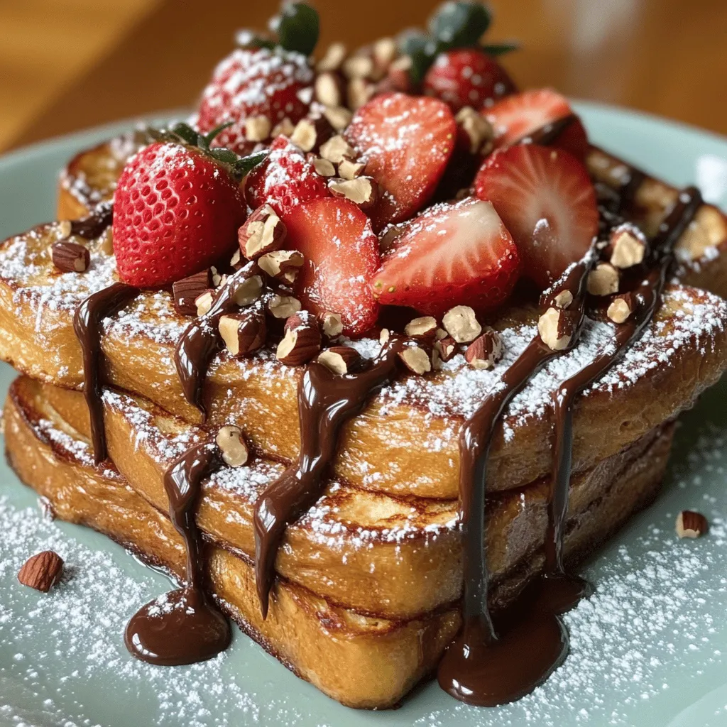 To create a delicious Chocolate Hazelnut French Toast, gather these main ingredients: - 4 slices of thick brioche or challah bread - 2 large eggs - ½ cup milk (dairy or non-dairy) - 2 tablespoons chocolate hazelnut spread (like Nutella) - 1 teaspoon vanilla extract - 1 teaspoon ground cinnamon - 1 tablespoon butter (for cooking) - Fresh hazelnuts, crushed (for topping) - Fresh strawberries, sliced (for garnish) - Powdered sugar (for dusting) Each ingredient plays a vital role. The bread gives a rich base, while the eggs and milk create a creamy custard. The chocolate hazelnut spread adds sweetness and flavor. Vanilla and cinnamon enhance the dish, making each bite heavenly. When selecting bread for your French toast, thick slices work best. Brioche and challah are perfect due to their soft texture. They soak up the custard well without falling apart. Look for bread that feels fresh and springy. Avoid stale or dry bread, as it won’t absorb the mixture nicely. If you want a unique twist, try sourdough or whole grain bread for added flavor. If you prefer dairy-free options, there are great substitutes. Almond milk, oat milk, or coconut milk can replace regular milk. They offer a creamy texture and complement the chocolate flavor. For vegan options, use a flax egg instead of regular eggs. Mix one tablespoon of ground flaxseed with three tablespoons of water, then let it sit for five minutes. This will help bind your mixture without using eggs. For the full recipe, you can follow the instructions provided earlier. First, grab a shallow dish. You will mix the eggs and milk here. Crack 2 large eggs into the dish. Add ½ cup of milk, either dairy or non-dairy. Then, add 2 tablespoons of chocolate hazelnut spread. I love using Nutella for its rich flavor. Next, pour in 1 teaspoon of vanilla extract and 1 teaspoon of ground cinnamon. Whisk everything together until smooth. Make sure the chocolate hazelnut spread blends in well. This mixture will coat the bread perfectly. Now, heat a non-stick skillet over medium heat. Add 1 tablespoon of butter to the skillet. Let the butter melt and coat the bottom. Dip each slice of brioche bread in the egg mixture. Soak each side for about 15-20 seconds. Be gentle to keep the bread intact. Place the soaked slices onto the skillet. Cook them for 3-4 minutes on each side. Look for a golden brown color and a slight crisp. Repeat this step for all slices. If needed, add more butter as you cook. Once cooked, transfer the French toast to plates. For a lovely touch, sprinkle crushed hazelnuts on top. Add sliced fresh strawberries for a pop of color. Finally, dust the toast with powdered sugar. This makes it look even more delightful. Serve warm. If you like, add more chocolate hazelnut spread on the side for dipping. Enjoy every bite of this delicious breakfast. You can find the full recipe if you need more details! To make the best Chocolate Hazelnut French Toast, focus on the bread. Use thick slices of brioche or challah. These types soak up the egg mixture well. Soak each slice for 15-20 seconds on each side. Don't let them get too soggy, or they will fall apart. Cooking on medium heat gives a nice golden color. A non-stick skillet helps prevent sticking and makes flipping easier. One common mistake is not whisking the egg mixture enough. Mix well to incorporate the chocolate hazelnut spread completely. If you skip this step, your French toast may have dry spots. Another mistake is cooking at too high a heat. This can burn the outside while leaving the inside raw. Always check your heat and adjust as needed. You can boost the flavor of your French toast with a few extras. Try adding a pinch of salt to the egg mixture. This enhances the sweetness of the chocolate hazelnut spread. You can also mix in a bit of orange zest for a refreshing twist. Fresh berries add a juicy burst when you bite in. For a crunchy topping, sprinkle crushed hazelnuts on top. These small changes can make a big difference in taste. For the full recipe, check the earlier section. {{image_2}} If you want a nut-free version of Chocolate Hazelnut French Toast, you can swap the chocolate hazelnut spread. Use a chocolate spread made from cocoa and sugar without nuts. You can also try sunflower seed butter. It gives a creamy texture and nutty flavor without using nuts. Just make sure to check labels for any hidden nut ingredients. Toppings can make your French toast even better. Here are some ideas: - Sliced bananas for a fruity taste. - A drizzle of maple syrup for sweetness. - Whipped cream for a fluffy touch. - A sprinkle of coconut flakes for crunch. - A scoop of vanilla ice cream for a dessert twist. You can mix and match these toppings to create your perfect dish. Get creative and have fun with it! For a gluten-free option, choose gluten-free bread. Many stores sell gluten-free bread made from rice or almond flour. You can also make your own at home. Just follow the same recipe steps, and you’ll have a delicious gluten-free treat. Make sure all other ingredients are gluten-free too, especially the chocolate spread. Enjoy your French toast without worry! For the full recipe, check the earlier section. To store leftover French toast, place it in an airtight container. Let it cool first. Make sure to separate each slice with parchment paper. This prevents sticking. Keep it in the fridge for up to three days. If you want to enjoy it later, freezing is a great option. When reheating French toast, use a skillet or toaster oven. Heat it on medium-low. This keeps it warm and crispy. Avoid using a microwave since it makes the texture soggy. Cook each side for about two minutes until warm. You can add a bit of butter for extra flavor. To freeze French toast, wrap each slice in plastic wrap. Place the wrapped slices in a freezer bag. Press out as much air as possible. This helps prevent freezer burn. You can freeze it for up to two months. When ready to eat, thaw it in the fridge overnight before reheating. Enjoy your Chocolate Hazelnut French Toast again with ease! You can use almond butter, peanut butter, or sunflower seed butter. Each option adds its own flavor. If you want a sweet touch, try adding a bit of honey or maple syrup. For a chocolate flavor, use cocoa powder mixed with nut butter. This way, you can still enjoy a tasty breakfast. Yes, you can prepare the egg mixture in advance. Store it in the fridge overnight. Just remember to let it sit at room temperature for a bit before cooking. You can also cook the French toast and heat it later. Reheat in a toaster or skillet for a quick meal. To make this dish vegan, use plant-based milk and a flax egg. To create a flax egg, mix one tablespoon of ground flaxseed with three tablespoons of water. Let it sit for five minutes until it thickens. Substitute the chocolate hazelnut spread with a vegan option or a nut butter mixed with cocoa powder. This way, you still enjoy a rich flavor. For the complete cooking process, check the Full Recipe. This blog post covered how to make delicious Chocolate Hazelnut French Toast. We looked at key ingredients, tips for bread selection, and dairy alternatives. I shared step-by-step instructions, cooking tips, and clever tricks to enhance texture and flavor. We also explored variations, like nut-free and gluten-free options, along with smart storage ideas. Remember, this dish offers room to get creative. Enjoy experimenting and make it your own! Each bite promises a sweet reward.