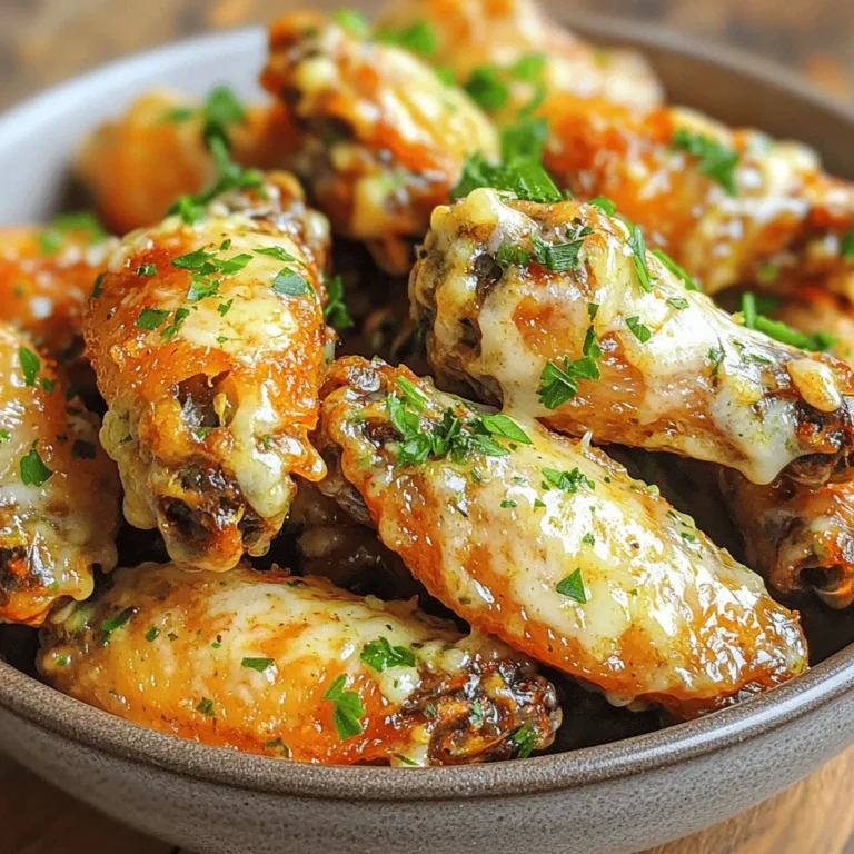 To make Garlic Parmesan Air Fryer Wings, you need fresh and simple ingredients. Here’s what you’ll need: - 2 pounds chicken wings - 4 tablespoons olive oil - 6 cloves garlic, minced - 1 teaspoon Italian seasoning - ½ teaspoon paprika - ½ teaspoon black pepper - 1 teaspoon salt - ½ cup grated Parmesan cheese - 2 tablespoons fresh parsley, chopped (for garnish) These ingredients combine to create a flavor-packed snack. The chicken wings are juicy and tender inside while crispy outside. The garlic and Parmesan cheese make them rich and tasty. You can find the Full Recipe to see how to bring these flavors together step by step. First, preheat your air fryer to 400°F (200°C). This step is key. It helps make your wings crispy and golden. Take a moment to set it up before you start prepping the wings. Next, grab a large mixing bowl. Add 2 pounds of chicken wings to it. Pour in 4 tablespoons of olive oil. Then, add 6 minced garlic cloves, 1 teaspoon of Italian seasoning, ½ teaspoon of paprika, ½ teaspoon of black pepper, and 1 teaspoon of salt. Use your hands to mix everything well. Make sure all the wings get a good coat of oil and spices. Now, place the wings in the air fryer basket. Lay them in a single layer. This helps them cook evenly. Cook the wings for 25-30 minutes. Halfway through, shake the basket gently. This will ensure even cooking. Keep an eye on them. You want them to be crispy and golden-brown. Once the wings are cooked, take them out carefully. Transfer them to a large bowl. While they are still hot, sprinkle ½ cup of grated Parmesan cheese on top. Toss the wings gently to coat them with cheese. Finally, add 2 tablespoons of chopped fresh parsley for a nice touch. Serve and enjoy your delicious Garlic Parmesan Air Fryer Wings! For the full recipe, click here. To make your wings crispy, use a good amount of olive oil. This helps the wings brown well. Don’t overcrowd the air fryer basket. It’s best to cook in batches. Shake the basket halfway through cooking. This ensures even crispiness all around. To boost flavor, try adding more spices. You can use cayenne for heat. A little lemon zest adds freshness. You can also mix in some smoked paprika for a deeper taste. For a cheesy kick, toss in extra Parmesan after cooking. These small changes can make a big difference! Serve these wings hot, right out of the fryer. They pair well with dipping sauces like ranch or blue cheese. You can also serve them with celery sticks for crunch. For a fun twist, place them on a bed of mixed greens. This makes a tasty and colorful platter for parties. Check out the Full Recipe for more ideas! {{image_2}} To make spicy garlic Parmesan wings, add some heat. Use 1-2 teaspoons of cayenne pepper or chili flakes. Mix this with the garlic, olive oil, and other seasonings. This adds a kick that pairs well with the rich cheese. Taste the balance of heat and flavor for the best result. For a fresh twist, add herbs to the mix. You can use fresh rosemary, thyme, or basil. Chop them finely and include them in the seasoning mix. These herbs enhance the taste and give the wings a garden-fresh aroma. This variation brings a unique flair to each bite. While air frying gives crispy results, you can try other cooking methods. Baking is an option. Spread the wings on a baking sheet and cook at 400°F (200°C) for 40-45 minutes. Broiling is another method. Broil the wings for 5-7 minutes after baking for extra crispiness. Each method offers a different texture, so feel free to experiment! For the full recipe, check out the Garlic Parmesan Air Fryer Wings section. After enjoying your garlic Parmesan air fryer wings, let them cool first. Place them in an airtight container. This keeps them fresh and tasty. Store them in the fridge for up to three days. Make sure they are covered well to avoid drying out. When you want to enjoy leftovers, use the air fryer for the best result. Set your air fryer to 350°F (175°C). Heat the wings for about 5-7 minutes. This keeps them crispy on the outside and warm inside. You can also use a microwave, but the wings might get soggy. To freeze, pack the wings in a freezer-safe bag. Be sure to remove as much air as possible. Label the bag with the date. They can stay in the freezer for up to two months. When ready to eat, thaw in the fridge overnight. Then, reheat in the air fryer for the best taste. For the full recipe, check out the instructions again. You can simplify this recipe in a few ways. First, use pre-seasoned wings. These are found in many stores. Second, you can mix the spices in advance. This saves time when you cook. Lastly, skip the garnishing step if you want a quicker meal. You can still enjoy the great taste without extra steps. These wings pair well with many sides. Try serving them with celery sticks and carrot sticks. They add a nice crunch. A side of ranch or blue cheese dressing also fits well. You can also serve them with a light salad for freshness. Another option is some crispy fries for a classic combo. Yes, you can use frozen chicken wings. Just remember to thaw them first. You can do this in the fridge overnight or in cold water. Once thawed, follow the recipe as usual. Cooking time may need adjustment, so check for doneness. To check if the wings are done, look for a crispy and golden-brown color. The internal temperature should reach 165°F (74°C). Use a meat thermometer for accuracy. If you do not have one, cut into a wing. The meat should be white, not pink. Enjoy your perfectly cooked wings! You learned how to make delicious Garlic Parmesan Air Fryer Wings. We covered the ingredients, cooking steps, and tips for the best results. Remember to adjust flavors based on your taste and try different variations. Storing and reheating are easy, making these wings a great snack anytime. Enjoy the crispiness and the rich flavor with friends or family. Make wings your new favorite meal today!