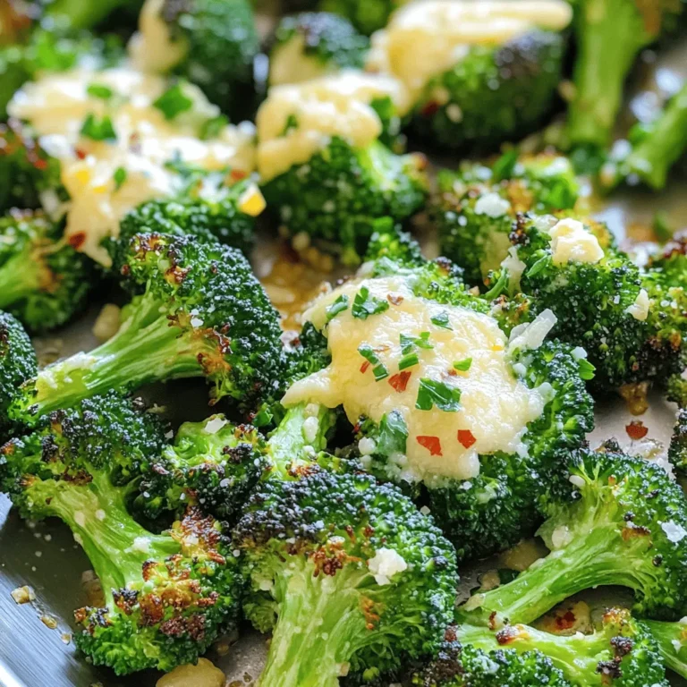 List of Ingredients - Broccoli florets - Garlic - Parmesan cheese - Olive oil - Red pepper flakes - Seasoning and garnishes For the best Garlic Parmesan Roasted Broccoli, start with fresh broccoli florets. Look for bright green pieces without yellow spots. You will need about two heads of broccoli, cut into smaller florets. This size helps them cook evenly. Next, garlic is key for flavor. Use four cloves of minced garlic. The more garlic you use, the stronger the taste. For a cheesy finish, you will need a quarter cup of grated Parmesan cheese. This gives a savory bite to the dish. You'll also need olive oil to coat the broccoli. Three tablespoons will help the florets roast nicely. If you like a little heat, add one teaspoon of red pepper flakes. This step is optional but adds a fun kick. Don’t forget to season with salt and pepper. A little pinch of each can elevate the flavors. Fresh parsley makes a lovely garnish, giving a splash of color. You can also add lemon zest and juice for a bright finish. This combination makes the broccoli vibrant and tasty. For the full recipe, check the detailed instructions to make this dish come alive! 1. Preheating oven and preparing the baking sheet Start by preheating your oven to 425°F (220°C). This is important for cooking the broccoli just right. Next, take a baking sheet and line it with parchment paper. This helps with easy cleanup. 2. Mixing ingredients In a large bowl, add the broccoli florets. Then, mix in the minced garlic, olive oil, red pepper flakes, salt, and pepper. Toss everything well. Make sure the broccoli is well coated. This step brings out great flavors. 3. Roasting broccoli Spread the seasoned broccoli on the prepared baking sheet. Make sure to arrange them in a single layer. This helps them roast evenly. Now, place the tray in the oven. 1. Timing for roasting Roast the broccoli for about 15 to 20 minutes. You want them to be tender and slightly crispy at the edges. Stir them halfway through cooking. This helps the broccoli roast evenly. 2. Adding cheese As soon as you take the broccoli out of the oven, sprinkle grated Parmesan cheese over the hot pieces. This cheese will melt nicely. Return them to the oven for an extra 2 to 3 minutes. Keep an eye on them to avoid burning. 3. Final touches before serving Once the cheese is golden and melted, take the tray out. Drizzle lemon juice over the broccoli, then add lemon zest for a fresh taste. Finally, garnish with chopped parsley. This adds a nice color and flavor. For the full recipe, check out the details above. Enjoy your garlic Parmesan roasted broccoli! For the best garlic Parmesan roasted broccoli, start by cutting the florets into even sizes. This step is key. When the florets are the same size, they cook evenly. If some are big and some are small, the small ones may burn while the big ones stay raw. Next, pay attention to timing. Roast the broccoli for 15 to 20 minutes. If you want it crispier, keep an eye on it. You can stir the broccoli halfway through to get all sides nice and brown. To make this dish pop, think about adding spices. Try a pinch of paprika for a smoky taste or some cumin for warmth. You can also mix in herbs like thyme or oregano for extra flavor. When it comes to garlic and cheese, fresh is always best. Fresh garlic has a bright taste. However, if you’re in a pinch, dried garlic will work too. Just remember, dried ingredients often need less time to cook. For the cheese, feel free to try different types like Pecorino Romano or nutritional yeast for a vegan option. For more detailed steps, check out the Full Recipe. {{image_2}} If you want to switch things up, you can change the cheese. Instead of Parmesan, try using nutritional yeast or a dairy-free cheese. Both options add flavor without losing that cheesy taste. Next, consider the oil. While olive oil gives a nice flavor, you can also use avocado oil or melted coconut oil. These oils add a different twist and can change the dish's taste. Air frying is a fun way to prepare garlic Parmesan roasted broccoli. It cooks faster and can make the broccoli even crispier. Just set your air fryer to 400°F (200°C) and cook for about 10 to 12 minutes. Shake the basket halfway for even cooking. Grilling is another great option. It brings a smoky flavor to the broccoli. Preheat your grill and place the broccoli in a grill basket. Grill for about 8 to 10 minutes, turning occasionally until it’s tender and charred. These variations keep the dish fresh and fun. You can explore different flavors while making a healthy side dish. Enjoy experimenting! For the full recipe, check out the details above. To keep your garlic Parmesan roasted broccoli fresh, follow these tips: - Refrigeration tips: Place any leftovers in an airtight container. Store them in the fridge. They will last for about 3 days. - Freezing guidelines: If you want to freeze it, let the broccoli cool first. Then, use a freezer-safe bag. Remove as much air as possible. It should stay good for up to 3 months. To enjoy your leftovers, you need to reheat them right. Here are the best methods: - Oven method: Preheat your oven to 350°F (175°C). Spread the broccoli on a baking sheet. Heat for about 10 minutes until warm and crispy. - Microwave method: Place the broccoli on a microwave-safe plate. Cover it with a damp paper towel. Heat in short bursts of 30 seconds. Stir between bursts to keep the texture nice. Using these methods will help keep your garlic Parmesan roasted broccoli tasty and enjoyable! For the full recipe, check out the details above. How can I make garlic Parmesan roasted broccoli vegan? To make this dish vegan, simply replace Parmesan cheese with a plant-based cheese or nutritional yeast. Both options give a cheesy flavor without any dairy. You can also use more olive oil to enhance the taste. What can I serve with garlic Parmesan roasted broccoli? This roasted broccoli pairs well with many dishes. Try serving it with grilled chicken, fish, or steak. It also goes great with pasta or quinoa. Add it to salads for a crunchy bite. Can I use frozen broccoli for this recipe? Yes, you can use frozen broccoli. Just thaw it and drain any excess water before starting. Keep in mind that frozen broccoli may cook faster than fresh, so watch it closely while roasting. Health benefits of broccoli Broccoli is a superfood packed with nutrients. It is high in vitamins C and K. It also contains fiber, which aids digestion. Eating broccoli may help lower the risk of certain diseases, too. Gluten-free considerations This recipe is naturally gluten-free. All the ingredients used are safe for those with gluten sensitivities. Always check any packaged items, like cheese, to ensure they are gluten-free. We covered how to make garlic Parmesan roasted broccoli, from fresh ingredients to tasty tips. You learned the steps for prepping, roasting, and enhancing flavors. I shared storage and reheating tips to keep leftovers fresh. Remember, the key to great broccoli is size and timing. Feel free to try different oils and spices for your own twist. Enjoy this dish as a healthy side or snack! Your kitchen is ready for a flavorful broccoli dish.