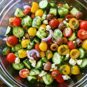 To create a vibrant Cucumber Dill Greek Salad, you need fresh ingredients. Each element adds flavor and texture. Here’s what you will need: - Cucumber: 2 large, diced - Cherry tomatoes: 1 cup, halved - Red onion: 1 small, thinly sliced - Bell pepper: 1 (any color), diced - Kalamata olives: 1 cup, pitted and halved - Feta cheese: 1 cup, crumbled - Fresh dill: 1 tablespoon, chopped (or 1 teaspoon dried) - Olive oil: 3 tablespoons, extra-virgin - Lemon juice: 2 tablespoons - Salt and pepper: to taste These ingredients come together to form a refreshing and simple dish. The combination of cool cucumbers and tangy feta creates a delightful contrast. Adding olives brings a briny kick, while fresh dill adds a nice herbal note. Each bite is crisp, flavorful, and satisfying. Using high-quality ingredients is key. Choose firm cucumbers and ripe tomatoes. Fresh herbs make a big difference, too. For the best taste, use extra-virgin olive oil and fresh lemon juice. If you want to explore the full process, check out the Full Recipe for step-by-step guidance. Enjoy making this delicious salad! Start by peeling the cucumbers. You can skip this if you prefer the skin. Next, dice the cucumbers into small, bite-sized pieces. Then, take your cherry tomatoes and cut them in half. For the red onion, slice it thinly. Finally, dice the bell pepper into small pieces. Each vegetable adds color and crunch to our salad. In a large serving bowl, mix the diced cucumbers, halved cherry tomatoes, sliced red onion, and diced bell pepper. These fresh veggies create a nice base. Now, gently fold in the Kalamata olives and crumbled feta cheese. Be careful not to break the feta. This adds a creamy texture to the salad. In a small bowl, whisk together the extra-virgin olive oil and fresh lemon juice. This will be our dressing. Then, add the chopped dill, salt, and pepper. Whisk again until it is well mixed. The dressing brings all the flavors together. Drizzle the dressing over the salad. Use a large spoon to gently toss everything together. Make sure all ingredients are well coated. This step is key for a tasty salad. Taste the salad and adjust the seasoning. You can add more salt, pepper, or lemon juice if needed. For the best flavor, let the salad sit for about 10-15 minutes before serving. This allows the flavors to meld and enhances the taste. For the full recipe, check out the link. Fresh vegetables are key to a great salad. They add crunch and flavor. For the best taste, pick firm cucumbers, ripe tomatoes, and crisp bell peppers. Look for bright colors and smooth skins. This ensures they are fresh and packed with nutrients. Kalamata olives are a must for this dish. They bring a rich, briny taste. Seek out authentic Kalamata olives, as they offer the best flavor. Check for olives that are dark purple or black, with a smooth texture. Avoid any that look shriveled or dry. For presentation, serve this salad in a large bowl. Arrange the veggies in layers for a colorful look. You can also use small mason jars for individual servings. This fun style makes it easy to grab and enjoy. Pair this salad with grilled chicken or fish for a complete meal. You can also serve it with pita bread for a light lunch. It goes well with tzatziki sauce, which adds a nice creaminess. Marinating the salad adds depth. Let it sit for about 10-15 minutes before serving. This helps the flavors blend. If you have time, prepare it early in the day. It will taste even better after a few hours in the fridge. Serve this salad chilled for the most refreshing experience. It’s perfect for hot days or summer gatherings. Enjoy it as a side dish or a light main course. For more flavor, try adding a splash of red wine vinegar or a pinch of garlic. For the full recipe, check out the Cucumber Dill Greek Salad. {{image_2}} You can switch up the cheese in this salad. If you want a twist, try goat cheese or ricotta. Both add a creamy texture and taste. For dressings, consider balsamic vinegar or yogurt-based dressings. Each option brings its own flair to the salad. This salad shines with fresh, seasonal veggies. In summer, add ripe avocado or sweet corn. In fall, try diced apples or roasted nuts for crunch. Change the herbs too; basil or mint can give a new flavor. Adjust the dressing with spices fitting the season for a unique touch. Get creative by adding elements from other cuisines. Try diced jalapeños for a spicy kick or sprinkle with sesame seeds for an Asian vibe. You can also mix in chopped cilantro or lime juice for a Mexican twist. Explore fusion recipes, like adding quinoa for a heartier meal. To keep your Cucumber Dill Greek Salad fresh, refrigerate any leftovers right away. Use an airtight container to store the salad. This keeps flavors intact and prevents wilting. Make sure to seal the container tightly. You can enjoy the salad for about 3 to 4 days in the fridge. Check for signs of spoilage before eating. Look for wilting or a sour smell. If the salad looks off, it's best to toss it. Leftover salad can be used in many ways. Try mixing it with cooked pasta for a quick dish. You can add it to a wrap for a tasty lunch. Chopped salad makes a great topping for grilled chicken or fish. Get creative and enjoy your leftovers! For the full recipe, check the [Full Recipe]. Yes, you can make this salad ahead of time. To prepare in advance, chop the vegetables and store them separately. Keep the dressing in a jar. Just before serving, mix everything together. This keeps the veggies crisp and fresh. The salad stays good for about three days in the fridge. Use an airtight container to store it. If you notice any signs of spoilage, like a strange smell or mushy veggies, throw it away. This salad can be made vegan. Just skip the feta cheese or use a plant-based cheese. You can also replace the honey in the dressing with agave syrup for sweetness. This way, everyone can enjoy it. This salad goes well with grilled chicken or fish. You can also serve it with pita bread and hummus. For a full meal, pair it with rice or quinoa dishes. To boost the dressing's flavor, add more lemon juice or dill. You can also mix in a pinch of garlic powder or a splash of red wine vinegar. Taste as you go to find your perfect balance. For the complete recipe, check out the Full Recipe. This blog post covered everything you need for a perfect Cucumber Dill Greek Salad. You learned about key ingredients, step-by-step preparation, and expert tips for the best taste. Remember to choose fresh produce and experiment with variations to suit your taste. This salad is easy to make and can be tweaked for any season or diet. Enjoy this tasty dish at your next meal or gathering, and feel free to get creative with leftovers. A fresh salad can brighten any plate!