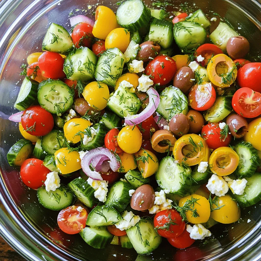 To create a vibrant Cucumber Dill Greek Salad, you need fresh ingredients. Each element adds flavor and texture. Here’s what you will need: - Cucumber: 2 large, diced - Cherry tomatoes: 1 cup, halved - Red onion: 1 small, thinly sliced - Bell pepper: 1 (any color), diced - Kalamata olives: 1 cup, pitted and halved - Feta cheese: 1 cup, crumbled - Fresh dill: 1 tablespoon, chopped (or 1 teaspoon dried) - Olive oil: 3 tablespoons, extra-virgin - Lemon juice: 2 tablespoons - Salt and pepper: to taste These ingredients come together to form a refreshing and simple dish. The combination of cool cucumbers and tangy feta creates a delightful contrast. Adding olives brings a briny kick, while fresh dill adds a nice herbal note. Each bite is crisp, flavorful, and satisfying. Using high-quality ingredients is key. Choose firm cucumbers and ripe tomatoes. Fresh herbs make a big difference, too. For the best taste, use extra-virgin olive oil and fresh lemon juice. If you want to explore the full process, check out the Full Recipe for step-by-step guidance. Enjoy making this delicious salad! Start by peeling the cucumbers. You can skip this if you prefer the skin. Next, dice the cucumbers into small, bite-sized pieces. Then, take your cherry tomatoes and cut them in half. For the red onion, slice it thinly. Finally, dice the bell pepper into small pieces. Each vegetable adds color and crunch to our salad. In a large serving bowl, mix the diced cucumbers, halved cherry tomatoes, sliced red onion, and diced bell pepper. These fresh veggies create a nice base. Now, gently fold in the Kalamata olives and crumbled feta cheese. Be careful not to break the feta. This adds a creamy texture to the salad. In a small bowl, whisk together the extra-virgin olive oil and fresh lemon juice. This will be our dressing. Then, add the chopped dill, salt, and pepper. Whisk again until it is well mixed. The dressing brings all the flavors together. Drizzle the dressing over the salad. Use a large spoon to gently toss everything together. Make sure all ingredients are well coated. This step is key for a tasty salad. Taste the salad and adjust the seasoning. You can add more salt, pepper, or lemon juice if needed. For the best flavor, let the salad sit for about 10-15 minutes before serving. This allows the flavors to meld and enhances the taste. For the full recipe, check out the link. Fresh vegetables are key to a great salad. They add crunch and flavor. For the best taste, pick firm cucumbers, ripe tomatoes, and crisp bell peppers. Look for bright colors and smooth skins. This ensures they are fresh and packed with nutrients. Kalamata olives are a must for this dish. They bring a rich, briny taste. Seek out authentic Kalamata olives, as they offer the best flavor. Check for olives that are dark purple or black, with a smooth texture. Avoid any that look shriveled or dry. For presentation, serve this salad in a large bowl. Arrange the veggies in layers for a colorful look. You can also use small mason jars for individual servings. This fun style makes it easy to grab and enjoy. Pair this salad with grilled chicken or fish for a complete meal. You can also serve it with pita bread for a light lunch. It goes well with tzatziki sauce, which adds a nice creaminess. Marinating the salad adds depth. Let it sit for about 10-15 minutes before serving. This helps the flavors blend. If you have time, prepare it early in the day. It will taste even better after a few hours in the fridge. Serve this salad chilled for the most refreshing experience. It’s perfect for hot days or summer gatherings. Enjoy it as a side dish or a light main course. For more flavor, try adding a splash of red wine vinegar or a pinch of garlic. For the full recipe, check out the Cucumber Dill Greek Salad. {{image_2}} You can switch up the cheese in this salad. If you want a twist, try goat cheese or ricotta. Both add a creamy texture and taste. For dressings, consider balsamic vinegar or yogurt-based dressings. Each option brings its own flair to the salad. This salad shines with fresh, seasonal veggies. In summer, add ripe avocado or sweet corn. In fall, try diced apples or roasted nuts for crunch. Change the herbs too; basil or mint can give a new flavor. Adjust the dressing with spices fitting the season for a unique touch. Get creative by adding elements from other cuisines. Try diced jalapeños for a spicy kick or sprinkle with sesame seeds for an Asian vibe. You can also mix in chopped cilantro or lime juice for a Mexican twist. Explore fusion recipes, like adding quinoa for a heartier meal. To keep your Cucumber Dill Greek Salad fresh, refrigerate any leftovers right away. Use an airtight container to store the salad. This keeps flavors intact and prevents wilting. Make sure to seal the container tightly. You can enjoy the salad for about 3 to 4 days in the fridge. Check for signs of spoilage before eating. Look for wilting or a sour smell. If the salad looks off, it's best to toss it. Leftover salad can be used in many ways. Try mixing it with cooked pasta for a quick dish. You can add it to a wrap for a tasty lunch. Chopped salad makes a great topping for grilled chicken or fish. Get creative and enjoy your leftovers! For the full recipe, check the [Full Recipe]. Yes, you can make this salad ahead of time. To prepare in advance, chop the vegetables and store them separately. Keep the dressing in a jar. Just before serving, mix everything together. This keeps the veggies crisp and fresh. The salad stays good for about three days in the fridge. Use an airtight container to store it. If you notice any signs of spoilage, like a strange smell or mushy veggies, throw it away. This salad can be made vegan. Just skip the feta cheese or use a plant-based cheese. You can also replace the honey in the dressing with agave syrup for sweetness. This way, everyone can enjoy it. This salad goes well with grilled chicken or fish. You can also serve it with pita bread and hummus. For a full meal, pair it with rice or quinoa dishes. To boost the dressing's flavor, add more lemon juice or dill. You can also mix in a pinch of garlic powder or a splash of red wine vinegar. Taste as you go to find your perfect balance. For the complete recipe, check out the Full Recipe. This blog post covered everything you need for a perfect Cucumber Dill Greek Salad. You learned about key ingredients, step-by-step preparation, and expert tips for the best taste. Remember to choose fresh produce and experiment with variations to suit your taste. This salad is easy to make and can be tweaked for any season or diet. Enjoy this tasty dish at your next meal or gathering, and feel free to get creative with leftovers. A fresh salad can brighten any plate!