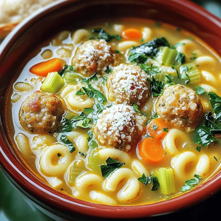 For a great Italian wedding soup, you need a few key items: - 1 cup acini di pepe pasta (or any small pasta) - 1 tablespoon olive oil - 1 medium onion, diced - 2 cloves garlic, minced - 2 medium carrots, diced - 2 celery stalks, diced - 6 cups chicken broth (low sodium) - 1 teaspoon dried oregano - 1 teaspoon dried thyme - Salt and pepper to taste - 1 cup fresh spinach or Swiss chard, chopped - ½ cup grated Parmesan cheese - 1 pound ground turkey (or chicken) - 1 teaspoon Italian seasoning - ¼ cup fresh parsley, chopped (for garnish) These ingredients work together to create a warm, comforting soup. The acini di pepe pasta adds a fun texture. The fresh veggies provide crunch and flavor. The meatballs bring hearty satisfaction. You can switch up some ingredients for your taste. Here are a few ideas: - Use spinach or Swiss chard for greens. Both add color and nutrients. - Add extra spices like red pepper flakes or fresh herbs to boost flavor. These optional ingredients let you personalize your soup. Don’t be afraid to experiment and make it your own. When it’s time to serve, pair your soup with some tasty options: - Serve with a slice of crusty bread for dipping. - A light salad on the side adds freshness to the meal. For garnishing, top your soup with fresh parsley and a sprinkle of Parmesan cheese. This makes the soup look extra special and inviting. For the complete cooking directions, check the Full Recipe. Enjoy crafting this delicious dish! To start, heat olive oil in a large pot over medium heat. Add the diced onion and sauté it until it turns soft and clear, about 3-4 minutes. Then, toss in the minced garlic, diced carrots, and celery. Cook these veggies for another 5 minutes. This step builds a great flavor base for the soup. Next, pour in 6 cups of chicken broth and bring it to a boil. The broth adds depth and richness to the soup. In a bowl, mix ground turkey with Italian seasoning, salt, and pepper. This simple mix creates tasty meatballs. Form the meat into small balls, about 1 inch wide. Once the broth is boiling, carefully add the meatballs. Reduce the heat to a gentle simmer. Let them cook for about 10 minutes. This allows the meatballs to cook fully while adding flavor to the broth. Next, stir in the acini di pepe pasta. Cook it according to the package instructions, usually about 7-9 minutes. The pasta adds heartiness to the soup. When the pasta is almost done, add chopped spinach or Swiss chard. Stir it in and let it wilt into the soup. This adds a fresh taste and bright color. Finally, mix in the grated Parmesan cheese. This adds creaminess and a savory finish. Taste and adjust salt and pepper if needed. Let the soup rest for a few minutes before serving. Enjoy this Italian wedding soup with a crusty bread slice for a complete meal. For the full recipe, check [Full Recipe]. Seasoning is key. I always add salt and pepper at each step. This builds deep flavor. Use homemade broth when you can. It gives a rich taste that store-bought broth lacks. If you use store-bought, choose low-sodium to control salt levels. Add herbs like oregano and thyme to boost the flavor. Fresh herbs work even better than dried. To save time, prep ingredients ahead. Chop veggies and form meatballs the night before. Store them in the fridge until you are ready. Cook pasta separately to keep it firm. This stops the pasta from becoming mushy in the soup. You can also cook it in a large pot of salted water while making the soup. For great meatballs, mix ground turkey with breadcrumbs and egg. This keeps them moist and tender. Aim for a consistency that holds shape but is not too dense. Choose acini di pepe pasta for the best texture. It adds a nice bite and fits perfectly in the soup. You can use small shells or ditalini if needed, but nothing beats the classic choice. {{image_2}} You can change the soup to fit your needs. If you have dietary restrictions, try these swaps: - Ground meat: Use ground beef or pork instead of turkey. - Pasta: If you don't have acini di pepe, use small shells or ditalini. - Broth: Use vegetable broth for a vegetarian version. - Greens: If you can't find spinach, try kale or arugula. These substitutions keep the soup tasty while meeting your needs. Italian wedding soup has many faces. Each region adds its own twist: - Southern Italy: You might find a spicier version with hot sausage. - Northern Italy: Some recipes use beef broth instead of chicken broth. - Local ingredients: Different herbs and vegetables may appear based on what's fresh. These regional touches highlight the rich culture behind this dish. Make the soup your own by adding fun ingredients: - Extra veggies: Try adding peas, green beans, or zucchini for more texture. - Legumes: Toss in some cannellini beans for added protein and fiber. - Spices: A dash of red pepper flakes or smoked paprika can change the flavor. These creative twists keep your Italian wedding soup exciting and flavorful. For the full recipe, check out Italian Love Soup . To store leftover Italian wedding soup, let it cool first. Pour it into an airtight container. This keeps the soup fresh and tasty. Store it in the fridge for up to three days. If you want to keep it longer, freezing is great too. Pour the soup into freezer-safe containers. Leave some space at the top for expansion. This helps prevent spills. To reheat the soup, you can use the stove or microwave. If using the stove, heat it over medium heat until it's hot. Stir it often to avoid sticking. For the microwave, place it in a microwave-safe bowl. Heat in one-minute intervals, stirring in between, until hot. In the fridge, this soup lasts about three days. After that, it may spoil. Signs of spoilage include an off smell or changes in color. If you see mold, throw it away. Always check your leftovers before eating. Making a large batch of Italian wedding soup is smart. You can enjoy it for several meals. Just double or triple the recipe. Store it in portions for easy meals later. On busy days, you can reheat the soup quickly. Use the microwave or stove as mentioned. This way, you have a warm meal ready in no time. With the soup on hand, you can enjoy a hearty dish without much fuss. For the full recipe, check out the Italian Love Soup. Italian wedding soup is a tasty dish from Italy. The name comes from "matrimonio," meaning marriage. It reflects the blend of flavors from meat and greens. This soup combines meatballs, small pasta, and fresh greens. It offers a hearty and warm meal, perfect for family gatherings. The dish showcases Italian cooking's charm, bringing people together at the table. Yes, you can make Italian wedding soup ahead of time. To do this, prepare the soup base without the pasta. Store it in an airtight container in the fridge for up to three days. When ready to serve, reheat the soup and add the pasta. This keeps the pasta from getting mushy. You can also freeze the soup base. Just remember to add the pasta when you reheat it. There are many fun ways to change up Italian wedding soup. You can swap out ground turkey for ground beef or pork. Try adding different greens, like kale or escarole, for variety. Using different types of pasta can also change the texture. For a unique twist, add beans for extra protein. Feel free to get creative and make it your own! To boost flavor, use fresh herbs like basil or dill. Adding a squeeze of lemon juice brightens the soup. You can also mix in red pepper flakes for a bit of heat. Consider using homemade broth for richer taste. Don't forget to taste and adjust salt and pepper. These simple tweaks can make your soup even more delicious. For the full recipe, please check the Italian Love Soup section. Italian Wedding Soup blends rich flavors with fresh ingredients. We covered key ingredients like pasta, meat, and vegetables. You learned how to make this dish step-by-step, from cooking the base to preparing meatballs. Tips and tricks help enhance flavors and save time. Variations allow for personal twists, accommodating dietary needs. Lastly, we discussed how to store your soup safely. With these insights, you can create a tasty and satisfying Italian Wedding Soup. Enjoy your cooking experience!