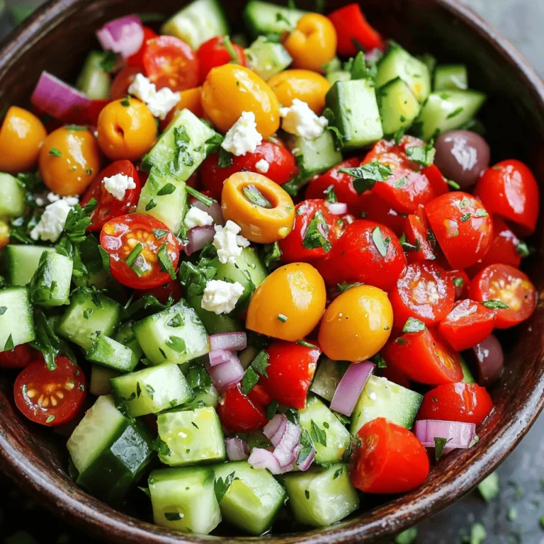 - Vegetables and Their Roles The base of the salad includes: - 1 cucumber, diced - 2 cups cherry tomatoes, halved - 1 bell pepper (red or yellow), diced - 1/2 red onion, finely chopped Each vegetable adds crunch and color. The cucumber gives a cool bite. The cherry tomatoes add sweetness. The bell pepper brings a crisp texture. The red onion offers a sharp, tangy taste. - Dressing Components The dressing is simple but full of flavor: - 1/4 cup extra virgin olive oil - 2 tablespoons red wine vinegar - 1 teaspoon dried oregano - Salt and pepper to taste The olive oil adds richness. The vinegar provides acidity. Oregano gives an earthy taste. Salt and pepper enhance all the flavors. - Optional Toppings You can add extra toppings for more taste: - 1 cup Kalamata olives, pitted and halved - 1 cup feta cheese, crumbled - 1/4 cup fresh parsley, chopped Kalamata olives add a briny flavor. Feta cheese gives creaminess and saltiness. Fresh parsley adds a pop of color and freshness. For the full recipe, check the details above. Chopping the Vegetables Start by washing your vegetables. Use a sharp knife for easy chopping. Dice the cucumber into small pieces. Halve the cherry tomatoes, and dice the bell pepper. Finely chop the red onion. Each veggie adds its own taste and texture. Making the Dressing In a small bowl, combine extra virgin olive oil, red wine vinegar, dried oregano, salt, and pepper. Whisk these together until fully mixed. This dressing brings all the flavors together and enhances the salad. Combining Ingredients In a large mixing bowl, add the chopped cucumber, cherry tomatoes, bell pepper, and red onion. Then, toss in the Kalamata olives and crumbled feta cheese. Pour the dressing over the top. Mix gently to coat all ingredients well. Tossing Techniques Use a large spoon to toss the salad. Be gentle to avoid breaking the feta cheese. You want to mix everything evenly without smashing the veggies. Letting Flavors Meld After tossing, let your salad sit for 10-15 minutes. This wait allows the flavors to blend and deepen. Enjoy the freshness and flavor in every bite. For the full recipe, check the details above. To make your Chopped Greek Veggie Salad stand out, focus on freshness. Use ripe tomatoes and crisp cucumbers. They add the best taste and texture. Always wash your veggies well. This step helps remove dirt and any chemicals. For flavor, consider adding a touch of lemon juice. It enhances the salad's taste. Fresh herbs like dill or mint also work well. They can brighten up the dish. If you want a kick, add a pinch of red pepper flakes. This small addition can make a big difference. One common mistake is using too much dressing. It can make the salad soggy. Aim for just enough to coat the veggies. Remember, you can always add more if needed. Another mistake is chopping veggies too small. If they are too tiny, they lose crunch. Keep your pieces bite-sized. This keeps the salad enjoyable and fresh. Use the Full Recipe as a guide for the right sizes. {{image_2}} You can easily make this salad your own. Want to add some protein? Grilled chicken or canned tuna works well. Just chop it up and mix it in. You can even use chickpeas for a plant-based option. Need to swap some ingredients? If you want a dairy-free salad, use avocado instead of feta. It adds creaminess and flavor. You can also skip the olives if you aren’t a fan. You can change this salad with the seasons. In summer, add fresh corn or diced zucchini for extra crunch. These ingredients brighten up the dish and add sweetness. In winter, try using roasted red peppers or artichokes. These add warmth and flavor to your salad. They also keep well, making them great for colder months. For the full recipe, check out the details above! To keep your Chopped Greek Veggie Salad fresh, use an airtight container. Glass or plastic containers work well. Make sure to seal the lid tightly to keep air out. You can store the salad in the fridge for up to three days. It’s best to eat the salad within two days for the best taste. If you notice the veggies getting soggy or the salad smelling off, it’s time to toss it. Look for discoloration or a bad odor. These signs mean the salad is no longer fresh. Enjoy your Chopped Greek Veggie Salad at its best by following these tips! You can find the full recipe above. What is the nutritional value of this salad? This salad packs a punch! It’s low in calories and high in vitamins. You get fiber from the veggies and healthy fats from olive oil. The feta adds protein and calcium. Overall, it’s a great choice for a light meal. Can I make this salad ahead of time? Yes, you can! This salad tastes even better after sitting. Make it a few hours before serving. Just keep the dressing separate until you’re ready to eat. This keeps the veggies crisp and fresh. Is it gluten-free? Absolutely! All the ingredients in this salad are gluten-free. You can enjoy it without worry. It’s a perfect dish for those with gluten sensitivities. Can I make this salad vegan? Yes, you can easily make this salad vegan! Just leave out the feta cheese. You can add extra olives or some avocado for creaminess. This way, you still get a tasty and filling salad. What can replace feta cheese? If you want a feta substitute, try using tofu. Crumble firm tofu and add it like feta. Nutritional yeast is another great option. It adds a cheesy flavor without dairy. In this blog post, we covered how to make a Chopped Greek Veggie Salad. We discussed key ingredients and their roles, along with dressing options and toppings. I provided step-by-step instructions, including tips to avoid common mistakes. We explored ways to customize the salad and storage tips for leftovers. Remember, a great salad is fresh and balanced. Use this guide to enjoy making a tasty salad any time. Now, it's your turn to try it!