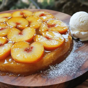 To make your Peach Upside Down Cake, gather these fresh ingredients: - 4 ripe peaches, pitted and sliced - 1/2 cup unsalted butter, melted - 3/4 cup brown sugar - 1 cup all-purpose flour - 1 teaspoon baking powder - 1/2 teaspoon baking soda - 1/4 teaspoon salt - 1/2 cup granulated sugar - 2 large eggs - 1 teaspoon vanilla extract - 1/2 cup buttermilk - 1 teaspoon ground cinnamon (optional for extra flavor) If you need swaps for any ingredient, here are some ideas: - Use coconut oil or margarine instead of butter. - Replace brown sugar with white sugar for a lighter taste. - Swap all-purpose flour for almond flour for a gluten-free option. - You can use yogurt if you don't have buttermilk on hand. Just mix it with a little water to thin it out. Fresh peaches bring a juicy flavor to the cake. They have a natural sweetness that shines through when baked. If fresh peaches are out of season, canned peaches are a good alternative. Just make sure to drain them well. Canned peaches can be sweeter, so adjust the sugar in your batter accordingly. Whether you choose fresh or canned, both options can make a delicious cake. Start by preheating your oven to 350°F (175°C). Grease a 9-inch round cake pan with butter. This step helps the cake slide out easily later. Next, in a small bowl, mix the melted butter and brown sugar. Pour this mixture into the cake pan. Spread it evenly across the bottom. Now, take your sliced peaches and arrange them over the brown sugar mix. Overlap them slightly for a nice design. In a separate mixing bowl, whisk together the flour, baking powder, baking soda, salt, and cinnamon if you want extra flavor. Make sure there are no lumps. This helps the cake rise evenly. Set this bowl aside while you prepare the wet ingredients. In another bowl, beat the granulated sugar and melted butter until it's creamy. Add the eggs one at a time, mixing well after each addition. Then stir in the vanilla extract. Gradually add the dry mixture to the wet mix, alternating with buttermilk. Mix until just combined; do not overmix. Pour this cake batter over the arranged peaches in the pan, smoothing it out. Bake it in your preheated oven for 30-35 minutes. Check for doneness with a toothpick. Once done, cool the cake for about 10 minutes. Invert it onto a serving plate to show off those peaches. Let it cool completely before slicing. Enjoy this delightful peach upside down cake! For the full recipe, check out the details above. To make the caramel topping perfect, start with unsalted butter. Melt it slowly. Mix it well with brown sugar. This creates a smooth blend. Pour the mixture into the cake pan, spreading it evenly. This step is key for a great look and taste. Make sure the peaches sit on it nicely. They should soak up that sweet flavor while baking. Many bakers make mistakes that affect the cake. First, always measure your ingredients carefully. Too much flour can make your cake dense. Also, don’t skip the buttermilk. It adds moisture and helps the cake rise. Be gentle when mixing the batter. Overmixing can lead to a tough cake. Finally, don’t open the oven door too soon. This can cause the cake to sink in the middle. To check if your cake is done, use a toothpick. Insert it into the center of the cake. If it comes out clean, the cake is ready. If there’s batter on the toothpick, bake it a bit longer. Remember to keep an eye on the time too. Typically, your cake will bake for 30 to 35 minutes. Once done, let it cool briefly before flipping it over. This helps keep the caramel intact. For more details, check out the Full Recipe. {{image_2}} You can add a fun twist to your peach upside down cake by including nuts or other fruits. Walnuts or pecans add a nice crunch. Just sprinkle them over the brown sugar and butter mix before adding the peaches. If you want to mix it up, you can use berries, like blueberries or raspberries. They add color and a tart flavor that pairs well with sweet peaches. If you need a gluten-free option, it's easy to adapt this recipe. Simply swap the all-purpose flour for a gluten-free flour blend. Make sure the blend has a good mix of flours and starches for the best texture. You might also want to add a bit of xanthan gum to help with the cake's structure. This way, everyone can enjoy this delicious dessert! You can elevate the flavor with some spices. Ground cinnamon is a great choice, but you can also try nutmeg or ginger. Just add a teaspoon to the dry ingredients. For a more complex taste, consider adding a splash of almond extract or a dash of lemon zest. These little changes make a big difference and keep your cake exciting. For the Full Recipe, check out the complete list above! To keep your Peach Upside Down Cake fresh, store it in an airtight container. Place it at room temperature if you plan to eat it within two days. If longer, refrigerate it to extend its shelf life. Make sure to wrap it tightly with plastic wrap to prevent it from drying out. You can freeze this cake for up to three months. First, let the cake cool completely. Then, slice it into individual pieces for easy serving. Wrap each slice in plastic wrap and then in aluminum foil. Label the packages with a date. When you're ready to eat, simply thaw the slices in the fridge overnight. To reheat your cake, preheat your oven to 350°F (175°C). Place the cake slices on a baking sheet. Warm them in the oven for about 10-15 minutes. You can also microwave individual slices for about 30-45 seconds. Enjoy the warm, delicious flavors, just like fresh out of the oven. For more details, check the Full Recipe to get started on this delightful dessert. You can make peach upside down cake without buttermilk. Substitute buttermilk with regular milk. Add one teaspoon of vinegar or lemon juice to the milk. Let it sit for five minutes. This will mimic buttermilk's tangy flavor. Use this mixture in the recipe as you would the buttermilk. Yes, you can use frozen peaches. Just thaw them before using. Pat them dry to remove excess moisture. This helps keep the cake from getting soggy. Frozen peaches may be softer than fresh ones. The taste will still be delicious. Serve peach upside down cake warm or at room temperature. Dust it lightly with powdered sugar. A scoop of vanilla ice cream pairs well with it. The creaminess balances the sweetness of the peaches. You can also serve it with whipped cream. Enjoy your delightful dessert! For the full recipe, check out Peach Paradise Upside Down Cake. This blog post guides you through making a peach upside-down cake. We covered key ingredients, substitutions, and the difference between fresh and canned peaches. The step-by-step instructions make mixing and baking easy. Tips helped you perfect the caramel, avoid common mistakes, and check for doneness. You also learned variations for flavor and texture. Finally, we shared storage best practices and answered common questions. Baking is fun and rewarding. Enjoy this delightful treat and share it with others!