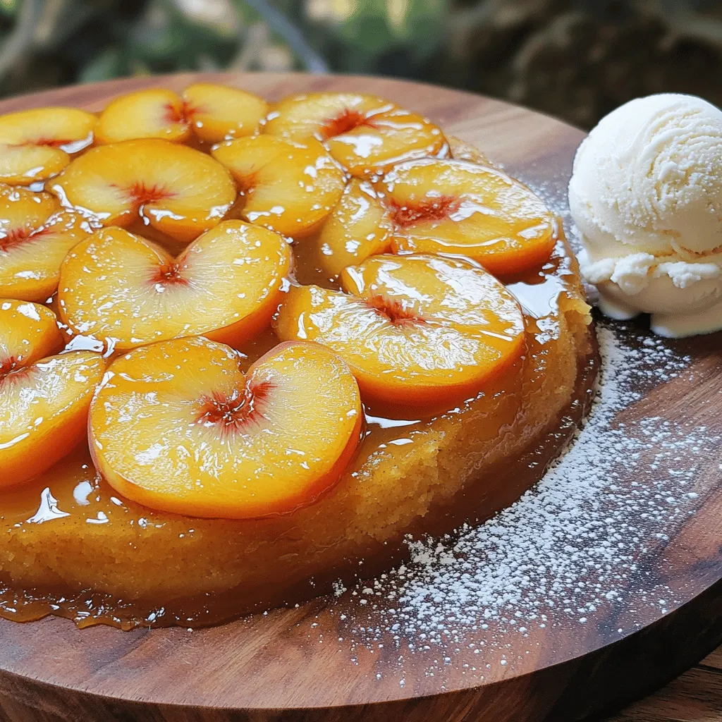 To make your Peach Upside Down Cake, gather these fresh ingredients: - 4 ripe peaches, pitted and sliced - 1/2 cup unsalted butter, melted - 3/4 cup brown sugar - 1 cup all-purpose flour - 1 teaspoon baking powder - 1/2 teaspoon baking soda - 1/4 teaspoon salt - 1/2 cup granulated sugar - 2 large eggs - 1 teaspoon vanilla extract - 1/2 cup buttermilk - 1 teaspoon ground cinnamon (optional for extra flavor) If you need swaps for any ingredient, here are some ideas: - Use coconut oil or margarine instead of butter. - Replace brown sugar with white sugar for a lighter taste. - Swap all-purpose flour for almond flour for a gluten-free option. - You can use yogurt if you don't have buttermilk on hand. Just mix it with a little water to thin it out. Fresh peaches bring a juicy flavor to the cake. They have a natural sweetness that shines through when baked. If fresh peaches are out of season, canned peaches are a good alternative. Just make sure to drain them well. Canned peaches can be sweeter, so adjust the sugar in your batter accordingly. Whether you choose fresh or canned, both options can make a delicious cake. Start by preheating your oven to 350°F (175°C). Grease a 9-inch round cake pan with butter. This step helps the cake slide out easily later. Next, in a small bowl, mix the melted butter and brown sugar. Pour this mixture into the cake pan. Spread it evenly across the bottom. Now, take your sliced peaches and arrange them over the brown sugar mix. Overlap them slightly for a nice design. In a separate mixing bowl, whisk together the flour, baking powder, baking soda, salt, and cinnamon if you want extra flavor. Make sure there are no lumps. This helps the cake rise evenly. Set this bowl aside while you prepare the wet ingredients. In another bowl, beat the granulated sugar and melted butter until it's creamy. Add the eggs one at a time, mixing well after each addition. Then stir in the vanilla extract. Gradually add the dry mixture to the wet mix, alternating with buttermilk. Mix until just combined; do not overmix. Pour this cake batter over the arranged peaches in the pan, smoothing it out. Bake it in your preheated oven for 30-35 minutes. Check for doneness with a toothpick. Once done, cool the cake for about 10 minutes. Invert it onto a serving plate to show off those peaches. Let it cool completely before slicing. Enjoy this delightful peach upside down cake! For the full recipe, check out the details above. To make the caramel topping perfect, start with unsalted butter. Melt it slowly. Mix it well with brown sugar. This creates a smooth blend. Pour the mixture into the cake pan, spreading it evenly. This step is key for a great look and taste. Make sure the peaches sit on it nicely. They should soak up that sweet flavor while baking. Many bakers make mistakes that affect the cake. First, always measure your ingredients carefully. Too much flour can make your cake dense. Also, don’t skip the buttermilk. It adds moisture and helps the cake rise. Be gentle when mixing the batter. Overmixing can lead to a tough cake. Finally, don’t open the oven door too soon. This can cause the cake to sink in the middle. To check if your cake is done, use a toothpick. Insert it into the center of the cake. If it comes out clean, the cake is ready. If there’s batter on the toothpick, bake it a bit longer. Remember to keep an eye on the time too. Typically, your cake will bake for 30 to 35 minutes. Once done, let it cool briefly before flipping it over. This helps keep the caramel intact. For more details, check out the Full Recipe. {{image_2}} You can add a fun twist to your peach upside down cake by including nuts or other fruits. Walnuts or pecans add a nice crunch. Just sprinkle them over the brown sugar and butter mix before adding the peaches. If you want to mix it up, you can use berries, like blueberries or raspberries. They add color and a tart flavor that pairs well with sweet peaches. If you need a gluten-free option, it's easy to adapt this recipe. Simply swap the all-purpose flour for a gluten-free flour blend. Make sure the blend has a good mix of flours and starches for the best texture. You might also want to add a bit of xanthan gum to help with the cake's structure. This way, everyone can enjoy this delicious dessert! You can elevate the flavor with some spices. Ground cinnamon is a great choice, but you can also try nutmeg or ginger. Just add a teaspoon to the dry ingredients. For a more complex taste, consider adding a splash of almond extract or a dash of lemon zest. These little changes make a big difference and keep your cake exciting. For the Full Recipe, check out the complete list above! To keep your Peach Upside Down Cake fresh, store it in an airtight container. Place it at room temperature if you plan to eat it within two days. If longer, refrigerate it to extend its shelf life. Make sure to wrap it tightly with plastic wrap to prevent it from drying out. You can freeze this cake for up to three months. First, let the cake cool completely. Then, slice it into individual pieces for easy serving. Wrap each slice in plastic wrap and then in aluminum foil. Label the packages with a date. When you're ready to eat, simply thaw the slices in the fridge overnight. To reheat your cake, preheat your oven to 350°F (175°C). Place the cake slices on a baking sheet. Warm them in the oven for about 10-15 minutes. You can also microwave individual slices for about 30-45 seconds. Enjoy the warm, delicious flavors, just like fresh out of the oven. For more details, check the Full Recipe to get started on this delightful dessert. You can make peach upside down cake without buttermilk. Substitute buttermilk with regular milk. Add one teaspoon of vinegar or lemon juice to the milk. Let it sit for five minutes. This will mimic buttermilk's tangy flavor. Use this mixture in the recipe as you would the buttermilk. Yes, you can use frozen peaches. Just thaw them before using. Pat them dry to remove excess moisture. This helps keep the cake from getting soggy. Frozen peaches may be softer than fresh ones. The taste will still be delicious. Serve peach upside down cake warm or at room temperature. Dust it lightly with powdered sugar. A scoop of vanilla ice cream pairs well with it. The creaminess balances the sweetness of the peaches. You can also serve it with whipped cream. Enjoy your delightful dessert! For the full recipe, check out Peach Paradise Upside Down Cake. This blog post guides you through making a peach upside-down cake. We covered key ingredients, substitutions, and the difference between fresh and canned peaches. The step-by-step instructions make mixing and baking easy. Tips helped you perfect the caramel, avoid common mistakes, and check for doneness. You also learned variations for flavor and texture. Finally, we shared storage best practices and answered common questions. Baking is fun and rewarding. Enjoy this delightful treat and share it with others!