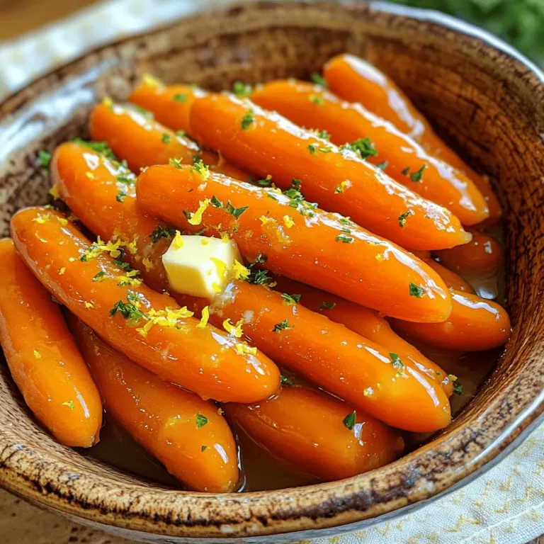 - 1 lb baby carrots, peeled - 3 tablespoons honey - 2 tablespoons fresh lemon juice - 1 tablespoon unsalted butter - 1 teaspoon lemon zest - Salt and pepper to taste - Fresh parsley, chopped (for garnish) - Medium saucepan - Colander - Wooden spoon or spatula - 1 tablespoon equals 3 teaspoons. So, 3 tablespoons of honey is 9 teaspoons. - One pound of baby carrots is about 450 grams. When you gather these ingredients, you set the stage for a bright and tasty dish. Each item plays a key role in creating that sweet and tangy flavor you will love. The baby carrots offer natural sweetness, while honey and lemon add a lovely glaze. I always use fresh lemon juice and zest for the best taste. The butter brings all these flavors together and gives the carrots a nice shine. Don't forget the salt and pepper; they will elevate the taste. Fresh parsley adds a pop of color and freshness when you serve. Having the right tools makes cooking easier. A medium saucepan helps you boil and glaze the carrots. A colander is perfect for draining them. A sturdy wooden spoon or spatula will help you mix everything well. Now you are ready to bring these ingredients together. The recipe is simple but packed with flavor. Check out the Full Recipe for step-by-step instructions. First, I fill a medium saucepan with 4 cups of water. I bring the water to a boil over high heat. Next, I add 1 pound of peeled baby carrots to the boiling water. I cook them for about 5 minutes. The goal is to make them slightly tender but still crisp. After 5 minutes, I drain the carrots in a colander and set them aside. This step keeps them from getting too soft later. In the same saucepan, I melt 1 tablespoon of unsalted butter over medium heat. Once the butter melts, I stir in 3 tablespoons of honey, 2 tablespoons of fresh lemon juice, and 1 teaspoon of lemon zest. I mix these well and let the glaze simmer for about 2 minutes. This simmering helps the flavors blend together nicely. Now, I add the drained carrots back into the saucepan. I toss them in the honey lemon glaze, coating them fully. It’s important to make sure each carrot gets a good amount of glaze. I season with salt and pepper to taste. Then, I continue to cook for another 4 to 5 minutes. The carrots should become fully tender and the glaze will thicken slightly. When done, I remove the pan from heat and garnish with freshly chopped parsley before serving. For the full recipe, check out the details above. To make the glaze just right, you need to balance the sweetness of honey and the acidity of lemon. Start with equal parts honey and lemon juice. You can always adjust later. If it tastes too sweet, add more lemon juice. If it seems too tart, stir in more honey. To thicken the glaze, simmer it longer. This allows the water to evaporate, creating a richer flavor. You can also mix in a bit of cornstarch if you want a thicker texture quickly. Just dissolve it in water first, then stir it into the glaze. When selecting carrots, always go for fresh over frozen when possible. Fresh carrots have a better taste and texture. Look for carrots that feel firm and have vibrant color. If you can, choose organic carrots. They often have more flavor and fewer chemicals. Conventional carrots can be fine too, but wash them well. Their skins may have pesticides. Honey lemon glazed carrots pair well with proteins like chicken or fish. They add color and flavor to your plate. Try them with roasted chicken for a comforting meal. For side dishes, consider serving them with rice or mashed potatoes. These options soak up the delicious glaze. You can also serve them next to a fresh salad for a crisp contrast. For the full recipe, check out the detailed instructions above. {{image_2}} Using different types of carrots can change the look and taste of your dish. Rainbow carrots bring vibrant colors and unique flavors to your meal. These carrots can be orange, purple, yellow, or even white. Each type adds a fun twist to your plate. You can also substitute whole carrots instead of baby carrots. Whole carrots are often cheaper. Just peel and cut them into sticks. This change will still give you that sweet, honey lemon glaze. You can make your honey lemon glazed carrots even better with a few simple additions. Adding herbs like thyme or rosemary gives a fresh taste. These herbs pair well with the sweet glaze and add depth. For those who like spice, try incorporating cayenne pepper. A pinch can add a nice kick to the carrots. Just be careful not to add too much; you want a balance of flavors. If you want to try something different, you can use maple syrup or agave nectar instead of honey. These options work well and can fit different diets. They still provide that sweet flavor you love. When using these alternative sweeteners, you may need to adjust the amount. Start with less and taste as you go. This way, you can find the perfect balance for your dish. For the full recipe, check out the Honey Lemon Glazed Carrots section. To keep your honey lemon glazed carrots fresh, store them in the fridge. Place them in an air-tight container. This helps keep moisture in and prevents odors from other foods. Use the leftovers within three days for the best taste. When it's time to enjoy your leftovers, reheat them gently. The best method is using the stovetop. Heat on low and stir often. This keeps the texture nice and tender. If you're short on time, you can use the microwave. Heat in short bursts, stirring in between. You can freeze these carrots, but the texture might change. To freeze, let them cool completely first. Then, place them in a freezer-safe bag. When you're ready to eat, defrost them overnight in the fridge. Be aware, freezing can make them a bit softer, but the flavor stays great. Enjoy them as a quick side dish anytime! For this recipe, I recommend using baby carrots. They are small and sweet. If you use regular carrots, cut them into 1-inch pieces. This size helps them cook evenly and ensures they soak up the honey lemon glaze. You can also slice them into thin rounds for a different look and texture. Just remember, uniform sizes mean even cooking. Yes, you can make Honey Lemon Glazed Carrots in advance! Cook the carrots and glaze them as the recipe states. Let them cool and store in the fridge for up to three days. When ready to serve, reheat them gently in a pan. Add a splash of lemon juice to freshen the flavor. This makes for an easy side dish at your next meal. Absolutely! To make this recipe gluten-free, check that your honey is pure and free from additives. For a vegan version, swap the butter for olive oil or vegan butter. To reduce sugar, you can use less honey or substitute with maple syrup. Each option keeps the great flavor while fitting different dietary needs. You can tell the carrots are done by looking and tasting. They should be bright in color and tender when pierced with a fork. If they feel soft but still firm, they are ready. For the best result, taste one. It should be sweet, tangy, and melt in your mouth. If it needs more cooking, give it a few extra minutes in the glaze. This blog post has shown you how to make Honey Lemon Glazed Carrots. You learned the ingredients needed, steps to prepare the carrots, and tips for perfecting the glaze. Remember, balancing sweetness and acidity makes a great dish. You can even try different carrots and flavor enhancers. Store leftovers properly to keep them tasty. With these tricks, serving this dish will impress everyone. Enjoy your cooking and feel confident with your new skills in the kitchen!