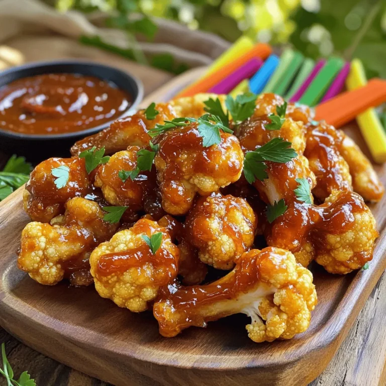 - 1 large head of cauliflower, cut into bite-sized florets - 1 cup all-purpose flour - 1 cup almond milk (or any non-dairy milk) - 1 teaspoon garlic powder - 1 teaspoon onion powder - 1 teaspoon smoked paprika - ½ teaspoon salt - ½ teaspoon black pepper - 1 cup BBQ sauce (preferably a sweet variety) - ¼ cup honey - Fresh parsley, chopped (for garnish) To make honey BBQ cauliflower wings, you need simple but tasty ingredients. The main star is the cauliflower. Choose a large head for the best results. It gives a nice, meaty texture. Next, we need flour and almond milk for the batter. The flour helps create a crispy coating. The almond milk makes it smooth and easy to dip the florets. For flavor, we add garlic powder, onion powder, smoked paprika, salt, and black pepper. Each spice brings its unique taste. The sweet BBQ sauce and honey mix together to create the perfect sauce. They add a rich flavor that makes the wings shine. Finally, we use fresh parsley to add color and a fresh touch. This combination of ingredients makes a snack that is both crispy and delicious. You can find the full recipe above to get started on making these tasty treats! First, preheat your oven to 425°F (220°C). This step is key for getting the cauliflower wings crispy. Line a baking sheet with parchment paper. This will help the wings not stick and make cleanup easy. In a mixing bowl, whisk together these dry ingredients: - 1 cup all-purpose flour - 1 teaspoon garlic powder - 1 teaspoon onion powder - 1 teaspoon smoked paprika - ½ teaspoon salt - ½ teaspoon black pepper Next, add 1 cup of almond milk to the dry mix. Stir until you have a smooth batter. This batter will coat the cauliflower and give it a nice crunch. Now, dip each cauliflower floret into the batter. Make sure to coat each piece well. Shake off any extra batter and place them on the baking sheet in a single layer. Bake in the preheated oven for 25 minutes. Flip the florets halfway through. This helps them brown evenly and become crispy. While the cauliflower bakes, heat your sauce. In a small saucepan, combine 1 cup of BBQ sauce and ¼ cup of honey. Heat over medium heat for about 5 minutes. Stir it often until it thickens a bit. This sauce adds sweet and tangy flavor to the wings. Once the cauliflower is golden and crispy, take it out of the oven. Toss the baked cauliflower in the honey BBQ sauce. Make sure every piece gets a good coat. Return the wings to the baking sheet and bake them for an extra 10 minutes. This step caramelizes the sauce and makes it sticky. To make your cauliflower wings extra crispy, follow these simple steps. First, use a large head of cauliflower. Cut it into bite-sized florets, making sure they are even in size. This helps them cook uniformly. Next, for the batter, aim for a thick consistency. A thicker batter clings better to the florets. If your batter seems too thin, add a bit more flour until you reach the right thickness. You want it to coat the florets well without dripping off. One more tip: bake the cauliflower in a single layer. This lets hot air circulate evenly, giving you that crunchy texture. When it comes to serving, presentation matters! Place the honey BBQ cauliflower wings on a large platter. Line the platter with fresh parsley for a pop of color. This not only looks nice but adds a fresh taste too. For dipping, serve a small bowl of extra BBQ sauce on the side. You can also add colorful veggie sticks like carrots and celery. They add crunch and freshness, making your dish even more inviting. Want to spice things up? You can change the BBQ sauce to your taste. Try adding a pinch of cayenne pepper or smoked chipotle for heat. You can also experiment with toppings. Chopped green onions or sesame seeds add great texture and flavor. For a twist, drizzle some ranch or blue cheese dressing over the wings just before serving. These small changes can make your honey BBQ cauliflower wings even more exciting! For the full recipe, check out the section above. Enjoy making this tasty snack! {{image_2}} If you want to make this dish vegan, you can swap the batter. Use chickpea flour instead of all-purpose flour. It works well and gives a nice flavor. For the sauce, choose a vegan BBQ sauce. These changes keep the taste great while making it plant-based. If you need a gluten-free option, try almond flour. It gives a nice crunch and keeps the wings light. Don’t hesitate to play with different BBQ sauces. A spicy BBQ sauce can add a kick to your wings. You can also mix hot sauce into your BBQ sauce for more heat. If you prefer something sweeter, try a honey-infused BBQ sauce. This creates a delightful balance of flavors. For a lighter version, consider air-frying your cauliflower wings. This method gives you crispiness without much oil. Simply coat the florets as you would for baking, then place them in an air fryer. Cook them at 400°F for about 15 minutes, shaking the basket halfway through. Another great method is grilling. Grilling adds a smoky flavor that enhances the wings. Just coat the cauliflower and grill them over medium heat until they are tender and slightly charred. For the full recipe, check the earlier sections. Enjoy your cooking adventure! To store leftover honey BBQ cauliflower wings, place them in an airtight container. Make sure they cool down first. Store them in the fridge for up to three days. When you want to eat them, take them out and let them sit at room temperature for a few minutes. This helps keep some of the crispiness. To reheat your wings and keep them crispy, use an oven or an air fryer. Preheat the oven to 375°F (190°C). Spread the wings on a baking sheet in a single layer. Bake for about 10-15 minutes until hot and crispy. If using an air fryer, set it to 350°F (175°C) and heat for about 5-7 minutes. This way, they stay crunchy and tasty. To freeze honey BBQ cauliflower wings, first, let them cool completely. Place them in a single layer on a baking sheet and freeze for 1-2 hours. Once frozen, move them to a freezer bag. They can last for up to three months. When ready to eat, thaw them in the fridge overnight. Reheat them using the instructions above for the best results. You can store honey BBQ cauliflower wings in the fridge for about 3 to 5 days. Make sure to place them in an airtight container. This keeps them fresh and tasty. If you plan to eat them later, let them cool before storing. This helps prevent moisture. Yes, you can prepare this recipe ahead of time. You can coat the cauliflower in the batter and bake it earlier in the day. After baking, let the wings cool down completely. Store them in the fridge until you are ready to serve. You can reheat them in the oven or air fryer to keep them crispy. These wings pair well with many sides. Here are some great options: - Fresh veggie sticks like carrots and celery - Creamy ranch or blue cheese dressing for dipping - A refreshing salad to balance the flavors - Sweet potato fries for extra crunch - Corn on the cob for a fun side These sides add color and flavor to your plate! For more ideas, check out the Full Recipe. This blog post shared a tasty recipe for honey BBQ cauliflower wings. We discussed the key ingredients, step-by-step instructions, and tips for perfecting your dish. You learned about variations, storage tips, and answers to common questions. Try these wings for a great snack or meal. They are easy to make and delicious. Enjoy experimenting with flavors and serving them your way. Your friends will love them, and you’ll impress everyone with this simple recipe.