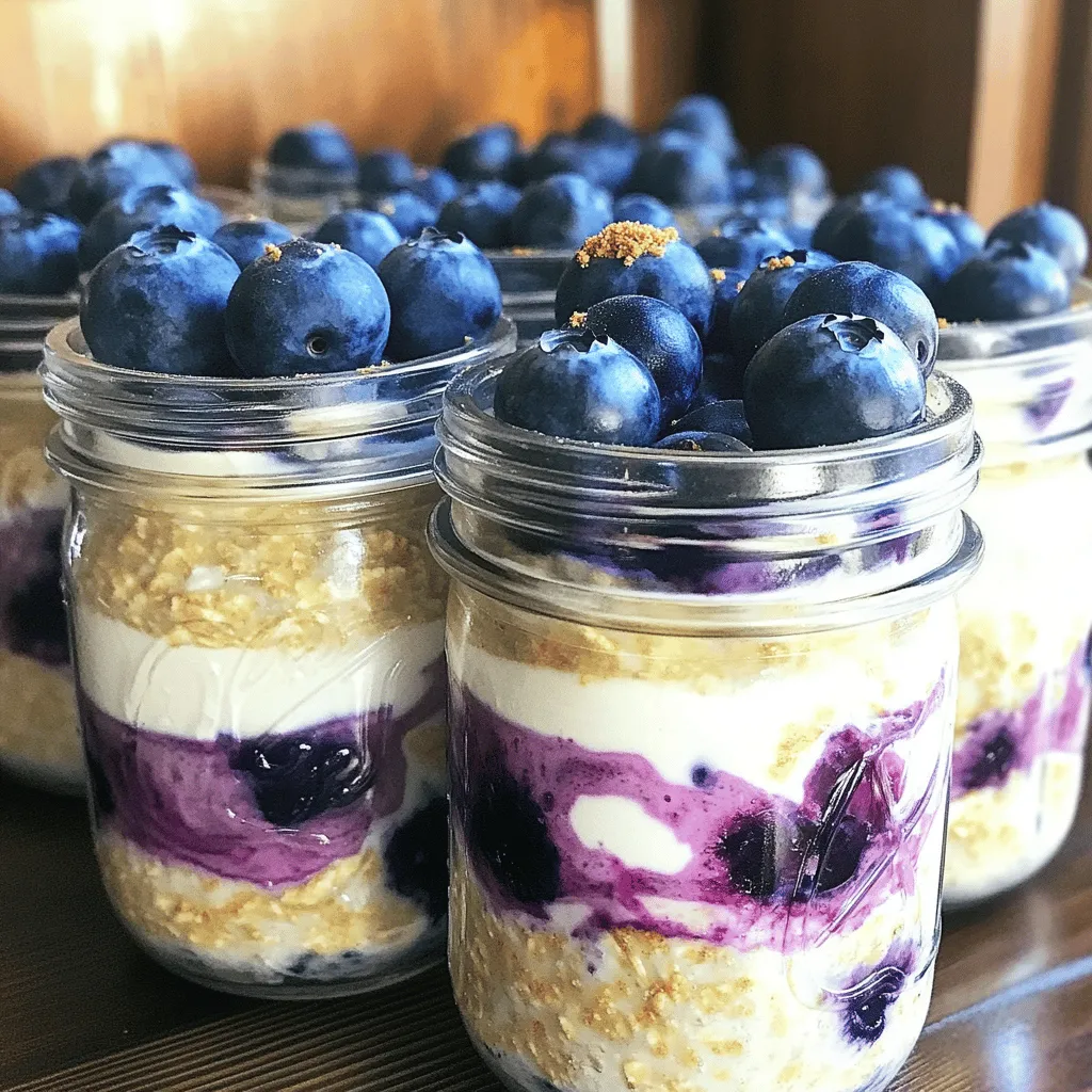 - 1 cup rolled oats - 1 cup almond milk (or your preferred milk) - 1/2 cup plain Greek yogurt - 1/4 cup cream cheese, softened - 2 tablespoons maple syrup (or honey) - 1 teaspoon vanilla extract - 1/2 cup fresh blueberries - 1 tablespoon chia seeds (optional) - 1/4 teaspoon ground cinnamon - Fresh blueberries and graham cracker crumbs for topping - If you want dairy-free options, swap cream cheese and Greek yogurt for coconut yogurt. Almond milk works well, but you can also use oat or soy milk. - For gluten-free oats, use certified gluten-free rolled oats. They are easy to find in most stores. - If you prefer a different sweetener, try agave syrup or coconut sugar instead of maple syrup or honey. When I create this dish, I aim for the best taste and texture. These ingredients blend well, giving you that cheesecake flavor you crave. The oats soak up the almond milk and yogurt, creating a creamy base. The blueberries add a burst of natural sweetness and freshness. Plus, the graham cracker crumbs on top provide a nice crunch. You can find the full recipe here, which shows you how to mix everything perfectly. 1. In a medium bowl, combine the rolled oats, almond milk, Greek yogurt, and cream cheese. 2. Whisk these ingredients together until they form a creamy mixture. 3. Next, stir in the maple syrup, vanilla extract, chia seeds, and ground cinnamon. 4. Mix until all the flavors blend smoothly. 5. Now, gently fold in the fresh blueberries. 6. Be careful not to crush the blueberries while mixing. 1. Divide the mixture evenly into two mason jars or airtight containers. 2. Close the jars with their lids tightly. 3. Place the jars in the fridge overnight. 4. This helps the oats soak up the flavors and get soft. 1. When it's time to serve, remove the jars from the fridge. 2. Give each jar a good stir to mix everything up again. 3. For a cheesecake effect, top your oats with more fresh blueberries. 4. Sprinkle graham cracker crumbs on top to finish it off. For the full recipe, you can refer to the recipe section above. To get the best texture, use rolled oats. They soak up the liquid without getting mushy. You want your oats creamy but still holding their shape. Avoid quick oats; they can turn your dish into a mushy mess. For a thicker texture, add a bit more oats or reduce the milk slightly. Spices can take your oats to the next level. A pinch of nutmeg or a dash of vanilla can make a big difference. You can also add fresh lemon zest for a bright flavor. Don't forget about crunch! Toss in some chopped nuts or seeds. They add a nice texture and extra nutrition. Making a larger batch saves time. Double or triple the recipe and store in jars. This way, you can grab a jar for breakfast all week. These oats keep well in the fridge for up to five days. Use airtight containers to keep them fresh. Enjoy a quick and easy meal every morning! For the full recipe, check the earlier section. {{image_2}} You can swap blueberries for other fruits. Strawberries, raspberries, or blackberries work great, too. Each fruit brings its own sweet flavor. You can also use seasonal fruits. In summer, try peaches or cherries. In fall, apple slices or pumpkin puree can add a fun twist. Want to make your oats even better? You can add protein powders or nut butters. These add a great taste and extra protein. Almond butter or peanut butter mix well. Seeds like chia or flax can add crunch and fiber. They also help keep you full longer. Feeling fancy? You can create fun dessert flavors. Try adding cocoa powder for chocolate oats. You can also use caramel syrup for a sweet treat. Using flavored yogurt can make it even tastier. Vanilla or strawberry yogurt adds a nice twist. You can explore so many flavors with just a few tweaks! Check the [Full Recipe] for all the details you need. To keep your blueberry cheesecake overnight oats fresh, use glass jars or airtight containers. These options seal well and prevent odors from mixing in the fridge. Make sure to store them in the refrigerator. This keeps the oats cool and safe to eat. For the best taste and texture, eat your oats within three days. After this, the oats may lose their creamy texture. Signs of spoilage include a sour smell, watery separation, or mold. If you see any of these, throw them away. Yes, you can freeze overnight oats! This is great for meal prep. Just make sure to use freezer-safe containers. When you’re ready to eat, transfer the oats to the fridge to thaw overnight. Avoid heating them directly from the freezer. This can change the texture and flavor. Blueberry Cheesecake Overnight Oats stay fresh for about 3 to 5 days in the fridge. Store them in airtight containers. This keeps them moist and tasty. If you notice any strange smell or mold, it's best to toss them out. Yes, you can use frozen blueberries. However, they may change the texture a bit. Frozen berries can make the oats a little mushy. If you want to keep the fresh taste, add frozen blueberries just before serving. Almond milk is my go-to for these oats. It adds a nice flavor without extra calories. You can also use oat milk, soy milk, or regular cow's milk. Choose what you like best. Each type gives a different taste and creaminess. To make this recipe vegan, swap Greek yogurt for coconut yogurt. Use vegan cream cheese instead of regular cream cheese. For sweeteners, choose maple syrup or agave nectar. These simple swaps keep it dairy-free and delicious. Yes, you can meal prep these oats for the week. Just make sure to portion them in jars. They keep well in the fridge. This is a great way to have a quick and healthy breakfast ready. Just grab a jar each morning! For the full recipe, check out the provided link. This article covered how to make Blueberry Cheesecake Overnight Oats. We went over key ingredients, easy steps, and various storage tips. You learned how to customize your oats and enjoy delicious flavors. Whether you need a quick breakfast or snack, these oats fit the bill. Enjoy the creamy texture and fresh taste. Give this recipe a try and discover your favorite mix!
