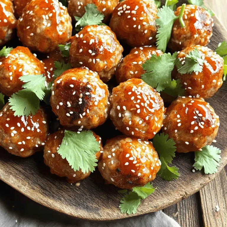 - 1 pound ground turkey - 1/2 cup breadcrumbs - 1/4 cup sweet chili sauce These main ingredients make the base of your meatballs. Ground turkey keeps them lean and healthy. Breadcrumbs help hold everything together, making them tender. Sweet chili sauce adds a nice touch of sweetness and heat, creating a balanced flavor. - Sesame seeds - Fresh cilantro Garnishes add a pop of color and flavor. Sesame seeds give a nice crunch, while cilantro brings freshness. You can sprinkle these on top right before serving for a beautiful finish. - 1 clove garlic - 1 tablespoon fresh ginger - 1 tablespoon soy sauce Garlic and ginger enhance the flavors of the meatballs. They add depth and warmth to your dish. Soy sauce brings a savory note that complements the sweet chili sauce perfectly. These essentials make your meatballs sing with flavor. You can find the full recipe for these meatballs in the earlier sections of the article. - Preheat oven to 400°F (200°C) - Line a baking sheet with parchment paper First, I set my oven to 400°F (200°C). This is the perfect temperature for baking meatballs. Next, I line a baking sheet with parchment paper. This helps the meatballs not stick and makes cleanup easy. - Combine all ingredients in a large bowl - Tips for mixing without overmixing In a large bowl, I add the ground turkey, breadcrumbs, and Parmesan cheese. Then, I toss in the chopped green onions, minced garlic, and grated ginger. I also add the egg, sweet chili sauce, soy sauce, sesame oil, salt, and pepper. I mix everything gently. It is important to mix just enough to combine all the flavors. Overmixing makes the meatballs tough. - Forming the meatballs - Bake time and indicators for doneness Using my hands, I shape the mixture into small meatballs, about 1 inch in size. I place them on the prepared baking sheet. This helps them cook evenly. I bake the meatballs for 20-25 minutes. They are done when they are golden brown and cooked through. For extra flavor, I brush them with more sweet chili sauce during the last 5 minutes. Once baked, I let them cool slightly before serving. Seasoning is key to tasty meatballs. Use salt and pepper to enhance flavor. You can also add spices like garlic powder or onion powder for depth. Fresh herbs like parsley or cilantro bring bright notes. Chop them finely and mix them into the meatball mix. This step makes a big difference in taste. To keep your meatballs juicy, add moisture-rich ingredients. Use breadcrumbs soaked in milk or broth. This tip adds softness and flavor. Don't forget the egg; it binds and adds moisture too. Make sure not to overmix the meatball mixture. This keeps them tender and light. Serve your meatballs with a variety of sauces. Sweet chili sauce is a must. It adds a nice glaze and flavor boost. You can also try soy sauce or a spicy sriracha. For side dishes, think about rice or noodles. A fresh salad pairs well too. These sides balance the meal and add freshness. For a full recipe, check out the Sweet Chili Turkey Meatballs recipe. {{image_2}} You can swap ground turkey for other meats. Ground chicken works well, too. If you prefer beef, use lean ground beef for a richer taste. For a gluten-free option, use gluten-free breadcrumbs. They hold the meatballs together and keep them tasty. Add spices for extra flavor. Try black pepper, garlic powder, or even some red pepper flakes. You can also mix in unique sauces. Consider teriyaki or hoisin sauce for an Asian twist. These will elevate your dish and make it more interesting. To make these meatballs in bulk, double the recipe. You can cook them all at once. Once baked, let them cool completely. Place them in freezer bags for easy meals later. When you want them, just reheat in the oven or microwave. This way, you’ll always have a quick meal on hand. After you make sweet chili turkey meatballs, store any leftovers correctly. Place the meatballs in an airtight container. Glass or plastic containers work well. Make sure they are cool before sealing. This helps keep them fresh longer. You can freeze cooked meatballs for future meals. Place them in a single layer on a baking sheet to freeze first. Once frozen, transfer them to a freezer bag. Be sure to remove as much air as possible. When you want to eat them, thaw in the fridge overnight. Reheat them in the oven or microwave until hot. In the fridge, meatballs last about 3 to 4 days. Check for any off smells or changes in color. If they look slimy or dry, it’s best to toss them. Always trust your senses. Fresh meatballs are safe and tasty! For the full recipe, check back to make sure you have all the steps right. Yes, you can swap ground turkey for other meats. Ground chicken works well. You can also use lean ground beef or pork. Each meat brings its own flavor. Turkey is lighter, while beef is richer. Choose what you like best. You can make your own sweet chili sauce at home. Mix 1/2 cup sugar with 1/2 cup vinegar. Add 1 tablespoon of soy sauce and 1 tablespoon of ketchup. Then add 1 minced garlic clove and 1 teaspoon of red pepper flakes. Stir well and adjust to your taste. This quick recipe adds a nice kick. To spice things up, add red pepper flakes to the mixture. You can also use sriracha or hot sauce. Mix in chopped fresh chili peppers for heat. Adjust the amount based on your spice level. Enjoy the heat in every bite! This article covered how to make delicious turkey meatballs, highlighting key ingredients like ground turkey, breadcrumbs, and sweet chili sauce. We shared step-by-step instructions for mixing, shaping, and baking. Important tips ensured your meatballs are flavorful and moist. In summary, you can adapt this recipe with variations for health and flavor. With proper storage, these meatballs last long and are easy to reheat. Enjoy cooking and experimenting with this simple, tasty dish for your next meal!