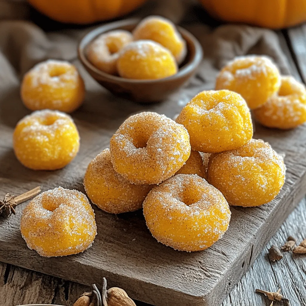 - 1 cup pumpkin puree - 2 cups all-purpose flour - 1/2 cup granulated sugar Pumpkin puree brings a rich flavor and moistness to the donut holes. You can use canned or fresh pumpkin. All-purpose flour gives the right texture, making the donut holes soft and fluffy. The granulated sugar adds sweetness and helps to create a lovely crust. - 1/4 cup brown sugar, packed - 1 teaspoon baking powder - 1/2 teaspoon baking soda - 1 teaspoon ground cinnamon - 1/2 teaspoon ground nutmeg - 1/4 teaspoon ground ginger Brown sugar adds a deeper sweetness and a hint of caramel. Baking powder and soda help the donut holes rise. Ground spices like cinnamon, nutmeg, and ginger give that warm, fall flavor that pairs perfectly with pumpkin. - 1/2 cup granulated sugar (for coating) - 2 tablespoons ground cinnamon (for coating) The coating is the best part! Mixing granulated sugar with ground cinnamon creates a sweet, spicy layer. It adds flavor and makes the donut holes look so appealing. For the full recipe, check out the [Full Recipe]. 1. Preheat the oven to 350°F (175°C). This step is key for even baking. 2. Grease a mini muffin tin with cooking spray. You can also line it with paper liners for easy removal. 1. In a large bowl, combine the dry ingredients. This includes flour, granulated sugar, brown sugar, baking powder, baking soda, cinnamon, nutmeg, ginger, and salt. Mix well to ensure all flavors blend. 2. In another bowl, whisk together the wet ingredients. You will need pumpkin puree, milk, melted butter, and one egg. Make sure this mixture is smooth. 1. Pour the wet ingredients into the dry mix. Gently fold them together until just combined. Remember, a few lumps are okay. Do not overmix. 2. Using a spoon or small cookie scoop, fill each cavity of the muffin tin about 3/4 full with the batter. 3. Bake in the preheated oven for about 10-12 minutes. Check doneness by inserting a toothpick. If it comes out clean, they are ready. 4. Once baked, remove the donut holes from the oven. Let them cool in the pan for about 5 minutes. 5. While they cool, make the cinnamon sugar coating. Mix granulated sugar and ground cinnamon in a bowl. 6. Carefully remove the donut holes from the tin. Roll them in the cinnamon sugar mixture while warm. Make sure each donut hole is fully coated. 7. Place them on a wire rack to cool slightly before serving. For the full recipe, check the earlier section. Enjoy these tasty treats! To make your donut holes soft and fluffy, avoid overmixing the batter. When combining wet and dry ingredients, mix just until you see no dry flour. It’s okay to have some lumps! Overmixing can make your donut holes tough. Using fresh spices is key too. Ground spices lose flavor over time. Check the dates on your jars. Freshly ground spices can give your donut holes a vibrant taste. These donut holes are best enjoyed warm. Fresh out of the oven, they melt in your mouth. The cinnamon sugar coating adds a sweet crunch. You can also pair them with coffee or tea. The flavors mix nicely, making for a perfect snack. For this recipe, I recommend using a mini muffin tin. It creates the right size for donut holes. If you don’t have one, you can use a regular muffin tin but adjust the baking time. Some useful baking tools include a whisk for mixing and a cookie scoop for filling the tin. These tools help make the process easy and fun. For the full recipe, follow the link. {{image_2}} You can make your cinnamon sugar pumpkin donut holes even more fun. Adding chocolate chips gives them a sweet twist. Just fold in about a half cup of your favorite chocolate chips into the batter before baking. You will love the rich chocolate taste with the warm pumpkin flavor. Incorporating nuts also adds a great crunch. Chopped walnuts or pecans work well. Mix in about a quarter cup of nuts. They add texture and a nutty flavor to each bite. If you need gluten-free options, swap out the all-purpose flour. Use a gluten-free baking blend. Make sure it has a good rise and texture. This will keep your donut holes light and fluffy. For vegan options, you can replace the egg with a flax egg. Just mix one tablespoon of ground flaxseed with two and a half tablespoons of water. Let it sit for a few minutes to thicken. Use almond milk instead of regular milk for a dairy-free treat. Drizzling your donut holes with icing can make them extra special. A simple glaze made of powdered sugar and milk adds a sweet touch. You can also serve them with dipping sauces. A warm caramel sauce or a sweet cream cheese dip works great. This adds more fun and flavor to your treats. For the full recipe, check out the earlier sections! To keep your donut holes fresh, store them in an airtight container. You can keep them at room temperature for up to two days. If you live in a warm area, it’s best to refrigerate them. In the fridge, they stay good for about a week. Just remember, they taste best when fresh! You can freeze these donut holes for later enjoyment. First, let them cool completely. Then, place them in a single layer on a baking sheet. Freeze for about an hour until firm. After that, transfer them to a freezer bag or container. They will last for about three months. When you crave them, just take out a few and reheat in the oven at 350°F for about 5-7 minutes. This will bring back their warmth and texture. To keep your donut holes from getting soggy, store them in a cool, dry place. Avoid stacking them directly on top of each other. Use parchment paper between layers if needed. For the best flavor, don’t coat them in sugar until you are ready to serve. This keeps that lovely crunch intact. Enjoying them fresh is the key to their delightful taste! You can check if the donut holes are done by using a toothpick. Simply insert the toothpick into the center of a donut hole. If it comes out clean, the donut holes are ready. If it has batter on it, bake for a few more minutes. Keep an eye on them as they bake to avoid overcooking. Yes, you can use fresh pumpkin. To make pumpkin puree, start with a sugar pumpkin. Cut it in half, scoop out the seeds, and roast it at 350°F (175°C) for about 45 minutes. Once it's soft, scoop out the flesh and blend until smooth. This fresh puree can add a nice flavor to your donut holes. If you want to make these donut holes vegan, you can use substitutes for eggs. Common options include: - 1/4 cup unsweetened applesauce - 1/4 cup mashed banana - 1 tablespoon ground flaxseed mixed with 3 tablespoons water (let it sit for 5 minutes) Each option binds the ingredients well and keeps your donut holes moist. Yes, you can make these donut holes ahead of time. Bake them, then let them cool completely. Store them in an airtight container at room temperature for up to two days. For longer storage, freeze them in a single layer. Reheat in a warm oven for a few minutes before serving. This keeps them soft and tasty. This blog post covered how to make delicious pumpkin donut holes. We discussed key ingredients like pumpkin puree and spices. I provided step-by-step instructions, tips for perfect texture, and fun flavor variations. You can store, freeze, and even adapt the recipe for dietary needs. Enjoy freshly baked donut holes warm with coffee or tea. With my tips, you can easily create a tasty treat. Embrace your creativity, and share with friends for a cozy treat everyone will love!