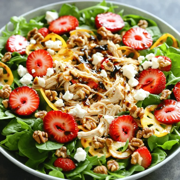 For the Balsamic Strawberry Chicken Salad, gather these fresh ingredients: - 2 cups cooked chicken breast, shredded - 4 cups mixed greens (spinach, arugula, and romaine) - 1 cup strawberries, hulled and sliced - 1/2 cup crumbled feta cheese - 1/4 cup walnuts, chopped - 1/4 cup balsamic vinegar - 2 tablespoons olive oil - 1 tablespoon honey - Salt and pepper to taste This salad is not just delicious, but also healthy. Each serving provides: - Calories: Approximately 290 - Protein: 25g - Carbohydrates: 15g - Fat: 15g - Fiber: 3g - Sugar: 6g These values help keep your meals balanced and nutritious. You can change up some ingredients if you want. Here are some ideas: - Chicken: Use grilled shrimp or tofu for a different protein. - Greens: Replace mixed greens with kale or romaine only. - Balsamic vinegar: Try apple cider vinegar for a milder taste. - Feta cheese: Goat cheese or blue cheese can add unique flavors. - Walnuts: Swap with almonds or pecans for a different crunch. Feel free to mix and match based on what you have at home. Each swap can create a new twist on this tasty dish! For the full recipe, check out the details above. Start by making the dressing. In a small bowl, add the balsamic vinegar, olive oil, honey, salt, and pepper. Use a whisk to mix it well. You want a smooth blend. This dressing adds a rich flavor to the salad. Set it aside for now. Next, grab a large mixing bowl. In it, combine the mixed greens, cooked chicken, sliced strawberries, crumbled feta cheese, and chopped walnuts. Each ingredient brings a unique taste. The chicken adds protein, while strawberries give sweetness. Feta adds creaminess, and walnuts bring crunch. Now, it’s time to toss the salad. Drizzle the dressing over the salad mix. Use tongs or a big spoon to mix gently. Make sure everything gets coated with the dressing. You can add more salt or pepper to taste if needed. Serve it right away for the best flavors. If you want, chill it for 10-15 minutes. This helps the flavors blend even more. For a pretty touch, garnish with extra strawberry slices and walnuts. Enjoy your fresh Balsamic Strawberry Chicken Salad! For a complete guide, check the Full Recipe. To make your Balsamic Strawberry Chicken Salad even better, think about the flavors. Use fresh herbs like basil or mint. They add a nice twist. You can also try adding citrus zest, like lemon or orange. It brightens the dish. If you want more crunch, add sliced cucumbers or bell peppers. These enhance the salad’s taste and texture. You can prepare this salad in advance. Cook the chicken and chop the veggies ahead of time. Store each ingredient separately in the fridge. This keeps everything fresh. When you’re ready to eat, just toss it together with the dressing. It saves time and still tastes great! To impress your guests, think about how to serve the salad. Use a large, shallow bowl for a beautiful display. Layer the greens first, then add the chicken, strawberries, and cheese on top. Garnish with extra strawberry slices and walnuts. A drizzle of balsamic reduction adds a lovely finish. This makes the salad look as good as it tastes! For the full recipe, check out the detailed instructions. {{image_2}} You can swap the chicken for other proteins. Try using grilled shrimp for a seafood twist. You may also enjoy using roasted turkey or even tofu for a plant-based option. Each protein adds a unique flavor and texture to the salad. Change the ingredients based on the season. In summer, add fresh peaches or blueberries instead of strawberries. In fall, consider using apples or pears for a sweet crunch. This keeps the salad fresh and interesting all year long. To make this salad vegan or vegetarian, skip the chicken and feta. Use chickpeas or lentils for protein. You can use a vegan cheese or simply leave it out. The salad remains delicious with just the greens, fruits, and nuts. For the full recipe, check out the complete instructions above. Keep your Balsamic Strawberry Chicken Salad fresh by storing it in an airtight container. This helps keep the greens crisp and the flavors bright. If you have leftover dressing, store it separately. This way, your salad stays crunchy and tasty. When stored properly, your salad will last about 3 days in the fridge. After that, the greens may wilt, and the flavors could fade. Always check for any signs of spoilage before eating. Freezing this salad isn't ideal. The textures of the greens and strawberries won't hold up well. However, you can freeze the cooked chicken separately for later use. Just remember to thaw it in the fridge before adding it back to the salad later. For the full recipe, check out the details above! Yes, you can use frozen strawberries. Just thaw them first. They may be softer than fresh ones. This can change the texture but still adds great flavor. If you want a different cheese, try goat cheese or blue cheese. For a non-dairy option, use a vegan feta. Both will add a nice tangy taste to your salad. Yes, this salad is gluten-free. All the ingredients are safe for those with gluten issues. Just check any packaged items to ensure they are gluten-free. To make it dairy-free, skip the feta cheese. You can use avocado or nuts for creaminess. This adds flavor without the dairy, making it just as tasty! This blog post covered the key elements for making a tasty salad. We listed ingredients, gave steps for preparation, and shared helpful tips. We explored variations to meet different needs, like proteins and dietary preferences. Lastly, storage info ensures your leftovers stay fresh. Keep these points in mind when making your salad. With the right ingredients and fun twists, every bowl can become a delight. Enjoy your cooking adventure!