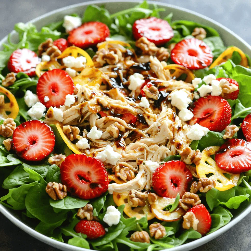 For the Balsamic Strawberry Chicken Salad, gather these fresh ingredients: - 2 cups cooked chicken breast, shredded - 4 cups mixed greens (spinach, arugula, and romaine) - 1 cup strawberries, hulled and sliced - 1/2 cup crumbled feta cheese - 1/4 cup walnuts, chopped - 1/4 cup balsamic vinegar - 2 tablespoons olive oil - 1 tablespoon honey - Salt and pepper to taste This salad is not just delicious, but also healthy. Each serving provides: - Calories: Approximately 290 - Protein: 25g - Carbohydrates: 15g - Fat: 15g - Fiber: 3g - Sugar: 6g These values help keep your meals balanced and nutritious. You can change up some ingredients if you want. Here are some ideas: - Chicken: Use grilled shrimp or tofu for a different protein. - Greens: Replace mixed greens with kale or romaine only. - Balsamic vinegar: Try apple cider vinegar for a milder taste. - Feta cheese: Goat cheese or blue cheese can add unique flavors. - Walnuts: Swap with almonds or pecans for a different crunch. Feel free to mix and match based on what you have at home. Each swap can create a new twist on this tasty dish! For the full recipe, check out the details above. Start by making the dressing. In a small bowl, add the balsamic vinegar, olive oil, honey, salt, and pepper. Use a whisk to mix it well. You want a smooth blend. This dressing adds a rich flavor to the salad. Set it aside for now. Next, grab a large mixing bowl. In it, combine the mixed greens, cooked chicken, sliced strawberries, crumbled feta cheese, and chopped walnuts. Each ingredient brings a unique taste. The chicken adds protein, while strawberries give sweetness. Feta adds creaminess, and walnuts bring crunch. Now, it’s time to toss the salad. Drizzle the dressing over the salad mix. Use tongs or a big spoon to mix gently. Make sure everything gets coated with the dressing. You can add more salt or pepper to taste if needed. Serve it right away for the best flavors. If you want, chill it for 10-15 minutes. This helps the flavors blend even more. For a pretty touch, garnish with extra strawberry slices and walnuts. Enjoy your fresh Balsamic Strawberry Chicken Salad! For a complete guide, check the Full Recipe. To make your Balsamic Strawberry Chicken Salad even better, think about the flavors. Use fresh herbs like basil or mint. They add a nice twist. You can also try adding citrus zest, like lemon or orange. It brightens the dish. If you want more crunch, add sliced cucumbers or bell peppers. These enhance the salad’s taste and texture. You can prepare this salad in advance. Cook the chicken and chop the veggies ahead of time. Store each ingredient separately in the fridge. This keeps everything fresh. When you’re ready to eat, just toss it together with the dressing. It saves time and still tastes great! To impress your guests, think about how to serve the salad. Use a large, shallow bowl for a beautiful display. Layer the greens first, then add the chicken, strawberries, and cheese on top. Garnish with extra strawberry slices and walnuts. A drizzle of balsamic reduction adds a lovely finish. This makes the salad look as good as it tastes! For the full recipe, check out the detailed instructions. {{image_2}} You can swap the chicken for other proteins. Try using grilled shrimp for a seafood twist. You may also enjoy using roasted turkey or even tofu for a plant-based option. Each protein adds a unique flavor and texture to the salad. Change the ingredients based on the season. In summer, add fresh peaches or blueberries instead of strawberries. In fall, consider using apples or pears for a sweet crunch. This keeps the salad fresh and interesting all year long. To make this salad vegan or vegetarian, skip the chicken and feta. Use chickpeas or lentils for protein. You can use a vegan cheese or simply leave it out. The salad remains delicious with just the greens, fruits, and nuts. For the full recipe, check out the complete instructions above. Keep your Balsamic Strawberry Chicken Salad fresh by storing it in an airtight container. This helps keep the greens crisp and the flavors bright. If you have leftover dressing, store it separately. This way, your salad stays crunchy and tasty. When stored properly, your salad will last about 3 days in the fridge. After that, the greens may wilt, and the flavors could fade. Always check for any signs of spoilage before eating. Freezing this salad isn't ideal. The textures of the greens and strawberries won't hold up well. However, you can freeze the cooked chicken separately for later use. Just remember to thaw it in the fridge before adding it back to the salad later. For the full recipe, check out the details above! Yes, you can use frozen strawberries. Just thaw them first. They may be softer than fresh ones. This can change the texture but still adds great flavor. If you want a different cheese, try goat cheese or blue cheese. For a non-dairy option, use a vegan feta. Both will add a nice tangy taste to your salad. Yes, this salad is gluten-free. All the ingredients are safe for those with gluten issues. Just check any packaged items to ensure they are gluten-free. To make it dairy-free, skip the feta cheese. You can use avocado or nuts for creaminess. This adds flavor without the dairy, making it just as tasty! This blog post covered the key elements for making a tasty salad. We listed ingredients, gave steps for preparation, and shared helpful tips. We explored variations to meet different needs, like proteins and dietary preferences. Lastly, storage info ensures your leftovers stay fresh. Keep these points in mind when making your salad. With the right ingredients and fun twists, every bowl can become a delight. Enjoy your cooking adventure!