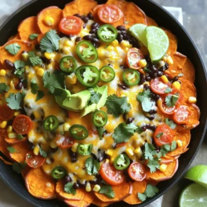- 2 medium sweet potatoes, peeled and thinly sliced - 1 tablespoon olive oil - 1 teaspoon smoked paprika - 1 teaspoon cumin - 1/2 teaspoon garlic powder - Salt and pepper to taste - 1 cup black beans, rinsed and drained - 1 cup corn kernels (fresh or frozen) - 1 cup diced tomatoes (fresh or canned) - 1 cup shredded cheddar cheese - 1/2 cup sliced jalapeños (fresh or pickled) - 1 avocado, diced - Fresh cilantro for garnish - Lime wedges for serving Sweet potatoes are the star here. They bring a natural sweetness and a hearty texture. I love using fresh herbs and spices to lift the flavors. The smoked paprika and cumin add warmth and depth. They work great with the beans and corn. For extra flavor, salt and pepper are key. They balance the dish and make it pop. I always rinse the beans to reduce sodium. Diced tomatoes add moisture and brightness, enhancing the overall taste. Cheddar cheese melts beautifully over this dish. It gives a rich and creamy layer. I like adding jalapeños for a kick. If you prefer less heat, pickled jalapeños are a mild option. The avocado adds creaminess and freshness. It cools down the heat from the jalapeños. Finally, cilantro gives a burst of flavor. Lime wedges serve as a zesty finish. For the full recipe, check out the Sweet Potato Nacho Skillet. - Preheat your oven to 400°F (200°C). - Heat olive oil in a large skillet over medium heat. - Sauté sliced sweet potatoes for about 5 minutes, stirring occasionally. - Season with smoked paprika, cumin, garlic powder, salt, and pepper; cook for another 5-7 minutes. - Add black beans, corn, and diced tomatoes; warm through for an additional 3-4 minutes. - Top with cheddar cheese and jalapeños; bake for about 10 minutes until cheese is melted. This method gives you a tasty dish that is simple to make. Each step builds flavor and texture. You will love how the sweet potatoes blend with the spices. The cheese melts perfectly, creating a creamy layer on top. Don't forget to check the full recipe for all the details! - Choose evenly-sized sweet potato slices for uniform cooking. - Sauté until sweet potatoes are just tender for a slight crunch. To get the best texture, slice your sweet potatoes thin. This helps them cook evenly. If you cut them too thick, they may not cook well. When you sauté them, watch for a slight golden color. This shows they are ready for the next step. - Adjust seasoning according to taste; add more spices if desired. - Use fresh herbs, lime juice, or avocado for a fresher taste. The flavor is key in this dish. You can make it your own by adding spices. If you love heat, try adding more jalapeños or a pinch of cayenne. Fresh herbs like cilantro brighten the dish. A squeeze of lime juice adds a fresh kick as well. Don't forget the avocado; it adds creaminess. - Garnish with fresh cilantro and serve with lime wedges. - Use colorful plating for an appealing dish presentation. A great dish looks as good as it tastes. Garnishing with fresh cilantro makes it pop. Place lime wedges on the side for a splash of color. Use a colorful plate to catch the eye. This makes your Sweet Potato Nacho Skillet not just a meal, but a feast for the senses. For more tips, you can check the Full Recipe. {{image_2}} You can get creative with toppings on your Sweet Potato Nacho Skillet. Consider using different cheeses like mozzarella or pepper jack. They add a fun twist to the dish. You can also add toppings such as sour cream, guacamole, or salsa. These options bring extra flavor and creaminess. If you're looking for variety, swap out the sweet potatoes. Regular potatoes or cauliflower work well in this dish. Each option brings a unique taste and texture. For protein, use chickpeas instead of black beans. Chickpeas add a nice crunch and are packed with nutrients. To make this dish vegan, simply omit the cheese or use a dairy-free alternative. This keeps it tasty and friendly for plant-based diets. You can also adjust spice levels. If you want a milder flavor, skip the jalapeños. This way, everyone can enjoy the dish without the heat. For the full recipe, check out the details above! Store your Sweet Potato Nacho Skillet in an airtight container. It will stay fresh in the refrigerator for up to 3-4 days. Make sure it cools down before sealing to avoid moisture buildup. This helps keep your dish tasty and safe to eat later. To reheat, use a skillet over low heat. Stir occasionally to heat evenly. You can also microwave it until warmed through. Just be careful not to overcook, as it can dry out the sweet potatoes. If you want to save some for later, freeze it in portions. It stays good for up to 2-3 months. To reheat, take it out of the freezer and heat directly. This is a great way to enjoy this dish without losing flavor. Yes, but thaw them before cooking for the best texture. Frozen sweet potatoes can be easy to find. Just let them sit at room temperature until soft. This helps them cook evenly in the skillet. The ingredients listed are gluten-free; ensure all products are certified gluten-free. Most foods like sweet potatoes and beans are naturally gluten-free. Always check labels on sauces or packaged items. Serve with a side salad or tortilla chips for added crunch. A fresh salad can balance the warm flavors. Tortilla chips add extra texture and fun to your meal. Adjust the amount of jalapeños or add hot sauce to taste. For less heat, use fewer jalapeños or remove seeds. If you love spice, add more jalapeños or a drizzle of hot sauce. This sweet potato nacho skillet is fun, tasty, and full of good ingredients. You learned how to prep, cook, and add spices for great flavor. Don't forget to try different toppings and swaps to match your taste. Whether it's for a snack or a meal, enjoy mixing up the ingredients and making it your own. With easy storage and reheating options, you can savor this dish all week. Making it your way will keep it fresh and exciting. Get cooking and treat yourself to something delicious!