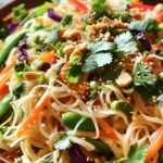 - 8 oz rice noodles - 1 cup shredded carrots - 1 bell pepper (red or yellow), thinly sliced - 1 cup red cabbage, shredded - 1/2 cup snap peas, trimmed - 1/4 cup fresh cilantro, chopped - 2 green onions, sliced - 1/4 cup roasted peanuts, roughly chopped - 1/4 cup sesame oil - 2 tablespoons soy sauce - 1 tablespoon rice vinegar - 2 teaspoons sriracha (or to taste) - 1 tablespoon honey or maple syrup - Salt and pepper to taste The main ingredients in this salad create a bright and crunchy mix. Rice noodles form the base. They soak up all the flavors. The veggies add color and crunch. Shredded carrots give sweetness. Bell peppers contribute crispness and a pop of color. Red cabbage adds a nice crunch too. Snap peas are sweet and tender. Fresh cilantro brings in a burst of flavor. Green onions add a mild bite. Finally, roasted peanuts add a delicious crunch. For the dressing, sesame oil gives a rich nutty taste. Soy sauce brings saltiness and umami. Rice vinegar adds tang. Sriracha gives a spicy kick that you can adjust. Honey or maple syrup balances the heat with sweetness. Don't forget salt and pepper for extra flavor. This salad is fun to make and even more fun to eat! You can find the Full Recipe below to guide you through. To cook rice noodles, bring water to a boil. Add the noodles and cook as the package tells you. Drain them in a colander. Next, rinse the noodles under cold water. This helps stop the cooking. Set them aside to cool. In a bowl, whisk together the sesame oil, soy sauce, and rice vinegar. Add sriracha, honey, and a pinch of salt and pepper. Keep whisking until all the ingredients mix well. If you like more heat, add more sriracha to fit your taste. In a large mixing bowl, add the shredded carrots, sliced bell pepper, red cabbage, snap peas, cilantro, and green onions. Toss the veggies together to mix them well. Now, add the cooled noodles to the bowl. Pour the dressing over everything. Toss it all together until the noodles and veggies are coated. You can serve this salad on a large platter or in individual bowls. For crunch, sprinkle roasted peanuts on top. You can also add extra cilantro or green onions for a nice touch. This salad looks and tastes great! For the complete recipe, check out the Full Recipe. To get the best noodles, cook them al dente. This means they should be firm but not hard. Follow the package instructions carefully. After cooking, drain and rinse them in cold water. This stops the cooking and keeps them from sticking together. For crunchy veggies, slice bell peppers and cabbage thin. This adds more texture and makes every bite fun. Use fresh snap peas for a crisp experience. The key is to keep the vegetables raw so they stay crunchy. Adjusting the dressing is easy and fun. Start with the basic recipe and taste it. If you want more zest, add a little extra sriracha. For sweetness, increase the honey or maple syrup. The balance of flavors is key to a delicious salad. For added depth, throw in herbs like cilantro. Fresh herbs bring a burst of flavor. You can also mix in other spices if you want something special. Preparing ingredients ahead of time makes life easier. You can chop veggies and store them in the fridge. Just keep them in a sealed container. This keeps them fresh for longer. When storing the salad, keep the dressing separate until you are ready to eat. This helps the salad stay crisp. If you follow these tips, your salad will be fresh and tasty for days. For the complete recipe, check out the [Full Recipe]. {{image_2}} You can boost your Spicy Asian Noodle Salad with protein. Grilled chicken adds a tasty twist. It gives the salad a hearty touch. Just slice it thin and toss it in. If you're looking for plant-based options, try tofu or tempeh. Both options soak up flavors well. Use firm tofu for a nice texture. Simply grill or sauté it until golden. Tempeh has a nutty flavor that pairs beautifully with the salad. For a gluten-free version, swap rice noodles with zucchini noodles or rice paper. These options maintain the crunch and flavor. Ensure your soy sauce is gluten-free, too. If you follow a vegan diet, skip the honey. Use maple syrup instead for sweetness. It blends perfectly with the other flavors. You can enjoy this salad while sticking to your diet. Want to change up the taste? Add fruits like mango or avocado. Mango brings sweetness and color, while avocado adds creaminess. Both fruits pair well with the spicy dressing. You can also try different sauces. For a tangy kick, add some lime juice. Mixing in peanut sauce can give a richer flavor. Experiment with these tweaks to find your favorite taste! For the full recipe, check out the Spicy Asian Noodle Salad link. For the best storage, use airtight containers. Glass or BPA-free plastic containers work well. Make sure to cool the salad before sealing. This helps keep it fresh longer. Store the salad in the fridge right after serving. Your Spicy Asian Noodle Salad stays fresh for about three days. Keep an eye out for signs of spoilage. If you see wilting veggies, or a sour smell, it’s time to toss it. If the noodles become mushy, it's also not good anymore. Always trust your senses when checking for freshness. If you want detailed instructions on how to make this salad, check the Full Recipe. If you do not have rice noodles, try zucchini noodles or soba noodles. Zucchini noodles offer a fresh taste and are low in carbs. Soba noodles provide a nutty flavor and are made from buckwheat. Both options keep your salad bright and tasty. Yes, you can make this salad ahead of time. Prepare all the veggies and keep them in the fridge. Cook the noodles, rinse them, and store them separately. Keep the dressing in a jar. Mix everything together right before serving. This way, your salad stays fresh and crunchy! Yes, this salad can be spicy! The heat comes from sriracha. You can adjust the spice level to your liking. If you want it milder, use less sriracha. For more heat, add a bit more. This makes it easy to customize the flavor just for you! This Spicy Asian Noodle Salad is fun to make and tasty to eat. We covered the main ingredients, dressing, and how to prepare everything. You learned tips on texture and flavor, plus meal prep ideas. You can also adjust this salad to fit your needs. Remember to store leftovers properly for freshness. Enjoy your cooking and make this salad a regular dish!