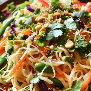 - 8 oz rice noodles - 1 cup shredded carrots - 1 bell pepper (red or yellow), thinly sliced - 1 cup red cabbage, shredded - 1/2 cup snap peas, trimmed - 1/4 cup fresh cilantro, chopped - 2 green onions, sliced - 1/4 cup roasted peanuts, roughly chopped - 1/4 cup sesame oil - 2 tablespoons soy sauce - 1 tablespoon rice vinegar - 2 teaspoons sriracha (or to taste) - 1 tablespoon honey or maple syrup - Salt and pepper to taste The main ingredients in this salad create a bright and crunchy mix. Rice noodles form the base. They soak up all the flavors. The veggies add color and crunch. Shredded carrots give sweetness. Bell peppers contribute crispness and a pop of color. Red cabbage adds a nice crunch too. Snap peas are sweet and tender. Fresh cilantro brings in a burst of flavor. Green onions add a mild bite. Finally, roasted peanuts add a delicious crunch. For the dressing, sesame oil gives a rich nutty taste. Soy sauce brings saltiness and umami. Rice vinegar adds tang. Sriracha gives a spicy kick that you can adjust. Honey or maple syrup balances the heat with sweetness. Don't forget salt and pepper for extra flavor. This salad is fun to make and even more fun to eat! You can find the Full Recipe below to guide you through. To cook rice noodles, bring water to a boil. Add the noodles and cook as the package tells you. Drain them in a colander. Next, rinse the noodles under cold water. This helps stop the cooking. Set them aside to cool. In a bowl, whisk together the sesame oil, soy sauce, and rice vinegar. Add sriracha, honey, and a pinch of salt and pepper. Keep whisking until all the ingredients mix well. If you like more heat, add more sriracha to fit your taste. In a large mixing bowl, add the shredded carrots, sliced bell pepper, red cabbage, snap peas, cilantro, and green onions. Toss the veggies together to mix them well. Now, add the cooled noodles to the bowl. Pour the dressing over everything. Toss it all together until the noodles and veggies are coated. You can serve this salad on a large platter or in individual bowls. For crunch, sprinkle roasted peanuts on top. You can also add extra cilantro or green onions for a nice touch. This salad looks and tastes great! For the complete recipe, check out the Full Recipe. To get the best noodles, cook them al dente. This means they should be firm but not hard. Follow the package instructions carefully. After cooking, drain and rinse them in cold water. This stops the cooking and keeps them from sticking together. For crunchy veggies, slice bell peppers and cabbage thin. This adds more texture and makes every bite fun. Use fresh snap peas for a crisp experience. The key is to keep the vegetables raw so they stay crunchy. Adjusting the dressing is easy and fun. Start with the basic recipe and taste it. If you want more zest, add a little extra sriracha. For sweetness, increase the honey or maple syrup. The balance of flavors is key to a delicious salad. For added depth, throw in herbs like cilantro. Fresh herbs bring a burst of flavor. You can also mix in other spices if you want something special. Preparing ingredients ahead of time makes life easier. You can chop veggies and store them in the fridge. Just keep them in a sealed container. This keeps them fresh for longer. When storing the salad, keep the dressing separate until you are ready to eat. This helps the salad stay crisp. If you follow these tips, your salad will be fresh and tasty for days. For the complete recipe, check out the [Full Recipe]. {{image_2}} You can boost your Spicy Asian Noodle Salad with protein. Grilled chicken adds a tasty twist. It gives the salad a hearty touch. Just slice it thin and toss it in. If you're looking for plant-based options, try tofu or tempeh. Both options soak up flavors well. Use firm tofu for a nice texture. Simply grill or sauté it until golden. Tempeh has a nutty flavor that pairs beautifully with the salad. For a gluten-free version, swap rice noodles with zucchini noodles or rice paper. These options maintain the crunch and flavor. Ensure your soy sauce is gluten-free, too. If you follow a vegan diet, skip the honey. Use maple syrup instead for sweetness. It blends perfectly with the other flavors. You can enjoy this salad while sticking to your diet. Want to change up the taste? Add fruits like mango or avocado. Mango brings sweetness and color, while avocado adds creaminess. Both fruits pair well with the spicy dressing. You can also try different sauces. For a tangy kick, add some lime juice. Mixing in peanut sauce can give a richer flavor. Experiment with these tweaks to find your favorite taste! For the full recipe, check out the Spicy Asian Noodle Salad link. For the best storage, use airtight containers. Glass or BPA-free plastic containers work well. Make sure to cool the salad before sealing. This helps keep it fresh longer. Store the salad in the fridge right after serving. Your Spicy Asian Noodle Salad stays fresh for about three days. Keep an eye out for signs of spoilage. If you see wilting veggies, or a sour smell, it’s time to toss it. If the noodles become mushy, it's also not good anymore. Always trust your senses when checking for freshness. If you want detailed instructions on how to make this salad, check the Full Recipe. If you do not have rice noodles, try zucchini noodles or soba noodles. Zucchini noodles offer a fresh taste and are low in carbs. Soba noodles provide a nutty flavor and are made from buckwheat. Both options keep your salad bright and tasty. Yes, you can make this salad ahead of time. Prepare all the veggies and keep them in the fridge. Cook the noodles, rinse them, and store them separately. Keep the dressing in a jar. Mix everything together right before serving. This way, your salad stays fresh and crunchy! Yes, this salad can be spicy! The heat comes from sriracha. You can adjust the spice level to your liking. If you want it milder, use less sriracha. For more heat, add a bit more. This makes it easy to customize the flavor just for you! This Spicy Asian Noodle Salad is fun to make and tasty to eat. We covered the main ingredients, dressing, and how to prepare everything. You learned tips on texture and flavor, plus meal prep ideas. You can also adjust this salad to fit your needs. Remember to store leftovers properly for freshness. Enjoy your cooking and make this salad a regular dish!