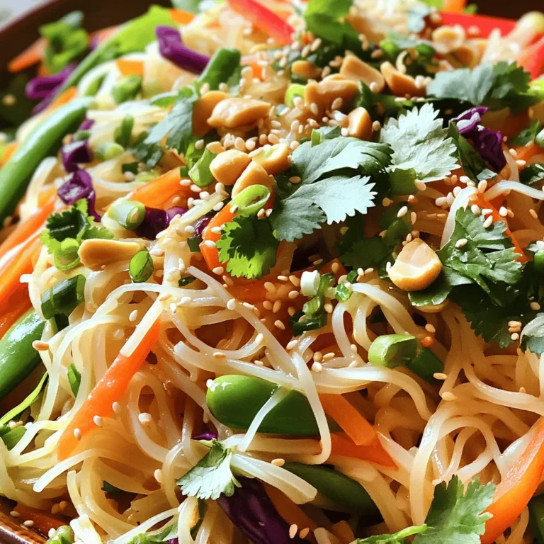 - 8 oz rice noodles - 1 cup shredded carrots - 1 bell pepper (red or yellow), thinly sliced - 1 cup red cabbage, shredded - 1/2 cup snap peas, trimmed - 1/4 cup fresh cilantro, chopped - 2 green onions, sliced - 1/4 cup roasted peanuts, roughly chopped - 1/4 cup sesame oil - 2 tablespoons soy sauce - 1 tablespoon rice vinegar - 2 teaspoons sriracha (or to taste) - 1 tablespoon honey or maple syrup - Salt and pepper to taste The main ingredients in this salad create a bright and crunchy mix. Rice noodles form the base. They soak up all the flavors. The veggies add color and crunch. Shredded carrots give sweetness. Bell peppers contribute crispness and a pop of color. Red cabbage adds a nice crunch too. Snap peas are sweet and tender. Fresh cilantro brings in a burst of flavor. Green onions add a mild bite. Finally, roasted peanuts add a delicious crunch. For the dressing, sesame oil gives a rich nutty taste. Soy sauce brings saltiness and umami. Rice vinegar adds tang. Sriracha gives a spicy kick that you can adjust. Honey or maple syrup balances the heat with sweetness. Don't forget salt and pepper for extra flavor. This salad is fun to make and even more fun to eat! You can find the Full Recipe below to guide you through. To cook rice noodles, bring water to a boil. Add the noodles and cook as the package tells you. Drain them in a colander. Next, rinse the noodles under cold water. This helps stop the cooking. Set them aside to cool. In a bowl, whisk together the sesame oil, soy sauce, and rice vinegar. Add sriracha, honey, and a pinch of salt and pepper. Keep whisking until all the ingredients mix well. If you like more heat, add more sriracha to fit your taste. In a large mixing bowl, add the shredded carrots, sliced bell pepper, red cabbage, snap peas, cilantro, and green onions. Toss the veggies together to mix them well. Now, add the cooled noodles to the bowl. Pour the dressing over everything. Toss it all together until the noodles and veggies are coated. You can serve this salad on a large platter or in individual bowls. For crunch, sprinkle roasted peanuts on top. You can also add extra cilantro or green onions for a nice touch. This salad looks and tastes great! For the complete recipe, check out the Full Recipe. To get the best noodles, cook them al dente. This means they should be firm but not hard. Follow the package instructions carefully. After cooking, drain and rinse them in cold water. This stops the cooking and keeps them from sticking together. For crunchy veggies, slice bell peppers and cabbage thin. This adds more texture and makes every bite fun. Use fresh snap peas for a crisp experience. The key is to keep the vegetables raw so they stay crunchy. Adjusting the dressing is easy and fun. Start with the basic recipe and taste it. If you want more zest, add a little extra sriracha. For sweetness, increase the honey or maple syrup. The balance of flavors is key to a delicious salad. For added depth, throw in herbs like cilantro. Fresh herbs bring a burst of flavor. You can also mix in other spices if you want something special. Preparing ingredients ahead of time makes life easier. You can chop veggies and store them in the fridge. Just keep them in a sealed container. This keeps them fresh for longer. When storing the salad, keep the dressing separate until you are ready to eat. This helps the salad stay crisp. If you follow these tips, your salad will be fresh and tasty for days. For the complete recipe, check out the [Full Recipe]. {{image_2}} You can boost your Spicy Asian Noodle Salad with protein. Grilled chicken adds a tasty twist. It gives the salad a hearty touch. Just slice it thin and toss it in. If you're looking for plant-based options, try tofu or tempeh. Both options soak up flavors well. Use firm tofu for a nice texture. Simply grill or sauté it until golden. Tempeh has a nutty flavor that pairs beautifully with the salad. For a gluten-free version, swap rice noodles with zucchini noodles or rice paper. These options maintain the crunch and flavor. Ensure your soy sauce is gluten-free, too. If you follow a vegan diet, skip the honey. Use maple syrup instead for sweetness. It blends perfectly with the other flavors. You can enjoy this salad while sticking to your diet. Want to change up the taste? Add fruits like mango or avocado. Mango brings sweetness and color, while avocado adds creaminess. Both fruits pair well with the spicy dressing. You can also try different sauces. For a tangy kick, add some lime juice. Mixing in peanut sauce can give a richer flavor. Experiment with these tweaks to find your favorite taste! For the full recipe, check out the Spicy Asian Noodle Salad link. For the best storage, use airtight containers. Glass or BPA-free plastic containers work well. Make sure to cool the salad before sealing. This helps keep it fresh longer. Store the salad in the fridge right after serving. Your Spicy Asian Noodle Salad stays fresh for about three days. Keep an eye out for signs of spoilage. If you see wilting veggies, or a sour smell, it’s time to toss it. If the noodles become mushy, it's also not good anymore. Always trust your senses when checking for freshness. If you want detailed instructions on how to make this salad, check the Full Recipe. If you do not have rice noodles, try zucchini noodles or soba noodles. Zucchini noodles offer a fresh taste and are low in carbs. Soba noodles provide a nutty flavor and are made from buckwheat. Both options keep your salad bright and tasty. Yes, you can make this salad ahead of time. Prepare all the veggies and keep them in the fridge. Cook the noodles, rinse them, and store them separately. Keep the dressing in a jar. Mix everything together right before serving. This way, your salad stays fresh and crunchy! Yes, this salad can be spicy! The heat comes from sriracha. You can adjust the spice level to your liking. If you want it milder, use less sriracha. For more heat, add a bit more. This makes it easy to customize the flavor just for you! This Spicy Asian Noodle Salad is fun to make and tasty to eat. We covered the main ingredients, dressing, and how to prepare everything. You learned tips on texture and flavor, plus meal prep ideas. You can also adjust this salad to fit your needs. Remember to store leftovers properly for freshness. Enjoy your cooking and make this salad a regular dish!