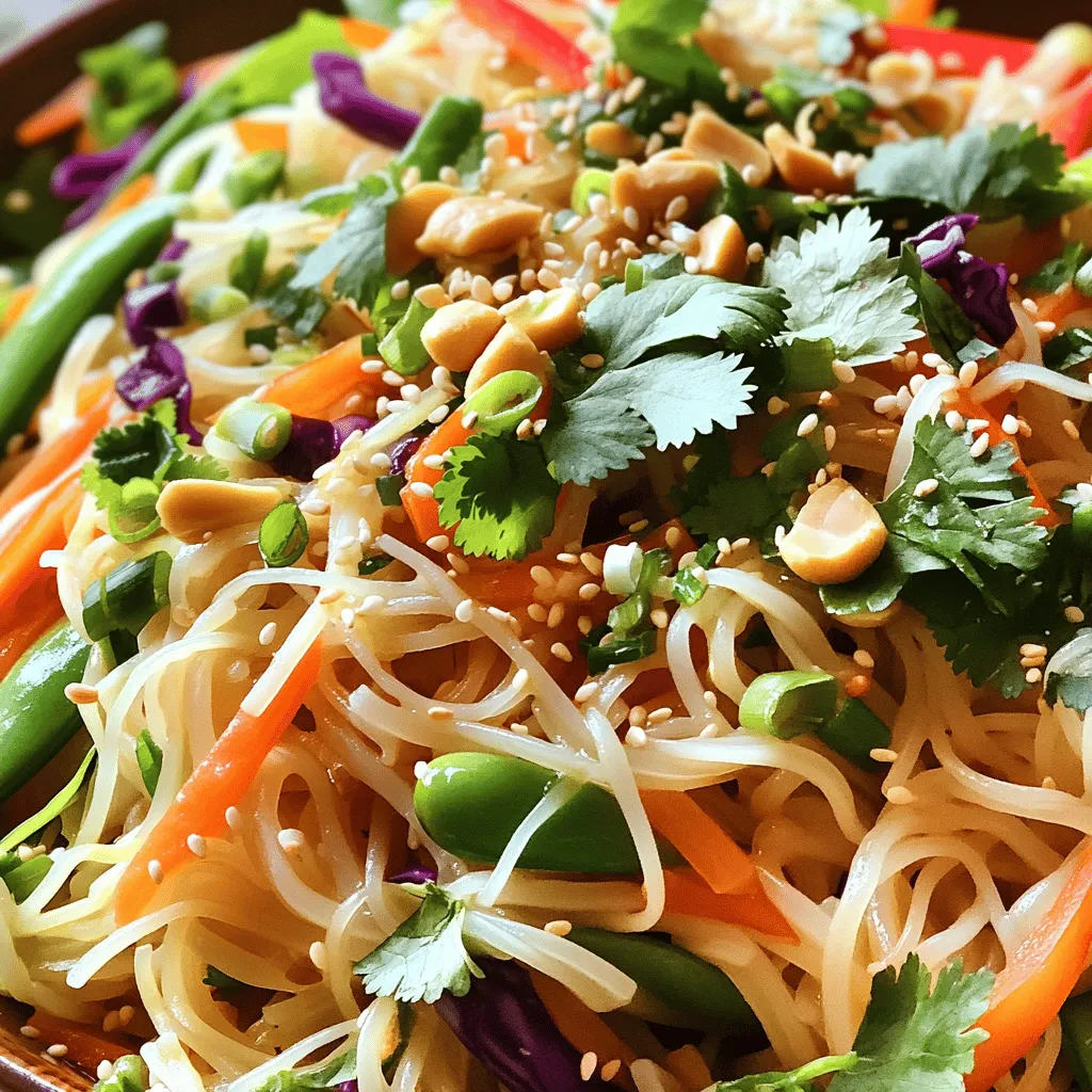 - 8 oz rice noodles - 1 cup shredded carrots - 1 bell pepper (red or yellow), thinly sliced - 1 cup red cabbage, shredded - 1/2 cup snap peas, trimmed - 1/4 cup fresh cilantro, chopped - 2 green onions, sliced - 1/4 cup roasted peanuts, roughly chopped - 1/4 cup sesame oil - 2 tablespoons soy sauce - 1 tablespoon rice vinegar - 2 teaspoons sriracha (or to taste) - 1 tablespoon honey or maple syrup - Salt and pepper to taste The main ingredients in this salad create a bright and crunchy mix. Rice noodles form the base. They soak up all the flavors. The veggies add color and crunch. Shredded carrots give sweetness. Bell peppers contribute crispness and a pop of color. Red cabbage adds a nice crunch too. Snap peas are sweet and tender. Fresh cilantro brings in a burst of flavor. Green onions add a mild bite. Finally, roasted peanuts add a delicious crunch. For the dressing, sesame oil gives a rich nutty taste. Soy sauce brings saltiness and umami. Rice vinegar adds tang. Sriracha gives a spicy kick that you can adjust. Honey or maple syrup balances the heat with sweetness. Don't forget salt and pepper for extra flavor. This salad is fun to make and even more fun to eat! You can find the Full Recipe below to guide you through. To cook rice noodles, bring water to a boil. Add the noodles and cook as the package tells you. Drain them in a colander. Next, rinse the noodles under cold water. This helps stop the cooking. Set them aside to cool. In a bowl, whisk together the sesame oil, soy sauce, and rice vinegar. Add sriracha, honey, and a pinch of salt and pepper. Keep whisking until all the ingredients mix well. If you like more heat, add more sriracha to fit your taste. In a large mixing bowl, add the shredded carrots, sliced bell pepper, red cabbage, snap peas, cilantro, and green onions. Toss the veggies together to mix them well. Now, add the cooled noodles to the bowl. Pour the dressing over everything. Toss it all together until the noodles and veggies are coated. You can serve this salad on a large platter or in individual bowls. For crunch, sprinkle roasted peanuts on top. You can also add extra cilantro or green onions for a nice touch. This salad looks and tastes great! For the complete recipe, check out the Full Recipe. To get the best noodles, cook them al dente. This means they should be firm but not hard. Follow the package instructions carefully. After cooking, drain and rinse them in cold water. This stops the cooking and keeps them from sticking together. For crunchy veggies, slice bell peppers and cabbage thin. This adds more texture and makes every bite fun. Use fresh snap peas for a crisp experience. The key is to keep the vegetables raw so they stay crunchy. Adjusting the dressing is easy and fun. Start with the basic recipe and taste it. If you want more zest, add a little extra sriracha. For sweetness, increase the honey or maple syrup. The balance of flavors is key to a delicious salad. For added depth, throw in herbs like cilantro. Fresh herbs bring a burst of flavor. You can also mix in other spices if you want something special. Preparing ingredients ahead of time makes life easier. You can chop veggies and store them in the fridge. Just keep them in a sealed container. This keeps them fresh for longer. When storing the salad, keep the dressing separate until you are ready to eat. This helps the salad stay crisp. If you follow these tips, your salad will be fresh and tasty for days. For the complete recipe, check out the [Full Recipe]. {{image_2}} You can boost your Spicy Asian Noodle Salad with protein. Grilled chicken adds a tasty twist. It gives the salad a hearty touch. Just slice it thin and toss it in. If you're looking for plant-based options, try tofu or tempeh. Both options soak up flavors well. Use firm tofu for a nice texture. Simply grill or sauté it until golden. Tempeh has a nutty flavor that pairs beautifully with the salad. For a gluten-free version, swap rice noodles with zucchini noodles or rice paper. These options maintain the crunch and flavor. Ensure your soy sauce is gluten-free, too. If you follow a vegan diet, skip the honey. Use maple syrup instead for sweetness. It blends perfectly with the other flavors. You can enjoy this salad while sticking to your diet. Want to change up the taste? Add fruits like mango or avocado. Mango brings sweetness and color, while avocado adds creaminess. Both fruits pair well with the spicy dressing. You can also try different sauces. For a tangy kick, add some lime juice. Mixing in peanut sauce can give a richer flavor. Experiment with these tweaks to find your favorite taste! For the full recipe, check out the Spicy Asian Noodle Salad link. For the best storage, use airtight containers. Glass or BPA-free plastic containers work well. Make sure to cool the salad before sealing. This helps keep it fresh longer. Store the salad in the fridge right after serving. Your Spicy Asian Noodle Salad stays fresh for about three days. Keep an eye out for signs of spoilage. If you see wilting veggies, or a sour smell, it’s time to toss it. If the noodles become mushy, it's also not good anymore. Always trust your senses when checking for freshness. If you want detailed instructions on how to make this salad, check the Full Recipe. If you do not have rice noodles, try zucchini noodles or soba noodles. Zucchini noodles offer a fresh taste and are low in carbs. Soba noodles provide a nutty flavor and are made from buckwheat. Both options keep your salad bright and tasty. Yes, you can make this salad ahead of time. Prepare all the veggies and keep them in the fridge. Cook the noodles, rinse them, and store them separately. Keep the dressing in a jar. Mix everything together right before serving. This way, your salad stays fresh and crunchy! Yes, this salad can be spicy! The heat comes from sriracha. You can adjust the spice level to your liking. If you want it milder, use less sriracha. For more heat, add a bit more. This makes it easy to customize the flavor just for you! This Spicy Asian Noodle Salad is fun to make and tasty to eat. We covered the main ingredients, dressing, and how to prepare everything. You learned tips on texture and flavor, plus meal prep ideas. You can also adjust this salad to fit your needs. Remember to store leftovers properly for freshness. Enjoy your cooking and make this salad a regular dish!