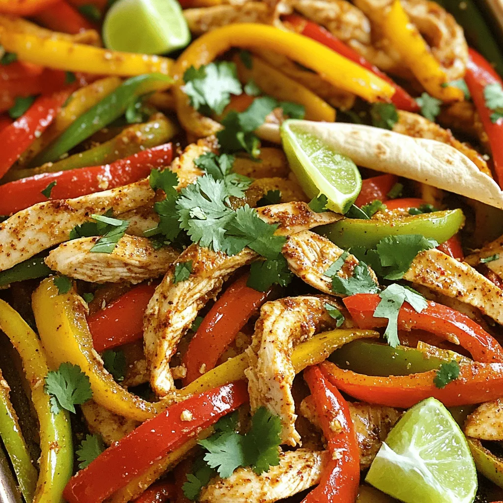To make Easy Sheet Pan Chicken Fajitas, you need simple, fresh ingredients. Here’s the list you’ll need: - 1 lb boneless, skinless chicken breasts, sliced into strips - 1 red bell pepper, sliced - 1 yellow bell pepper, sliced - 1 green bell pepper, sliced - 1 medium onion, sliced - 3 tablespoons olive oil - 2 teaspoons chili powder - 1 teaspoon cumin - 1 teaspoon paprika - 1 teaspoon garlic powder - 1/2 teaspoon salt - 1/2 teaspoon black pepper - Fresh cilantro, chopped for garnish - Lime wedges, for serving - Tortillas, for serving These ingredients bring bright colors and bold tastes to your meal. The chicken cooks up tender, while the peppers and onions add sweetness and crunch. The spices give a warm kick, making every bite exciting. You can find the Full Recipe for detailed steps on how to put this all together. First, preheat your oven to 400°F (200°C). This step is key to getting a nice cook on your chicken and veggies. Next, take a large bowl and combine the sliced chicken with the red, yellow, and green bell peppers and onion. Make sure to slice them thinly. This helps them cook evenly. Now, drizzle 3 tablespoons of olive oil over the mix. It adds flavor and helps the spices stick. Then, sprinkle in your spices: 2 teaspoons of chili powder, 1 teaspoon of cumin, 1 teaspoon of paprika, 1 teaspoon of garlic powder, 1/2 teaspoon of salt, and 1/2 teaspoon of black pepper. Toss everything together until the chicken and veggies are well coated. You want every piece to shine with flavor. Spread the chicken and vegetable mix evenly on your sheet pan. This helps them roast perfectly. Bake in the oven for 20-25 minutes. Check to ensure the chicken is cooked through and the veggies are tender and slightly caramelized. When done, let the pan cool for a few minutes before serving. Enjoy your flavorful meal with warm tortillas. For the full recipe, don't forget to check the entire guide! For the best chicken fajitas, cook at 400°F (200°C). Bake for 20-25 minutes. This ensures the chicken is tender and juicy. The veggies should be soft but not mushy. Aim for a slight char on the edges for added flavor. You can switch spices based on your taste. Try smoked paprika for a deeper flavor. Add a pinch of cayenne for heat, or a drizzle of honey for sweetness. Fresh lime juice can brighten the dish too. Serve your fajitas with warm tortillas. Fresh cilantro adds a nice touch. Pair them with sides like rice or beans for a full meal. For a fun twist, arrange the fajitas in a taco bar style. Let everyone build their own! You can find the full recipe [here](#). {{image_2}} You can make this dish fit your needs. For those who need gluten-free options, use gluten-free tortillas. Many brands offer tasty choices that work well. Check your local store for these. If you prefer a vegetarian or plant-based meal, swap the chicken for tofu or tempeh. Cut them into strips like the chicken. Use the same spices to keep the flavor. Add extra veggies like zucchini or mushrooms for more texture. Want to spice things up? Try adding Southwestern style enhancements. You could mix in some jalapeños for heat or use chipotle powder for a smoky touch. These small changes can really boost the taste. Another fun option is to add fruits like pineapple or mango. These fruits add sweetness and balance the spices. Just chop them into small pieces and toss them with the chicken and veggies before baking. For the full recipe, check out the details above! How to make Easy Sheet Pan Chicken Fajitas spicier? You can add more chili powder to the mix. Try using diced jalapeños or cayenne pepper for more heat. You could also serve with a spicy salsa or hot sauce. Adjust the spice level to what your family enjoys. Can the recipe be doubled for larger gatherings? Yes, you can double the recipe. Just make sure your sheet pan is large enough. You may need to use two sheet pans to keep everything spread out. Watch the cooking time, as it might take a bit longer. What is the best way to slice chicken for fajitas? Slice the chicken against the grain. This will make the chicken tender. Aim for strips about 1 inch wide. This size cooks evenly and makes for easy eating. Can I use frozen chicken instead of fresh? You can use frozen chicken, but it needs to thaw first. Thaw it overnight in the fridge for best results. Cooking from frozen will not give you the best texture. What can I use instead of chicken? You can substitute chicken with firm tofu or shrimp. For a vegetarian option, try black beans or lentils. These alternatives will still soak up the spices well. Any alternatives for tortillas? If you want a low-carb option, you can use lettuce leaves. Corn tortillas are great too for a gluten-free choice. Feel free to get creative with what you have at home! In this article, I covered how to make Easy Sheet Pan Chicken Fajitas. We looked at key ingredients, step-by-step instructions, and essential tips to perfect the dish. I also shared variations for different diets and storage info for leftovers. Fajitas bring flavor and fun to any meal. You now have everything you need to make them at home. Enjoy experimenting with seasonings and serving styles. You’ll impress friends and family with your tasty creation!