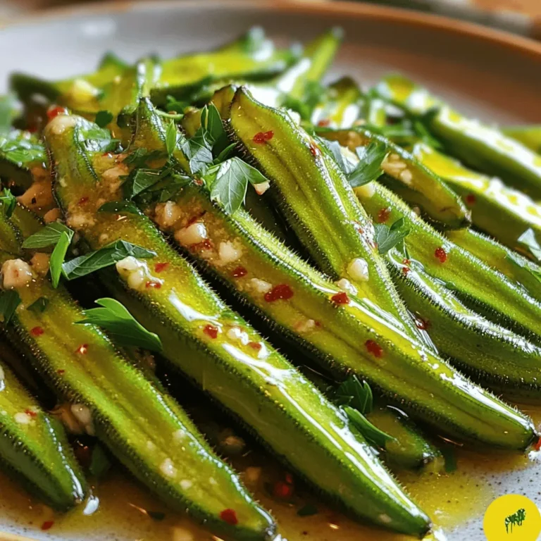 Okra is the star of this dish. Choose 500 grams of fresh okra. Look for firm, bright green pods. Trim the ends to prepare them for cooking. Rinse the okra under cold water to clean off any dirt. Pat them dry with a towel. This step helps prevent sliminess later on. You will need 4 tablespoons of unsalted butter. This adds a rich flavor to the okra. Next, use 4 cloves of garlic, minced finely. Garlic brings a strong aroma and taste. When the butter melts, the garlic will become fragrant. This combination makes the dish special. Add 1 teaspoon of red pepper flakes for heat. Adjust this amount if you prefer less spice. Season with salt and freshly ground black pepper to taste. A splash of 1 tablespoon of lemon juice adds brightness. Finally, chop fresh parsley for garnish. It gives a pop of color and freshness to your dish. For the full recipe, check out the detailed steps to make this easy garlic butter okra! Start with 500 grams of fresh okra. First, rinse the okra under cold water. This helps to clean it. Then, pat it dry with a towel. Drying is key to preventing sliminess in your dish. Next, trim the ends of the okra. This step is simple but makes a big difference. Now, take a large skillet and melt 4 tablespoons of unsalted butter over medium heat. Watch closely as it melts and starts to foam. This foaming shows that the butter is hot. Once the butter is ready, add 4 cloves of minced garlic. Cook the garlic for about one minute. You want it fragrant but not browned. Browning can make it bitter. After that, sprinkle in 1 teaspoon of red pepper flakes. Stir for another 30 seconds to mix the flavors well. Next, it’s time to add your prepared okra to the skillet. Stir it well so that all the okra gets coated in that lovely garlic butter. Season with salt and freshly ground black pepper to your taste. Cook for about 8 to 10 minutes. Stir occasionally until the okra is tender and lightly browned. Once done, drizzle 1 tablespoon of lemon juice over the okra. Toss gently to mix everything. Finally, transfer the okra to a serving dish and garnish with fresh parsley. Enjoy your Easy Garlic Butter Okra! For the complete recipe, check out the Full Recipe section. To keep okra from getting slimy, start by rinsing it well. Wash under cold water, then dry it with a towel. Removing moisture is key. Cook okra quickly over high heat. This helps it stay firm and tasty. Add bold flavors to your okra dish. Use fresh herbs like thyme or basil for a twist. A splash of vinegar can give a nice zing. Experiment with spices like cumin or paprika to change the taste. These small tweaks can make your dish stand out. Cook okra for about 8 to 10 minutes. Stir it often for even cooking. You want the okra to be tender but not mushy. Keep an eye on it. Once it turns lightly brown, it’s ready to serve. For the best results, follow the full recipe closely. {{image_2}} You can mix in other veggies with your garlic butter okra. Try adding bell peppers, zucchini, or cherry tomatoes. These veggies add color and taste. They cook fast, just like okra. Chop them into bite-sized pieces. Add them to the skillet after the garlic. This way, they get tender and soak up the garlic flavor too. Herbs can change the flavor of your dish. You might love fresh thyme, rosemary, or basil. Each herb gives a unique taste. For example, thyme adds a warm note, while basil gives a fresh kick. Add the herbs at the same time as the garlic. This helps release their oils and flavors into the butter. Want more heat? Increase the red pepper flakes. If you like it milder, cut back on them. You can also add fresh chili or hot sauce. Start with a little, then taste. You can always add more if needed. Adjusting spice levels makes the dish your own! For the complete cooking experience, refer to the Full Recipe. To keep your garlic butter okra fresh, store leftovers in an airtight container. This helps seal in moisture and flavor. Place the container in the fridge. It will stay good for up to three days. If you want to keep it longer, consider freezing. When you are ready to enjoy your leftovers, reheating is easy. You can use a skillet on medium heat. Just add a little butter or oil to the pan. Heat the okra until warm, stirring often. This keeps it from getting too mushy. You can also use the microwave. Heat in short bursts, stirring in between. This will help keep the okra tender. If you want to freeze your garlic butter okra, let it cool first. Then, place it in a freezer-safe bag. Try to remove as much air as possible. This helps prevent freezer burn. To thaw, move the bag to the fridge overnight. You can then reheat it the next day. Remember, freezing may change the texture a bit, but the flavor stays delicious. For more details, check out the Full Recipe. The best way to cook okra is to sauté it. Cooking okra in butter gives it a rich taste. First, rinse and dry the okra. This step helps reduce sliminess. You can cut it into pieces or leave it whole. Sauté it with garlic and spices in a hot pan. Cook until it is tender and slightly browned. This method brings out its natural flavor. Yes, you can use frozen okra. It saves time and is easy to find. When using frozen okra, you do not need to thaw it. Just add it to the hot skillet directly. Cooking time may be a bit longer, around 10 to 12 minutes. Ensure the okra is cooked through and heated well. Keep stirring to avoid sticking. Making this recipe vegetarian is simple. Just swap the butter for a plant-based option. Use olive oil or vegan butter instead. The garlic and spices add great flavor, so they remain the same. You can also add other vegetables for extra nutrition. Bell peppers, tomatoes, or zucchini work well here. Just cook them along with the okra for a delightful dish. For the full recipe, check the earlier section. In this post, I covered how to cook fresh okra. I shared tips to keep it from being slimy and ideas for flavor. You learned ways to store leftovers and reheat them, too. Remember, cooking okra can be simple and fun. Feel free to mix it up with other veggies or spices. You can easily adapt this dish to your taste. Enjoy exploring this tasty vegetable!