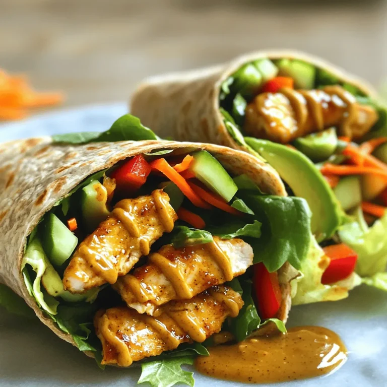 - 2 chicken breasts, boneless and skinless - 3 tablespoons honey - 3 tablespoons Dijon mustard - 1 tablespoon sriracha sauce (adjust for spice preference) - 1 tablespoon olive oil - Salt and pepper to taste - 4 large whole wheat wraps - 1 cup mixed greens (spinach, arugula, or lettuce) - 1/2 cup shredded carrots - 1/2 avocado, sliced - 1/4 cup red bell pepper, thinly sliced - 1/4 cup cucumber, thinly sliced I love using fresh and vibrant ingredients. The chicken breasts provide a tender base. Honey and Dijon mustard give a sweet and tangy flavor. The heat from sriracha adds a kick. Whole wheat wraps make this meal healthy and filling. Add mixed greens for crunch, and you have a balanced dish. - Extra toppings: sliced jalapeños, feta cheese, or crunchy nuts - Alternative sauce options: ranch dressing, yogurt sauce, or BBQ sauce You can swap in extra toppings for more flavor. Try adding sliced jalapeños for heat. Feta cheese adds a creamy touch. If you want a different sauce, ranch or yogurt sauce works great. - Cutting board and knife for prep - Mixing bowl for the marinade - Grill or skillet for cooking chicken - Tongs for flipping chicken When preparing these wraps, you’ll need some basic tools. A cutting board and knife help with chopping. Use a mixing bowl for the marinade. A grill or skillet will cook the chicken perfectly. Tongs are great for flipping and serving. For the full recipe, check out the detailed steps above. To prepare the marinade, mix honey, Dijon mustard, sriracha sauce, olive oil, salt, and pepper in a bowl. Whisk until smooth. This blend gives the chicken a sweet and spicy kick. For the best flavor, marinate the chicken for at least 30 minutes. If you have time, refrigerate it for up to 2 hours. This wait allows the flavors to soak deep into the meat. You have two great options for cooking: grilling or skillet cooking. - Grilling: This method adds a smoky flavor and gives beautiful grill marks. The chicken cooks evenly and stays juicy. - Skillet Cooking: This option is great for indoor cooking. It allows for more control over the heat. Whichever method you choose, aim for an internal temperature of 165°F (75°C). Cook for about 6-7 minutes on each side. After cooking, let the chicken rest for a few minutes. This helps keep it juicy and tender. To assemble your wraps, lay out the whole wheat wraps on a flat surface. Start by adding a handful of mixed greens as a base. Then, sprinkle on shredded carrots, avocado slices, red bell pepper, and cucumber. Next, slice the cooked chicken into strips. Place the chicken evenly over the veggies. When wrapping, fold the sides in and roll from the bottom up. Make sure to wrap tightly to hold everything inside. You can secure the wraps with toothpicks if needed. For a nice touch, cut the wraps in half diagonally before serving. You can even add extra honey mustard sauce on the side for dipping. Enjoy your spicy honey mustard chicken wraps! For more details, check the Full Recipe. To make your spicy honey mustard chicken really shine, marinate the chicken well. Combine honey, Dijon mustard, sriracha, olive oil, salt, and pepper. Let your chicken soak in this mix for at least 30 minutes. If you can, refrigerate it for up to 2 hours. This extra time gives the flavors a chance to blend. You can also add herbs and spices. Try garlic powder, paprika, or even a sprinkle of cumin. These will kick up the flavor and make your wraps pop. One common mistake is overcooking the chicken. Use a meat thermometer to check the thickest part. Once it hits 165°F (75°C), take it off the heat. This keeps the chicken juicy and tender. Another tip is to ensure your wraps hold together. Don’t overstuff them. Use just enough filling so you can easily roll them up. If needed, secure with a toothpick to keep everything in place. These wraps pair well with a simple side salad or some sweet potato fries. The freshness of the greens complements the spicy chicken. For dips, serve extra honey mustard or a cool ranch sauce. These choices enhance your meal and make it more enjoyable. For the full recipe, check the section above. {{image_2}} You can make great swaps to make your spicy honey mustard chicken wraps lighter. Here are some ideas: - Low-calorie modifications: Use Greek yogurt instead of honey for a lower-sugar option. You can also add more veggies to fill up the wrap without adding many calories. - Gluten-free wrap alternatives: If you need gluten-free wraps, look for rice paper or corn tortillas. Both work well and keep the meal fresh and tasty. Changing flavors is easy and fun! Here’s how you can play around: - Adjusting spice levels: If you want less heat, reduce the sriracha. For more spice, add jalapeños or a spicier sauce. - Different sauce combinations for unique tastes: Instead of honey mustard, try a garlic aioli or a creamy avocado sauce. These will give your wraps a new twist. Meal prep makes busy nights easier. Here’s how to set up ahead of time: - How to prepare in advance for busy weeknights: Marinate the chicken the night before. Cook it, then slice it up. This means you can quickly assemble your wraps when you get home. - Storing components separately for freshness: Keep the chicken, veggies, and wraps in separate containers. This keeps everything fresh and crunchy until you are ready to eat. For the full recipe, you can check out the detailed steps. To store leftover wraps, place them in an airtight container. This keeps them fresh and tasty. Wraps can last in the fridge for about 3 to 4 days. If you notice any sogginess, it's best to eat them right away. For longer storage, you can freeze the wraps. First, wrap each one tightly in plastic wrap. Then, place them in a freezer bag. This method helps keep them from getting freezer burn. When you’re ready to eat, let them thaw in the fridge overnight. Reheat them in a skillet over low heat or in the microwave. This keeps the wrap soft without becoming dry. Check for signs of spoilage before eating. If the wraps smell off or the ingredients look slimy, it’s best to throw them away. Always handle food safely. Wash your hands before touching food and store leftovers right away to prevent bacteria growth. You can swap chicken for plant-based proteins. Try using chickpeas, black beans, or tofu. These options add great texture and flavor. Season the plant protein with the same honey mustard mix. You will still get that spicy, sweet taste in each bite. Yes, you can use many types of wraps. Lettuce wraps are fresh and low-carb. Tortillas, pita bread, or even rice paper can work. Choose what you like best. Each wrap gives a new taste and texture. These wraps pair well with simple sides. Try serving them with carrot sticks or cucumber slices. A light salad with a vinaigrette is also great. For drinks, iced tea or lemonade adds a refreshing touch. Wraps stay fresh for about 3 days in the fridge. Store them in an airtight container. This keeps them safe and tasty. Check for any signs of spoilage before eating. If they smell off or look bad, throw them away. Yes, you can make wraps ahead of time. Prepare the filling and store it separately. Wrap them just before serving for the best taste. If made ahead, keep them in the fridge with parchment paper between each wrap. This helps prevent sogginess. For the full recipe, check out the details above. In this article, we explored how to make tasty Spicy Honey Mustard Chicken Wraps. We looked at key ingredients, from chicken breasts to fresh veggies, and optional add-ins. I shared step-by-step instructions on marinating and cooking chicken, along with tips for wrapping it all up. Remember to avoid common mistakes and consider healthier swaps. Making these wraps is easy and fun. Try your variations and enjoy with great sides. Cooking should be enjoyable, so make these wraps your own!