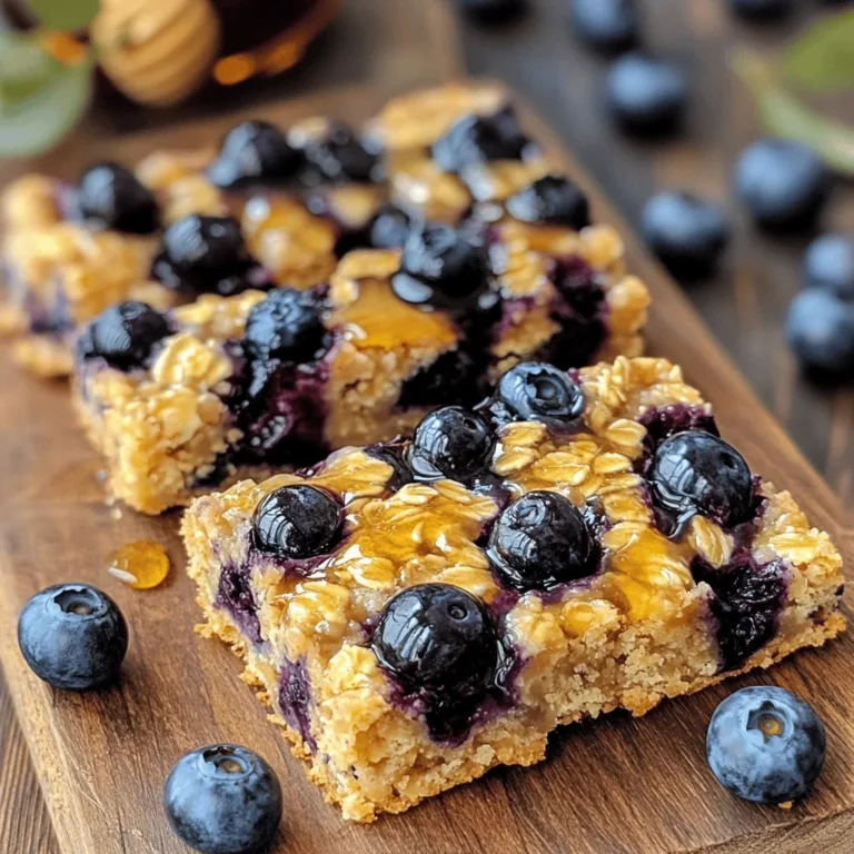 To make blueberry oatmeal breakfast bars, you'll need these simple ingredients: - 2 cups rolled oats - 1 cup fresh blueberries (or frozen, thawed) - 1/2 cup almond butter (or your choice of nut butter) - 1/4 cup honey or maple syrup - 1/2 cup mashed ripe banana (about 1 medium banana) - 1/4 teaspoon salt - 1 teaspoon vanilla extract - 1/2 teaspoon cinnamon - 1/4 cup chopped walnuts or almonds (optional) These ingredients come together to create a bar that is both tasty and nutritious. The oats provide fiber, while the blueberries add antioxidants. You can use any nut butter you like, which gives a rich flavor and healthy fats. Honey or maple syrup adds sweetness, while the banana helps bind everything. Cinnamon and vanilla give a warm, inviting aroma. Nuts, if used, add a nice crunch. This combination makes for a delightful breakfast treat! For the full recipe, check out the instructions. - Preheat your oven to 350°F (175°C). - Line a 9x9-inch baking dish with parchment paper. - In a medium bowl, combine 2 cups of rolled oats, 1/4 teaspoon salt, and 1/2 teaspoon cinnamon. - In a large bowl, mix 1/2 cup almond butter, 1/4 cup honey (or maple syrup), and 1/2 cup mashed ripe banana until smooth. - Add the dry oat mixture to the wet ingredients and mix well. - Gently fold in 1 cup of fresh blueberries. - Pour the mixture into the prepared baking dish and spread it evenly. - Press down firmly to help the bars hold together. - Bake for 25-30 minutes, or until golden brown. For the full recipe, check out the details above. To get the best texture in your blueberry oatmeal bars, you must press the mixture firmly into the baking dish. This helps the bars hold together when you cut them. Use a spatula or your hands to make sure it’s compact. After baking, allow the bars to cool fully. This cooling process helps them set and makes them easier to cut. If you try to cut them too soon, they may fall apart. Oats and blueberries give you many health benefits. Oats are high in fiber, helping you feel full longer and aiding digestion. Blueberries are packed with vitamins and antioxidants. Together, they make a tasty and nutritious snack. When you choose a nut butter, like almond or peanut butter, you add healthy fats and protein. This can make your breakfast even more satisfying and energizing. For a nice presentation, serve your blueberry oatmeal bars on a wooden cutting board. Drizzle some extra honey on top and add a few fresh blueberries. This makes for an inviting breakfast. You can also pair these bars with yogurt or fresh fruit. They are great on their own or as part of a bigger breakfast spread. Enjoy your delicious creation! {{image_2}} You can change the nut butter in this recipe. Almond butter is great, but peanut butter works well too. If you prefer, try cashew or sunflower seed butter. Each nut butter gives a unique taste. It’s fun to experiment with what you like best. You might want to swap honey for a different sweetener. Agave syrup is a good choice. It has a mild flavor and works just as well. If you want less sugar, use stevia. Just remember, stevia is much sweeter, so use less. Consider adding dried fruits for a new twist. Dried cranberries or cherries add sweetness. You can also use raisins or apricots. Seeds like chia or flaxseed can boost nutrition. They also add a nice crunch. Spices can elevate the taste too. Nutmeg brings warmth, while ginger adds zing. Just a pinch can change the whole bar. Feel free to mix and match spices until you find your favorite blend. If you want to make these bars vegan, there are easy swaps. You can use maple syrup in place of honey. This keeps it sweet and plant-based. For binding, you can ditch eggs. Use flaxseed meal instead. Just mix one tablespoon of flaxseed meal with three tablespoons of water. Let it sit for a few minutes until it thickens. This mix works great as an egg substitute. For the full recipe, check out the Full Recipe section above. Store your Blueberry Oatmeal Breakfast Bars in an airtight container. This keeps them fresh and moist. Make sure the container seals tightly. Place them in a cool, dry spot. Avoid direct sunlight to help them last longer. How long do Blueberry Oatmeal Breakfast Bars last? If stored properly, they can last up to one week. You can enjoy them for breakfast or a snack throughout the week. Just check for any signs of spoilage before eating. You can freeze these bars for longer storage. Wrap each bar in plastic wrap or foil. Place them in a freezer-safe bag or container. They can last up to three months in the freezer. To thaw, take them out and leave them at room temperature. You can also microwave them for a quick warm-up. Enjoy your tasty bars anytime! For the full recipe, check the details above. To make Blueberry Oatmeal Breakfast Bars vegan, swap the honey for maple syrup. This sweetener is plant-based and works great. You can also use a flax egg instead of a regular egg if you want. Mix 1 tablespoon of flaxseed meal with 2.5 tablespoons of water. Let it sit for five minutes to thicken, then add it to your mix. These swaps keep the bars tasty and vegan-friendly. Yes, you can use frozen blueberries! Just make sure to thaw them first. Drain any extra liquid before adding them to the mix. Frozen blueberries can change the texture a little. But they still give that sweet burst of flavor. They are a great option if fresh blueberries are not available. If you need to swap almond butter, you have a few great options. Peanut butter is a classic choice and adds a richer flavor. Sunflower seed butter is another good option for nut-free diets. You can even use cashew or tahini for a different taste. Each will change the flavor slightly but still work well in the bars. Yes, these bars are quite healthy! They are packed with whole grains from oats and fiber from blueberries. Oats help keep you full longer and support digestion. The nut butter adds protein and healthy fats. If you use maple syrup or honey in moderation, it keeps the sugar level balanced. Overall, these bars are a great choice for breakfast or a snack. You can find the Full Recipe to make your own! These Blueberry Oatmeal Breakfast Bars are simple to make and healthy. We covered ingredients, step-by-step instructions, and how to customize and store them. Remember to press the mixture firmly for the best texture. You can swap ingredients to fit your taste, too. These bars are a great start to your day. Enjoy experimenting with flavors and make it your own!