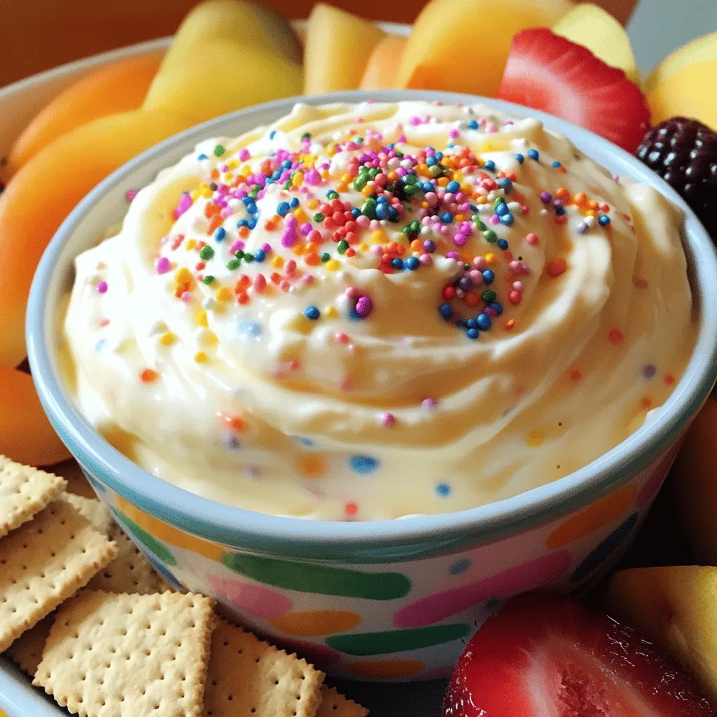 - 1 cup all-purpose flour (heat-treated) - 1 cup cream cheese, softened - 1/2 cup unsalted butter, softened - 1 cup powdered sugar - 1/2 cup vanilla extract - 1/4 teaspoon salt - 1 cup rainbow sprinkles - 1 cup whipped topping (optional) - Recommended dippers: graham crackers, vanilla wafers, fresh fruit - Suggested serving bowls: colorful or festive bowls enhance the look When I make Funfetti Cake Batter Dip, I love the bright colors and sweet taste. The main ingredients are simple. Heat-treating the flour is key for safety. This step helps remove any risk from eating raw flour. Remember to let the flour cool before you mix it in. The flavorings add a lot of joy to this dip. The vanilla extract gives it that classic cake flavor, while the rainbow sprinkles make it fun and festive. If you want a lighter texture, you can fold in whipped topping. It adds airiness to the dip and makes each bite feel special. When serving, I like to use a colorful platter. Graham crackers and vanilla wafers are perfect dippers. Fresh fruit, like strawberries or apple slices, adds a nice touch. You can use any fun bowls you have to present it. The more colorful, the better! This dip is not just a treat; it's a celebration on a plate. For the full recipe, check the details above. To make our Funfetti Cake Batter Dip safe, we need to heat-treat the flour. Raw flour can have germs that make you sick. 1. Spread the flour: Take 1 cup of all-purpose flour and spread it evenly on a baking sheet. 2. Bake it: Preheat your oven to 350°F (175°C). Bake the flour for about 5 minutes. 3. Cool it down: Let the flour cool completely before using it in the dip. This step ensures safety. Now we will mix the dip to make it creamy and tasty. 1. Combine cream cheese and butter: In a mixing bowl, add 1 cup of softened cream cheese and 1/2 cup of softened unsalted butter. Use a hand mixer to beat them until smooth. 2. Add the sugar: Gradually add 1 cup of powdered sugar while mixing. Make sure there are no lumps in your dip. Now we add the last few ingredients to finish our dip. 1. Mix in vanilla and salt: Pour in 1/2 cup of vanilla extract and 1/4 teaspoon of salt. Mix until everything is well combined. 2. Fold in sprinkles and whipped topping: Gently fold in 1 cup of rainbow sprinkles. If you want a fluffier dip, add 1 cup of whipped topping now. Transfer the dip to a serving bowl. Top it with some extra sprinkles for a fun look! Enjoy with your favorite dippers. For the full recipe, check the section above. To get the right creaminess, I suggest adding whipped topping. It makes the dip fluffy. If you want a thicker dip, cut back on the whipped topping. This way, the flavor stays strong. You can change the dip's flavor with other extracts. Almond extract adds a nice twist. Lemon extract gives it a fresh taste. Also, try different sprinkles. Use chocolate sprinkles or pastel ones for a fun look. Each adds its own flair to the dip. To make your dip look great, use colorful bowls. Pair it with bright plates or serving trays. Arrange the sprinkles on top in a fun way. This adds to the festive feel. I love serving it with graham crackers or fruit. It looks appealing and invites people to dig in! {{image_2}} You can make this Funfetti Cake Batter Dip healthier without losing taste. Try using Greek yogurt instead of cream cheese. Greek yogurt adds protein and a nice tang. It also makes the dip creamy. You can swap out sugar too. Use natural sugar alternatives like honey or maple syrup. These options lower calories and keep your dip sweet! Want to change things up? Make a chocolate version! Add cocoa powder to the mix. This twist gives you a rich chocolate Funfetti Cake Batter Dip. You can also try seasonal sprinkles. For Halloween, use orange and black sprinkles. During the holidays, swap in red and green sprinkles. These small changes make your dip festive and fun! Make your dip even more exciting with toppings! You can add chopped nuts, chocolate chips, or more sprinkles. These add texture and flavor. Pair your dip with themed dippers. Use graham crackers for a classic taste or holiday treats like gingerbread cookies. This makes each bite special and adds more fun to your snack time! To keep your Funfetti Cake Batter Dip fresh, store it in the fridge. Use an airtight container to prevent air from drying it out. Glass containers work best as they do not absorb odors. If you plan to serve it again, make sure to cover it well. Funfetti Cake Batter Dip lasts about 3 to 5 days in the fridge. Always check for any off smells or changes in texture before eating. If it looks or smells funny, it’s best to toss it. You don't need to reheat this dip, as it’s best served cold. If it thickens a bit, stir it well before serving. If needed, add a splash of milk to help loosen it up. This keeps the dip smooth and creamy for your next party. No, eating raw flour can make you sick. Raw flour may contain harmful bacteria. To stay safe, you must heat-treat the flour. Heat-treating flour kills any bad germs. To do this, spread the flour on a baking sheet and bake it at 350°F (175°C) for about 5 minutes. Let it cool completely before using it in your dip. This step is very important for safety. Yes, you can make this dip ahead of time! It’s great for meal prep. You can prepare the dip a day in advance. Just keep it in the fridge in a tight container. The flavors will mix well, and it will taste even better. When you're ready to serve, just give it a quick stir. Then, add extra sprinkles on top for fun! Yes, you can make this dip gluten-free! Simply replace the all-purpose flour with a gluten-free blend. Many brands offer these blends, and they work well in this recipe. Always check labels to ensure they are certified gluten-free. This way, everyone can enjoy the fun and flavor of the dip. If your dip is too runny, you can thicken it easily. Add more heat-treated flour to the mix. Start with a tablespoon and stir it in well. You can also add a bit more cream cheese to help. Just be careful not to add too much, or it will change the taste. Adjust until you reach your desired thickness. This blog post covers how to make a delicious Funfetti Cake Batter Dip. We discussed key ingredients like cream cheese and heat-treated flour. I shared a step-by-step guide for mixing the dip and enhancing its flavor. You learned tips for presentation and variations to suit health needs. Remember to store it properly for the best taste. Making this dip is fun and flexible, so feel free to get creative. Try new mixes or add festive dippers to impress your guests. Enjoy your tasty treat!