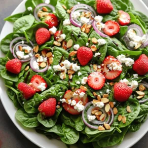 - 4 cups fresh baby spinach, washed and dried - 1 cup strawberries, hulled and sliced - 1/4 red onion, thinly sliced - 1/2 cup crumbled feta cheese - 1/4 cup sliced almonds (toasted, if desired) - 3 tablespoons balsamic vinegar - 2 tablespoons olive oil - 1 tablespoon honey - Salt and pepper to taste To make a great Spinach Strawberry Feta Salad, you need fresh, vibrant ingredients. The base is young baby spinach. It is mild and tender. You want to wash and dry it well. Next, you add juicy strawberries. They should be sweet and ripe. Slice them thin for a nice look and feel. The red onion adds a bit of sharpness. Slice it very thin to keep the taste balanced. Now, let’s talk about cheese and nuts. Crumbled feta cheese brings a creamy, tangy flavor. You can also use goat cheese if you like. Sliced almonds add crunch. Toasting them gives a warm, nutty flavor, but it is optional. For the dressing, balsamic vinegar is key. It adds sweetness and tang. Olive oil helps to blend the flavors. Honey gives an extra hint of sweetness. Salt and pepper bring everything together. You can find the full recipe above. With these ingredients, you create a salad that is tasty and fresh. - Combine baby spinach and sliced strawberries in a large salad bowl. - Add feta cheese, almonds, and red onion to the bowl. Now, let's dive into the fun of prepping this salad! Start with fresh baby spinach. It gives the salad a vibrant color and a crisp texture. Next, slice the strawberries. Their sweetness pairs well with spinach. The juicy strawberries provide a refreshing taste. Toss these together in your bowl. Then, crumble some feta cheese. Feta adds a nice creamy touch. The salty flavor contrasts perfectly with the sweet strawberries. Next, grab some almonds. If you like them toasted, pop them in a pan for a few minutes. Toasted almonds bring out a rich flavor. Finally, thinly slice the red onion. It adds a little zing to the mix. - Whisk together balsamic vinegar, olive oil, honey, salt, and pepper in a small bowl. For the dressing, take a small bowl and whisk together balsamic vinegar and olive oil. Balsamic adds depth while olive oil gives a smooth base. Add a tablespoon of honey for sweetness. This balances the tanginess of the vinegar. Don't forget a pinch of salt and some pepper. This seasoning enhances the flavors. Whisk until everything is well combined. - Drizzle dressing over salad mixture and gently toss. - Taste and adjust seasoning before serving. Now, it’s time for the final assembly! Drizzle the dressing over your salad mixture. Gently toss everything together. Make sure the spinach and strawberries are well coated. This helps each bite burst with flavor. After tossing, take a quick taste. Adjust the seasoning if needed. You can add more salt or pepper if you like. Now your Spinach Strawberry Feta Salad is ready to shine! For the full recipe, check out the details provided. For a great look, serve your salad on a large platter. Place whole strawberries on top. Add crumbled feta cheese for a colorful pop. This simple touch makes your salad more appealing. You can adjust the sweetness or sourness of your salad. Try changing the honey in the dressing. If you want it sweeter, add more honey. For a tangy kick, increase the balsamic vinegar. Taste as you mix to find your perfect balance. Serve your salad right after mixing. This helps keep the spinach crisp and fresh. If you wait too long, the greens may wilt. Enjoy it right away for the best taste and texture. {{image_2}} You can easily swap fruits in this salad. Try using blueberries or raspberries instead of strawberries. These fruits add their own sweet and tart notes. You can also mix in some sliced peaches or apples when they are in season. When it comes to cheese, feta is great, but goat cheese or mozzarella can be fun too. Goat cheese adds a tangy flavor, while mozzarella gives a creamier texture. Both options make the salad unique. Want to make your salad heartier? Add grilled chicken for protein. It pairs well with the sweet strawberries. Quinoa is another fantastic choice. It adds a nice crunch and makes the salad more filling. Chickpeas work too and bring a nutty flavor. These options turn your salad into a full meal. The dressing can change your salad's taste. While balsamic is tasty, try a lemon vinaigrette for a fresh twist. The lemon adds brightness and zing. Poppy seed dressing is also a fun option. It gives a sweet and nutty flavor that complements the salad well. Don't be afraid to experiment! For the full recipe, check out the Spinach Strawberry Feta Salad. To keep your leftover spinach strawberry feta salad fresh, store it in the fridge. Use an airtight container to prevent the salad from wilting. Make sure to eat it within two days for the best taste and texture. If you plan to save it, keep the dressing separate. This helps avoid sogginess. To maintain the freshness of spinach and strawberries, buy them as close to use as possible. Store spinach in a damp paper towel inside a bag, which keeps it crisp. Place strawberries in the fridge unwashed. Rinse them only right before you eat. This keeps their flavor intact and prevents mold. Salads are usually best served cold. If your salad has protein, like grilled chicken, reheat that separately. Warm the protein in a pan or microwave. If you added dressing, store it on the side. This keeps the salad fresh and prevents it from getting soggy. Enjoy your salad cold for the best experience! To make this salad in advance, prep the ingredients but hold off on mixing them. Wash and dry the spinach ahead of time. Slice the strawberries and onions, then store them in airtight containers. Keep the feta cheese and almonds separate to maintain their texture. Just before serving, combine all the ingredients in a bowl. Drizzle with dressing and toss gently. This way, your salad stays fresh and crisp. You can use frozen strawberries, but fresh ones are best. Frozen strawberries lose some texture when thawed. They might be mushy and less vibrant. If you do use frozen, let them thaw completely. Pat them dry to avoid a watery salad. Fresh strawberries offer a bright flavor and crunch. They make your salad more appealing and tasty. Yes, this salad is very healthy. Spinach is full of vitamins and minerals. It has iron, calcium, and vitamins A and C. Strawberries add antioxidants and fiber, which are great for your body. Feta cheese provides protein and calcium, while almonds add healthy fats. Olive oil in the dressing is a good fat. All these ingredients work together to boost your health, making this salad a smart choice. This blog post highlights how to create a fresh and tasty Spinach Strawberry Feta Salad. You learned about the key ingredients, easy steps for preparation, and tips for serving. I shared a few variations and storage advice to keep your salad fresh. In short, this salad is colorful, nutritious, and versatile. You can customize it to your liking. Enjoy making this refreshing salad and impress guests with its flavors!