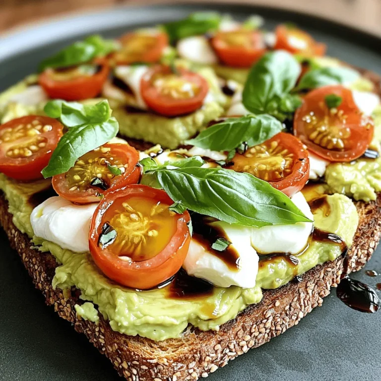 - 2 ripe avocados - 1 cup cherry tomatoes, halved - 1 ball of fresh mozzarella, sliced These main ingredients create the heart of your Caprese avocado toast. Ripe avocados give a rich, creamy base. Cherry tomatoes add a sweet and juicy burst. Fresh mozzarella brings a soft, milky flavor that ties it all together. - 1/4 cup fresh basil leaves - 2 tablespoons balsamic glaze - 1 tablespoon olive oil - Salt and pepper to taste Fresh basil leaves add a fragrant touch. Balsamic glaze gives a sweet and tangy finish. Olive oil enhances the richness. Don’t forget to season with salt and pepper for a full flavor experience. - 4 slices of whole grain - 4 slices of sourdough Choosing the right bread is key. Whole grain bread offers a nutty flavor and healthy fiber. Sourdough gives a tangy taste and a chewy texture. Both options will hold up well under the toppings. With these ingredients, you can easily create a fresh and flavorful Caprese avocado toast. Check out the Full Recipe for more details on how to bring this dish to life! Toasting the bread is key. You want it crispy but not burnt. I recommend using whole grain or sourdough. Start by placing your bread slices in a toaster or on a skillet. Toast them until they turn a nice golden brown. This crispiness will hold up well against the creamy avocado. It adds a great texture to your Caprese avocado toast. Next, grab your ripe avocados. Cut each avocado in half and remove the pit. Use a spoon to scoop the flesh into a bowl. Mash the avocado with a fork. You can make it smooth or leave some chunks for texture. Season it with salt and pepper. This step is vital for flavor. A well-mashed avocado will elevate your toast. Now comes the fun part: assembling your toast. Start by spreading a generous layer of mashed avocado on each slice of bread. Next, place sliced fresh mozzarella on top of the avocado. Follow this with halved cherry tomatoes. The colors and flavors mix beautifully. Drizzle olive oil over the toast and sprinkle fresh basil leaves on top. Lastly, add a drizzle of balsamic glaze. This adds sweetness and tang. For a bit more kick, sprinkle some extra salt and freshly cracked pepper. Enjoy your fresh and flavorful Caprese avocado toast! For the complete recipe, check out the [Full Recipe]. To get the best avocado mash, start with ripe fruit. A ripe avocado is slightly soft when you press it. Cut the avocado in half, remove the pit, and scoop the flesh into a bowl. Use a fork to mash it. Aim for a creamy, yet chunky texture. If you like, you can add a splash of lemon juice. This keeps the color bright and adds a nice flavor. You can boost the flavor of your Caprese Avocado Toast easily. Try adding a pinch of garlic powder or onion powder. A dash of red pepper flakes adds a bit of heat. Fresh herbs like chives or dill can give a fresh twist. For a savory touch, sprinkle some feta cheese on top. These extras make your toast pop with taste and excitement. Caprese Avocado Toast is great on its own, but you can pair it with more. A fresh side salad adds crunch and color. You can also serve it with a light soup. For a heartier meal, add a poached egg on top. This boosts protein and makes your toast filling. You can find the full recipe above to get started right away! {{image_2}} You can easily make a vegan version of Caprese avocado toast. Instead of fresh mozzarella, try using vegan cheese. Look for brands that melt well and are made from nuts or soy. For the balsamic glaze, ensure it has no added dairy. You can also use a splash of lemon juice for added zest. These swaps keep the flavor while making it vegan-friendly. Want to boost the protein in your toast? Try adding a poached egg on top. The yolk adds creaminess and richness. If you enjoy meat, prosciutto pairs well with the flavors. Just layer it on the toast before adding the basil. You can also sprinkle seeds or nuts for crunch, like pine nuts or sunflower seeds. These options make your meal more filling and tasty. Don't be afraid to play with flavors. Instead of balsamic glaze, use a fruity vinegar like raspberry or fig. These can bring a new twist to your dish. You can also swap olive oil for flavored oils, such as garlic or chili oil. Each change can create a unique taste. Experiment to find your favorite combination! For more details on the Caprese avocado toast, check the Full Recipe. To store leftover ingredients, keep the avocados in an airtight container. This helps slow down browning. Place sliced tomatoes and mozzarella in their own containers. You can keep them fresh by adding a bit of olive oil. Store everything in the fridge and use within two days for the best taste. You should not freeze the assembled toast. Freezing changes the texture of the bread and avocado. However, you can freeze the ingredients separately. Just mash ripe avocados before freezing. Use a bit of lemon juice to help keep the color. Frozen tomatoes and mozzarella work well in cooked dishes but lose their fresh taste when thawed. To maintain ingredient quality, buy the freshest produce you can find. Store avocados at room temperature until ripe. Once ripe, place them in the fridge. Keep tomatoes out of the fridge to avoid losing flavor. Use fresh basil right away for the best aroma. To keep your balsamic glaze fresh, seal it tightly and store it in a cool, dark place. Following these tips helps ensure you enjoy Caprese Avocado Toast at its best, as shown in the Full Recipe. Caprese Avocado Toast is a tasty dish that combines fresh ingredients. It features ripe avocados, juicy tomatoes, and creamy mozzarella. This dish takes inspiration from the classic Caprese salad, which hails from Italy. It's perfect for breakfast, lunch, or a snack. The vibrant colors and flavors make it a delight to eat. To make your avocado toast creamy, choose ripe avocados. They should yield slightly when you press them. Mash them well with a fork until smooth. You can add a little olive oil for extra creaminess. Mixing in salt and pepper will enhance the flavor, too. If you want a twist, try adding a squeeze of lemon juice. This not only adds creaminess but also keeps the avocado fresh. Yes, you can prep some parts of this recipe ahead of time. You can mash the avocado and store it in an airtight container. Just remember to add lemon juice to keep it green. Slice the tomatoes and mozzarella ahead of time as well. Keep them in the fridge until you are ready to assemble the toast. For the best taste, toast the bread right before serving. This keeps it crispy and delicious. For the full recipe, check out the previous section. In this article, we explored the delicious world of Caprese Avocado Toast. We broke down the key ingredients like ripe avocados and fresh mozzarella. You learned how to toast the bread for the right crunch and prepare a creamy avocado mash. I shared tips for perfecting flavor and serving options. Try different variations and toppings to make it your own. Remember to store ingredients properly for freshness. Enjoy creating this simple yet tasty dish that offers endless possibilities!